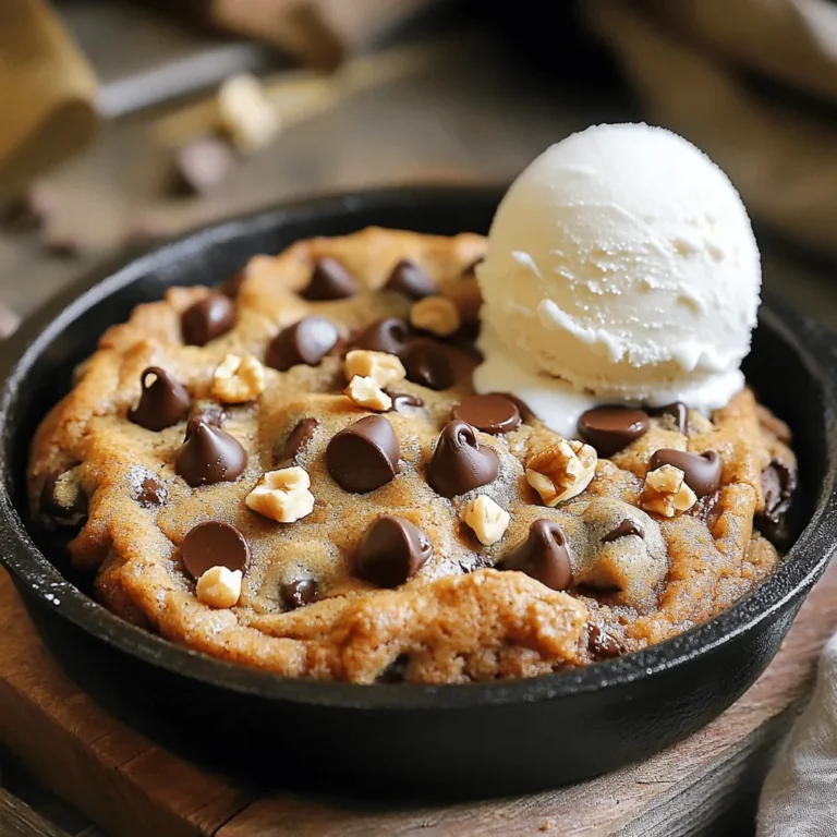 To make a delicious Chocolate Chip Cookie Skillet, gather these simple ingredients: - 1 cup all-purpose flour - 1/2 teaspoon baking powder - 1/4 teaspoon baking soda - 1/4 teaspoon fine sea salt - 1/2 cup unsalted butter, softened - 1/2 cup packed light brown sugar - 1/4 cup granulated sugar - 1 large egg - 1 teaspoon pure vanilla extract - 3/4 cup semi-sweet or dark chocolate chips - 1/4 cup chopped walnuts or pecans (optional) - Vanilla ice cream or whipped cream for serving (optional) To serve 42 people, you will need to adjust the measurements. Here’s the breakdown: - 7 cups all-purpose flour - 3 1/2 teaspoons baking powder - 1 3/4 teaspoons baking soda - 1 3/4 teaspoons fine sea salt - 3 1/2 cups unsalted butter, softened - 3 1/2 cups packed light brown sugar - 1 3/4 cups granulated sugar - 7 large eggs - 7 teaspoons pure vanilla extract - 5 1/4 cups semi-sweet or dark chocolate chips - 1 3/4 cups chopped walnuts or pecans (optional) - Vanilla ice cream or whipped cream for serving (optional) You can make this cookie skillet even better! Here are some fun add-ins to try: - Peanut butter chips for a nutty twist - Shredded coconut for tropical flavor - Dried fruit like cranberries or cherries for sweetness - A sprinkle of sea salt on top for contrast - White chocolate chips for a creamy touch These options let you customize the dish to fit your taste! Remember, these add-ins can change the flavor and texture, so have fun experimenting. For the full recipe, check the earlier section. Start by preheating your oven to 350°F (175°C). Grab a 10-inch cast-iron skillet or any oven-safe skillet. Grease it with a little butter to keep the cookie from sticking. This step is key for a smooth removal later. In a large bowl, cream together the softened butter, light brown sugar, and granulated sugar. Use a hand mixer or a strong whisk. Mix until the blend is smooth and creamy. Next, crack in one large egg and add the pure vanilla extract. Mix well until everything is combined. In another bowl, whisk together the all-purpose flour, baking powder, baking soda, and fine sea salt. Make sure there are no lumps. Gradually add this dry mix into the wet ingredients. Fold gently with a spatula until just combined. Overmixing can make the cookie tough. Now, fold in the chocolate chips and nuts if you want them. Transfer the dough into the greased skillet and spread it evenly. Bake for 25-30 minutes. Look for golden brown edges and a firm center. Once done, take it out and let it cool for about 10 minutes. Serve straight from the skillet or slice it up. Enjoy with vanilla ice cream for a treat! For the full recipe, check out the section above. Baking time is key for your chocolate chip cookie skillet. I bake it at 350°F (175°C). Check it after 25 minutes. You want golden edges and a soft center. If it looks too gooey, give it a few more minutes. Every oven is different, so watch closely to avoid burning. To get the best texture, don’t overmix your dough. Mix until just combined. The butter should be soft but not melted. This helps keep the cookie chewy. Also, let the dough rest for a bit before baking. This makes it easier to scoop and helps the flavors blend. For serving, scoop right from the skillet for a fun vibe. You can also slice it like a pie. Add a scoop of vanilla ice cream on top. A drizzle of chocolate syrup makes it extra special. If you want a crunch, sprinkle some nuts on top. For the full recipe, check the detailed instructions above. {{image_4}} You can mix up the flavor of your Chocolate Chip Cookie Skillet. Try adding peanut butter for a nutty twist. Just replace some of the butter with peanut butter. This change gives a rich taste that pairs well with chocolate. Another great option is coconut. Add shredded coconut for a tropical flavor. Both options bring new life to this classic dish. If you need a gluten-free version, use gluten-free flour. Look for a brand that works well in baking. Replace the all-purpose flour with this blend in the same amount. The results can be just as tasty. You may want to check that your chocolate chips are also gluten-free. This way, you won't miss out on any flavor. Toppings can change how the cookie skillet tastes. Try adding crushed nuts or a sprinkle of sea salt. A drizzle of caramel or chocolate sauce is also delicious. Serve it with vanilla ice cream or whipped cream. You can even top it with fresh fruit for a fun twist. These simple changes elevate your dessert and make it more exciting. For the full recipe, check out the details above. To store leftover cookie skillet, let it cool first. Cover it tightly with plastic wrap or transfer it to an airtight container. This helps keep it fresh. You can store it at room temperature for up to two days. If you want to keep it longer, refrigerate it for up to one week. When reheating your cookie skillet, you have options. For quick reheating, use the microwave. Heat a slice for about 10-15 seconds. For a crispy edge, use the oven. Preheat it to 350°F (175°C) and warm the skillet for about 10 minutes. This keeps that gooey center you love! Freezing the cookie skillet is easy. Cut it into squares before freezing. Wrap each piece in plastic wrap, then place them in a freezer bag. Label the bag with the date. It will stay fresh for up to three months. To enjoy, thaw it in the fridge overnight. Reheat as needed. You won’t lose that delicious flavor! Baking the Chocolate Chip Cookie Skillet takes about 25 to 30 minutes. Keep an eye on it. Look for golden brown edges and a set center. This shows it is ready. If you bake it too long, the cookie may dry out. So, check it a few minutes early. Yes, you can use different types of chocolate! Feel free to mix semi-sweet, dark, or even milk chocolate chips. You can also use white chocolate for a fun twist. Each type adds a unique taste. Try mixing them for extra flavor. The best way to serve a cookie skillet is right from the pan. You can scoop it with a spoon for a rustic look. Alternatively, slice it into wedges for a neater presentation. Top with vanilla ice cream or whipped cream for a tasty treat. Enjoy every gooey bite! For the full recipe, check the detailed steps above. In this blog post, we explored the key ingredients for the perfect Chocolate Chip Cookie Skillet. You learned precise measurements for 42 servings, optional add-ins, and vital baking tips. We covered storage methods and tasty variations to keep things exciting. Make this dessert your own with flavors you love. Enjoy making it and sharing with friends and family! Your cookie skillet can be a fun treat for any occasion.