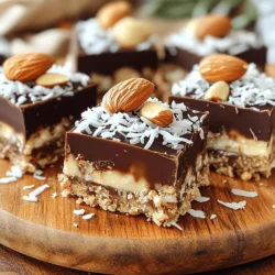 To create your No Bake Almond Joy Bars, you'll need a few simple ingredients. Each one adds a unique taste and texture. Here’s what you need: - 1 cup almond flour - 1 cup shredded unsweetened coconut - 1/2 cup creamy almond butter - 1/4 cup pure maple syrup - 1 teaspoon vanilla extract - 1/2 teaspoon sea salt - 1 cup dark chocolate chips (dairy-free if preferred) - 1/4 cup whole almonds (for topping) These ingredients blend together to form a tasty, chewy treat. Almond flour gives a nutty taste while coconut adds sweetness. The almond butter holds it all together. Maple syrup brings in natural sweetness, and the vanilla adds a warm flavor. Sea salt balances it all out. The dark chocolate on top makes these bars rich and satisfying. Whole almonds give a nice crunch and a beautiful look. You can find this complete recipe in the [Full Recipe]. Gather these ingredients, and you’re set for a delicious treat! 1. Combine dry and wet ingredients in a mixing bowl: Start by adding the almond flour, shredded coconut, creamy almond butter, pure maple syrup, vanilla extract, and sea salt into a large mixing bowl. Use your hands or a spatula to mix these ingredients well. You want them to form a sticky dough that holds together. 2. Press the mixture into a lined baking dish: Next, take an 8x8 inch baking dish and line it with parchment paper. Leave some paper hanging over the edges. This helps you lift the bars out later. Then, press the dough firmly into the bottom of the dish. Use your spatula to smooth the top so it looks nice and even. 3. Melt chocolate for topping: In a small microwave-safe bowl, place your dark chocolate chips. Heat the chocolate in the microwave in 20-second bursts. After each burst, stir the chocolate until it is smooth. Be careful not to heat it too much, or it can burn. 4. Spread melted chocolate and add almonds: Once your chocolate is melted, carefully pour it over the pressed base in the baking dish. Use your spatula to spread the chocolate evenly across the top. Then, take the whole almonds and gently press them into the chocolate layer. Space them out nicely, so they look great on top. After you complete these steps, place the dish in the fridge for at least two hours. This lets the bars chill and the chocolate harden. Once set, lift the bars out using the parchment paper. Cut them into squares or rectangles for serving. For more details, check the Full Recipe. Tips for working with almond butter When using almond butter, make sure it is smooth. A creamy almond butter mixes better with other ingredients. If it is too thick, warm it slightly in the microwave. This will help it blend well into the mix. Best practices for melting chocolate When you melt chocolate, do it slowly. Use a microwave-safe bowl, and heat in short bursts of 20 seconds. Stir the chocolate after each burst. This prevents the chocolate from burning. If you notice lumps, keep stirring until it is smooth. How to achieve the right texture To get the perfect texture, mix the dough until it is sticky but holds together. If it feels too dry, add a tiny bit of almond butter or maple syrup. Press the mixture firmly into the baking dish. This helps the bars hold their shape when cut. For more detailed steps, check out the Full Recipe. {{image_4}} When making No Bake Almond Joy Bars, you can switch things up with fun variations. Here are some creative alternatives to try: - Using different nut butters: Instead of almond butter, use peanut butter or cashew butter. Each nut butter gives a unique flavor and texture. Peanut butter brings a salty touch, while cashew butter offers a creamier feel. - Adding dried fruits or seeds: Mix in dried fruits like cranberries or raisins. You can also add seeds like chia or sunflower for crunch. These additions make the bars even tastier and add extra nutrients. - Making it gluten-free or vegan: To keep these bars gluten-free, stick to almond flour and make sure your chocolate is dairy-free. For a vegan option, use maple syrup instead of honey. This way, everyone can enjoy these delicious treats. Explore these variations to find your favorite twist on the classic recipe. You can create a new favorite in no time! For the full recipe, check out the details above. To store uneaten bars, place them in an airtight container. This keeps them fresh and tasty. You can stack them carefully with parchment paper between layers to prevent sticking. For the best containers, use glass or plastic containers that seal well. Avoid using cheap plastic wrap, as it may not keep air out. A good choice is a food-safe container with a tight lid. The shelf life of these bars is about one week in the fridge. They will stay fresh longer if you freeze them. In the freezer, they last for up to three months. Just remember to wrap them well in plastic wrap before placing them in a freezer bag. This will help maintain their flavor and texture. If you want the full recipe to make these delicious bars, check out the Full Recipe. No, do not use regular flour. Almond flour gives a nutty flavor and a soft texture. It binds well with the other ingredients. Regular flour does not work the same way, and your bars may not hold together. Melt the chocolate in a microwave. Use 20-second intervals to heat it. Stir after each interval. The chocolate should be smooth and shiny. If it looks thick and clumpy, it is overheated. Yes, you can freeze the bars. Wrap them tightly in plastic wrap or foil. Place them in an airtight container. They stay fresh for up to three months. When you want to eat them, thaw them in the fridge for a few hours. For more details on how to create these tasty treats, check the Full Recipe. In this blog post, I shared how to make tasty No Bake Almond Joy Bars. We covered each ingredient needed, step-by-step instructions, and helpful tips for success. You learned about fun variations and how to store your bars properly. These bars are a simple treat for any time. I hope you enjoy making them as much as I do. Dive into your kitchen and create a yummy batch today. Your taste buds will thank you!