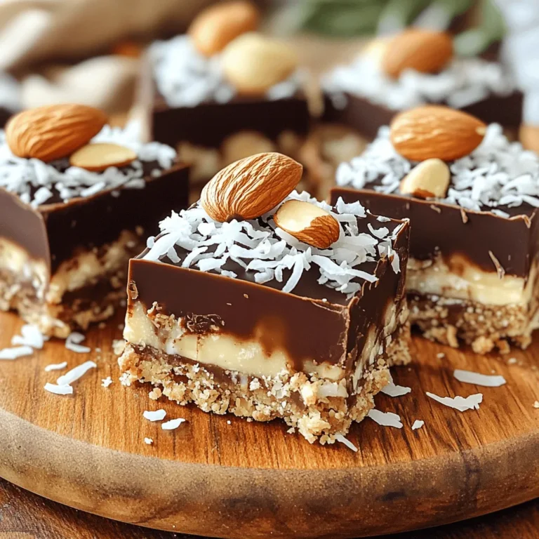 To create your No Bake Almond Joy Bars, you'll need a few simple ingredients. Each one adds a unique taste and texture. Here’s what you need: - 1 cup almond flour - 1 cup shredded unsweetened coconut - 1/2 cup creamy almond butter - 1/4 cup pure maple syrup - 1 teaspoon vanilla extract - 1/2 teaspoon sea salt - 1 cup dark chocolate chips (dairy-free if preferred) - 1/4 cup whole almonds (for topping) These ingredients blend together to form a tasty, chewy treat. Almond flour gives a nutty taste while coconut adds sweetness. The almond butter holds it all together. Maple syrup brings in natural sweetness, and the vanilla adds a warm flavor. Sea salt balances it all out. The dark chocolate on top makes these bars rich and satisfying. Whole almonds give a nice crunch and a beautiful look. You can find this complete recipe in the [Full Recipe]. Gather these ingredients, and you’re set for a delicious treat! 1. Combine dry and wet ingredients in a mixing bowl: Start by adding the almond flour, shredded coconut, creamy almond butter, pure maple syrup, vanilla extract, and sea salt into a large mixing bowl. Use your hands or a spatula to mix these ingredients well. You want them to form a sticky dough that holds together. 2. Press the mixture into a lined baking dish: Next, take an 8x8 inch baking dish and line it with parchment paper. Leave some paper hanging over the edges. This helps you lift the bars out later. Then, press the dough firmly into the bottom of the dish. Use your spatula to smooth the top so it looks nice and even. 3. Melt chocolate for topping: In a small microwave-safe bowl, place your dark chocolate chips. Heat the chocolate in the microwave in 20-second bursts. After each burst, stir the chocolate until it is smooth. Be careful not to heat it too much, or it can burn. 4. Spread melted chocolate and add almonds: Once your chocolate is melted, carefully pour it over the pressed base in the baking dish. Use your spatula to spread the chocolate evenly across the top. Then, take the whole almonds and gently press them into the chocolate layer. Space them out nicely, so they look great on top. After you complete these steps, place the dish in the fridge for at least two hours. This lets the bars chill and the chocolate harden. Once set, lift the bars out using the parchment paper. Cut them into squares or rectangles for serving. For more details, check the Full Recipe. Tips for working with almond butter When using almond butter, make sure it is smooth. A creamy almond butter mixes better with other ingredients. If it is too thick, warm it slightly in the microwave. This will help it blend well into the mix. Best practices for melting chocolate When you melt chocolate, do it slowly. Use a microwave-safe bowl, and heat in short bursts of 20 seconds. Stir the chocolate after each burst. This prevents the chocolate from burning. If you notice lumps, keep stirring until it is smooth. How to achieve the right texture To get the perfect texture, mix the dough until it is sticky but holds together. If it feels too dry, add a tiny bit of almond butter or maple syrup. Press the mixture firmly into the baking dish. This helps the bars hold their shape when cut. For more detailed steps, check out the Full Recipe. {{image_4}} When making No Bake Almond Joy Bars, you can switch things up with fun variations. Here are some creative alternatives to try: - Using different nut butters: Instead of almond butter, use peanut butter or cashew butter. Each nut butter gives a unique flavor and texture. Peanut butter brings a salty touch, while cashew butter offers a creamier feel. - Adding dried fruits or seeds: Mix in dried fruits like cranberries or raisins. You can also add seeds like chia or sunflower for crunch. These additions make the bars even tastier and add extra nutrients. - Making it gluten-free or vegan: To keep these bars gluten-free, stick to almond flour and make sure your chocolate is dairy-free. For a vegan option, use maple syrup instead of honey. This way, everyone can enjoy these delicious treats. Explore these variations to find your favorite twist on the classic recipe. You can create a new favorite in no time! For the full recipe, check out the details above. To store uneaten bars, place them in an airtight container. This keeps them fresh and tasty. You can stack them carefully with parchment paper between layers to prevent sticking. For the best containers, use glass or plastic containers that seal well. Avoid using cheap plastic wrap, as it may not keep air out. A good choice is a food-safe container with a tight lid. The shelf life of these bars is about one week in the fridge. They will stay fresh longer if you freeze them. In the freezer, they last for up to three months. Just remember to wrap them well in plastic wrap before placing them in a freezer bag. This will help maintain their flavor and texture. If you want the full recipe to make these delicious bars, check out the Full Recipe. No, do not use regular flour. Almond flour gives a nutty flavor and a soft texture. It binds well with the other ingredients. Regular flour does not work the same way, and your bars may not hold together. Melt the chocolate in a microwave. Use 20-second intervals to heat it. Stir after each interval. The chocolate should be smooth and shiny. If it looks thick and clumpy, it is overheated. Yes, you can freeze the bars. Wrap them tightly in plastic wrap or foil. Place them in an airtight container. They stay fresh for up to three months. When you want to eat them, thaw them in the fridge for a few hours. For more details on how to create these tasty treats, check the Full Recipe. In this blog post, I shared how to make tasty No Bake Almond Joy Bars. We covered each ingredient needed, step-by-step instructions, and helpful tips for success. You learned about fun variations and how to store your bars properly. These bars are a simple treat for any time. I hope you enjoy making them as much as I do. Dive into your kitchen and create a yummy batch today. Your taste buds will thank you!