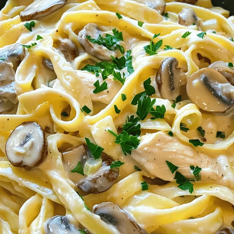 To make Chicken and Mushroom Alfredo, you will need: - 2 boneless, skinless chicken breasts, sliced into thin strips - 8 oz fettuccine pasta - 1 tablespoon olive oil - 2 cups fresh mushrooms, sliced (button or cremini) - 3 cloves garlic, finely minced - 1 cup heavy cream - 1 cup freshly grated Parmesan cheese - 1 teaspoon Italian seasoning - Salt and freshly ground black pepper to taste - Fresh parsley, finely chopped (for garnish) To add a touch of flair to your dish, consider these garnishes: - Extra grated Parmesan cheese - A drizzle of olive oil - Crushed red pepper flakes for heat - Lemon zest for brightness If you want to mix things up, here are some easy swaps: - Use whole wheat or gluten-free pasta instead of fettuccine. - Swap mushrooms for spinach or broccoli for a veggie boost. - Try using half-and-half instead of heavy cream for a lighter sauce. - Replace chicken with shrimp or grilled tofu for a different protein. Feel free to experiment with these ingredients. They can help you create a dish that suits your taste! For the full recipe, check out the complete guide. To start, fill a large pot with water and add salt. Bring it to a boil. When the water bubbles, add the fettuccine. Cook it based on the package instructions until it is al dente, which means it is firm but not hard. This usually takes about 8-10 minutes. After cooking, drain the pasta in a colander, but save about 1/2 cup of the water. This starchy water helps make the sauce creamier later. While the pasta cooks, take a large skillet and heat the olive oil over medium heat. Season the sliced chicken with salt and pepper. Once the oil is hot, add the chicken strips to the skillet. Cook them for about 5-7 minutes, flipping them halfway through. The chicken should be golden brown and fully cooked. After cooking, take the chicken out and place it on a plate to keep warm. In the same skillet, add the sliced mushrooms. Spread them out so they cook evenly. Sauté the mushrooms for about 4-5 minutes until they are browned and tender. Then, add the minced garlic. Cook for another 1-2 minutes, stirring often. You want the garlic to smell good but not burn. Now it’s sauce time! Lower the heat and pour in the heavy cream. Gradually stir in the grated Parmesan cheese and Italian seasoning. Mix until the cheese melts and the sauce is smooth. If the sauce is too thick, add a bit of the reserved pasta water slowly. Keep stirring until you reach your desired creaminess. Next, add the cooked chicken back into the skillet along with the drained fettuccine. Using tongs or a wooden spoon, gently toss everything together. Make sure the pasta and chicken get coated in the rich Alfredo sauce. This step is key for flavor. Remove the skillet from the heat. Taste your dish and adjust the seasoning if needed. You can add more salt and pepper. To make it look nice, sprinkle fresh parsley on top. Serve the creamy Alfredo in shallow bowls. Optionally, add extra Parmesan cheese and a drizzle of olive oil for a lovely finish. Enjoy your Chicken and Mushroom Alfredo! For the full recipe, see the earlier section. To make the creamiest Alfredo sauce, start with heavy cream. It gives the sauce that rich texture we love. Heat the cream gently and add the grated Parmesan cheese slowly. This helps it melt smoothly. If your sauce gets too thick, add a splash of reserved pasta water. This water has starch, which helps the sauce cling to the pasta. When sautéing chicken, use a hot skillet. This helps the chicken brown nicely. Season the chicken with salt and pepper before adding it to the pan. Do not overcrowd the pan; this can make the chicken steam instead of brown. Cook the chicken until it's golden and cooked through, about 5-7 minutes. Always let the chicken rest for a minute after cooking. This keeps it juicy. To boost flavor, add garlic when cooking the mushrooms. It gives a warm, rich taste to the dish. You can also use fresh herbs like thyme or basil to add depth. Italian seasoning works well, but feel free to mix it up. A dash of lemon juice at the end brightens the dish. Remember, balancing flavors is key for a great meal. For more tips, check out the Full Recipe. {{image_4}} You can easily add vegetables to make your Chicken and Mushroom Alfredo more colorful and healthy. Spinach, peas, or broccoli work great here. Just toss in fresh spinach in the last minute of cooking. It wilts quickly and adds a nice green touch. For peas, add them just after the mushrooms are cooked. They only need a few minutes to heat up. Broccoli can be steamed separately or added to the pasta water for the last few minutes. This makes it tender and bright. If you want a twist on the classic recipe, try swapping chicken for shrimp or tofu. Shrimp cooks fast and adds a nice seafood flavor. Just sauté them for 3-4 minutes until they turn pink. For a plant-based option, firm tofu is perfect. Press it to remove extra water, then cube it. Sauté until golden brown for a tasty protein boost. Both options blend well with the creamy sauce and keep it rich and satisfying. If you need a gluten-free version, there are many pasta choices. Look for gluten-free fettuccine made from rice, quinoa, or chickpeas. They cook similarly to traditional pasta. Always check the package for cooking times. These options taste great in the creamy Alfredo and keep your meal delicious and safe for gluten-free diets. You can find many brands in local stores or online. For more details, you can check the Full Recipe for Chicken and Mushroom Alfredo. I love making extra Chicken and Mushroom Alfredo. It tastes even better the next day! To store your leftovers, let the dish cool to room temperature. Then, place it in an airtight container. You can keep it in the fridge for three to four days. Just remember, the cream sauce can thicken as it cools. When you're ready to enjoy your leftovers, you can reheat them easily. Place the Chicken and Mushroom Alfredo in a skillet over low heat. Add a splash of milk or broth to help loosen the sauce. Stir it often until it’s heated through. You can also microwave it. Just cover the bowl with a damp paper towel to keep moisture in. Heat in short bursts, stirring in between. If you want to save some for later, you can freeze it. First, allow the dish to cool completely. Then, pack it in a freezer-safe container. It can stay good for about two months in the freezer. When you’re ready to eat, thaw it overnight in the fridge. Reheat it as mentioned before. Keep in mind that the texture might change a bit. You can use milk or a mix of broth and milk. Choose full-fat milk for a richer taste. Another option is to use cashew cream or a plant-based cream. These alternatives keep the dish creamy and delicious. You can use penne, rigatoni, or spaghetti. Each type adds a unique texture. Choose what you like best or what you have at home. The key is to cook it until al dente for the best bite. Yes, you can prepare the chicken and sauce ahead of time. Store them in the fridge for up to two days. Cook the pasta fresh right before serving for the best texture. Avoid overcooking the pasta; it should be al dente. Also, don’t rush the sauce; let it simmer to blend flavors. Lastly, always season your dish well with salt and pepper for better taste. Reheat it slowly on the stove over low heat. Add a splash of milk or cream to keep it creamy. Stir gently to prevent sticking. Avoid using the microwave, as it can make the sauce grainy. For the detailed process, refer to the Full Recipe. This article covered everything you need for Chicken and Mushroom Alfredo. We discussed key ingredients, step-by-step cooking, and helpful tips. You can make this dish creamy, flavorful, and even adapt it with veggies or protein swaps. Storing and reheating leftovers is simple, too. With the right steps, you can enjoy a delicious meal anytime. Now, grab your ingredients and get cooking. Your kitchen awaits!