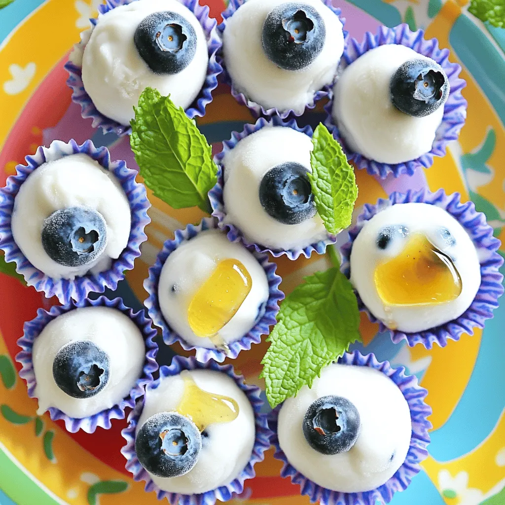 Here’s what you need for your Frozen Blueberry Yogurt Bites: - Fresh blueberries - Greek yogurt - Honey or maple syrup - Vanilla extract - Sea salt - Mini paper cupcake liners or silicone mold These ingredients are simple and easy to find. Fresh blueberries add a burst of flavor and nutrients. Greek yogurt gives a creamy texture and protein. Honey or maple syrup adds sweetness. Vanilla extract gives a nice aroma. A pinch of sea salt balances the flavors. Finally, mini paper cupcake liners or a silicone mold help you shape the bites perfectly. Gather these ingredients before you start. Having everything ready makes the process smooth and fun. Enjoy the ease of making this healthy treat with these simple items! For the full recipe, check out the detailed instructions above. 1. Mixing yogurt and sweeteners Start with a medium bowl. Add 1 cup of plain Greek yogurt. Then, mix in 2 tablespoons of honey or maple syrup. I prefer honey for its rich flavor. Next, add 1 teaspoon of pure vanilla extract and a pinch of sea salt. Stir until smooth and creamy. This step makes the yogurt tasty and rich. 2. Rinsing and drying blueberries Rinse 2 cups of fresh blueberries under cold water. Gently pat them dry with a paper towel. This helps remove dirt and excess moisture. Dry blueberries hold up better in the yogurt. 3. Preparing molds or muffin tin Grab a mini muffin tin. Line it with mini paper cupcake liners. If you prefer, use a silicone mold for easy removal. Both options work well. They help keep the yogurt bites intact. 4. Filling the molds Place a few blueberries in each liner or mold cavity. Try to spread them evenly. This ensures every bite gets a burst of blueberry flavor. Then, spoon the yogurt mixture over the blueberries. Fill each liner until it is about three-quarters full. 5. Freezing the yogurt bites Smooth the tops of each yogurt bite with the back of your spoon. Make sure all blueberries are covered. Now, place the filled muffin tin or mold in the freezer. Let it freeze for at least 4 hours. You want the yogurt bites to be solid. Once frozen, you can enjoy these delicious treats! For more details, check out the Full Recipe. To make your Frozen Blueberry Yogurt Bites perfect, pay attention to these tips: - Achieving a creamy consistency: Start with cold Greek yogurt. Mix it with honey, vanilla, and salt until smooth. Whisking helps blend the ingredients well. This makes your bites creamy and delicious. - Ensuring even blueberry distribution: Use a mini muffin tin or silicone mold. Add a few blueberries to each compartment first. This way, every bite gets blueberries. Then, pour the yogurt mix over them. Make sure to fill each one evenly. - Troubleshooting common issues: If your yogurt bites are too icy, it could be from freezing too long. Try freezing them for just 4 hours. If they stick to the liners, let them sit at room temp for a few minutes before removing. This will help them come out easier. How you serve your bites can make them even more appealing: - Arranging and serving suggestions: Place the frozen yogurt bites on a colorful platter. This brightens up the table. You can also stack them for a fun look. - Garnishing ideas: Add fresh mint leaves on top. This not only looks nice but also gives a refreshing scent. You can also sprinkle some crushed nuts for added texture. These tips will help you create tasty and eye-catching frozen treats that everyone will love! For the recipe, check the Full Recipe. {{image_4}} You can make Frozen Blueberry Yogurt Bites even more fun by changing the flavors. Try adding different fruits like strawberries or raspberries. They bring a new taste and color. You can also experiment with flavored yogurts. Choose vanilla, lemon, or coconut to mix it up. If you like a crunchy bite, add nuts or seeds. Almonds or chia seeds work well. They add texture and extra nutrition. If you want to cut back on sugar, use alternative sweeteners. Options like stevia or agave syrup can be great. They sweeten without adding too many calories. You can also use dairy-free yogurt options. Almond, coconut, or soy yogurt can replace Greek yogurt. This makes the treat friendly for those who avoid dairy. These variations keep your Frozen Blueberry Yogurt Bites healthy and tasty! For the full recipe, check out the Frozen Blueberry Yogurt Bites. To keep your Frozen Blueberry Yogurt Bites fresh, use an airtight container. This will protect them from freezer burn and keep them tasty. I recommend using a container that seals well. You can also use freezer bags. Just remember to remove as much air as you can before sealing. These yogurt bites can last in the freezer for up to two months. After that, they may lose flavor and texture. Make sure to label your container or bag with the date. This helps you track how long they have been stored. When you want to enjoy your Frozen Blueberry Yogurt Bites, simply take out the number you need. Place them in the fridge for about 30 minutes to defrost. This keeps them cool and prevents them from getting too soft. You can also leave them at room temperature for 10-15 minutes if you want a faster option. After thawing, serve the yogurt bites on a pretty plate. You can add fresh mint for extra color and flavor. They make a great snack or dessert. Trust me, they are delicious! Frozen Blueberry Yogurt Bites can last up to two months in the freezer. To keep them fresh, store them in an airtight container. This helps prevent freezer burn and keeps the flavors intact. Yes, you can use frozen blueberries! Just rinse them under cold water before adding them to the yogurt mixture. Frozen blueberries may release more juice, which can change the texture slightly, but they still work well. Greek yogurt is high in protein, which helps you feel full. It also contains probiotics, which are good for your gut health. Plus, it has less sugar than regular yogurt, making it a healthier option. Absolutely! You can prepare these bites a few days in advance. Just freeze them well and take them out shortly before serving. They make a fun and healthy treat for any gathering. You can find pre-made Frozen Blueberry Yogurt Bites in many grocery stores. Look in the frozen dessert aisle. However, making them at home is easy and lets you control the ingredients. For the full recipe, check out the earlier sections! You now have all you need to make delicious frozen blueberry yogurt bites. We covered the best ingredients, easy steps, and how to perfect your treats. I shared tips on storing and serving them too. These bites are simple, healthy, and fun. You can customize them to fit your taste. Enjoy making them for yourself, friends, or family. Get creative, and have fun with your new snack!