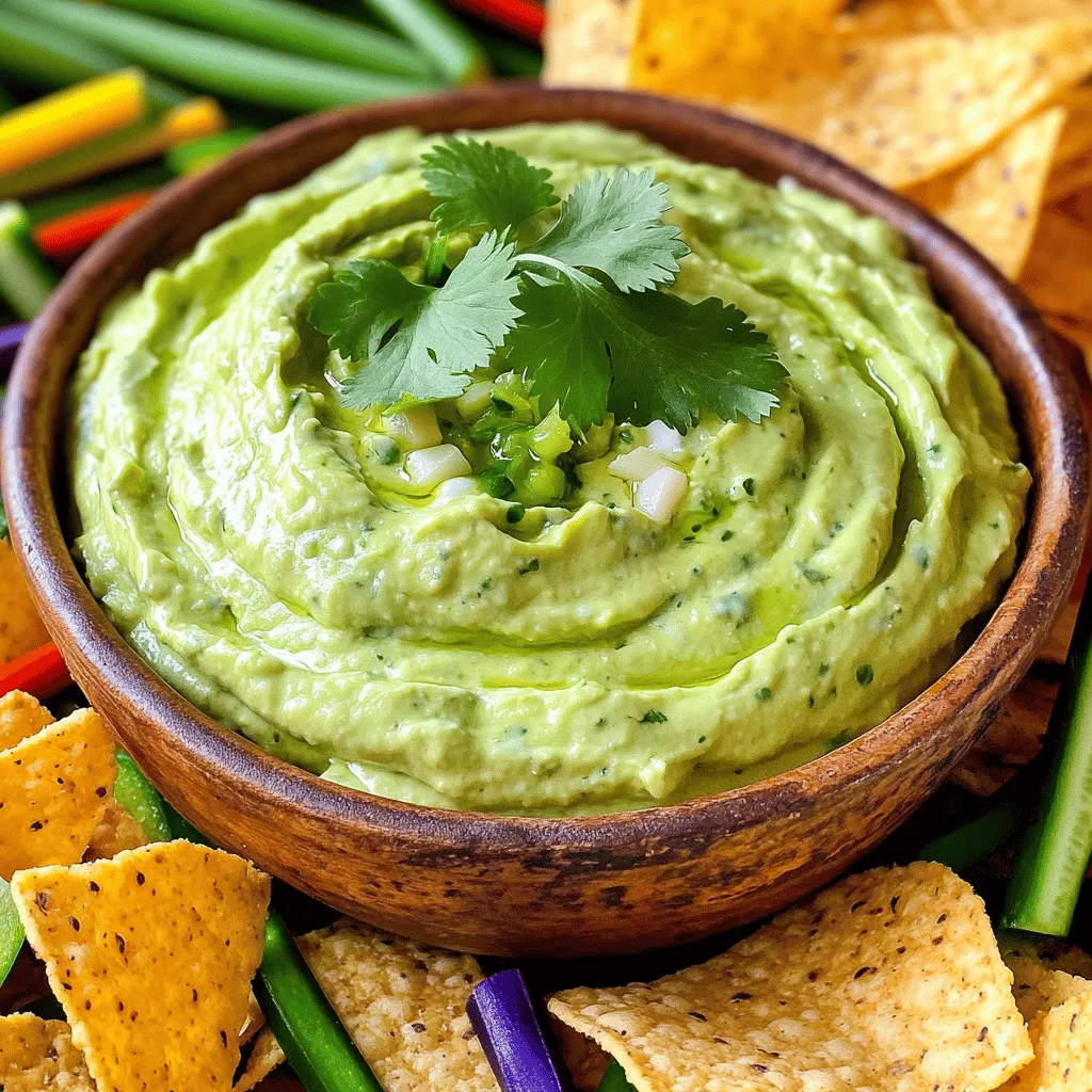 To make a delightful Creamy Jalapeno Avocado Dip, gather these fresh ingredients: - 2 ripe avocados - 1/2 cup Greek yogurt - 1 small jalapeno, seeds removed and finely minced - 2 cloves garlic, finely minced - 1 tablespoon fresh lime juice - 1/4 teaspoon ground cumin - Salt and freshly cracked black pepper, to taste - 2 tablespoons fresh cilantro, finely chopped (optional for garnish) - Tortilla chips or an assortment of fresh vegetable sticks for serving These ingredients create a smooth, creamy dip that packs a flavorful punch. The ripe avocados give the dip its rich texture, while Greek yogurt adds creaminess and a bit of tang. The jalapeno brings heat, balanced nicely by the fresh lime juice. The garlic adds depth, and cumin rounds out the flavor profile. Don't forget the salt and pepper! They enhance all the other tastes. For a touch of freshness, you can add cilantro as a garnish. This dip pairs well with crunchy tortilla chips or fresh veggie sticks. You can find the full recipe above to guide you through the steps. Enjoy making this simple, yet tasty dip! To start, you need to slice and scoop the avocados. Take a ripe avocado and cut it in half. Make sure you cut it lengthwise. Then, use a spoon to gently scoop out the green flesh into a mixing bowl. Now, let's talk about the pit. To remove it safely, hold the avocado half in one hand. Carefully tap the pit with the knife's blade. Twist the knife slightly to release the pit. This method keeps your fingers safe from cuts. Next, you will combine the yogurt, jalapeno, and garlic in your bowl. Add the Greek yogurt first; it gives a creamy base. Then, mix in the finely minced jalapeno and garlic. The jalapeno adds spice, while the garlic gives a nice kick. Lime juice is very important here. It brightens the flavors and keeps the avocados from browning. Season with salt and freshly cracked black pepper. Taste as you go to find the right balance. For the right texture, you can choose mashing or blending. If you want a chunky dip, use a fork to mash the ingredients together. For a smoother dip, use a food processor. Always taste your dip as you go. If it needs more seasoning, just add a bit more salt or lime juice. Adjust until it tastes just right. This step is key to making it delicious! You can find the full recipe in the earlier section. Enjoy your creamy jalapeno avocado dip with tortilla chips or veggie sticks! To make your Creamy Jalapeno Avocado Dip shine, focus on presentation. Use a bright bowl to hold the dip. Surround it with crispy tortilla chips and colorful vegetable sticks. This not only looks great but invites everyone to dig in. For a fun twist, serve the dip in small cups for individual servings. It adds a personal touch and keeps things neat. You can serve this dip right after making it. The fresh flavors taste best when enjoyed immediately. If you make it ahead, chill it in the fridge for about 30 minutes. This helps the flavors blend nicely. Just remember to stir it well before serving. Want to change up the flavor? Try adding spices like smoked paprika or cayenne pepper. You could also mix in fresh herbs like dill for a different taste. For garnish, use a few slices of jalapeno or a sprinkle of chili flakes. These little touches make your dip not only tasty but also visually appealing. For the Full Recipe, check the main article. Enjoy making this dip your own! {{image_4}} You can make this dip even better with some fun add-ins. Try adding: - A pinch of smoked paprika for a deep flavor. - A tablespoon of diced red onion for crunch. - A sprinkle of feta cheese for a creamy touch. You can also switch the Greek yogurt. Use sour cream or a plant-based yogurt for a twist. Want a vegan dip? Use plant-based yogurt instead of Greek yogurt. This keeps it creamy and tasty. For nut-free options, skip any nuts. The recipe is naturally gluten-free, so you’re all set! Adjusting heat is easy. For a milder dip, use less jalapeno or remove the seeds. If you want more heat, add more minced jalapeno. You can also try adding: - A dash of hot sauce. - A sprinkle of cayenne pepper for extra kick. These changes let you find the perfect balance for your taste. For the full recipe, check out the details above! To keep your creamy jalapeno avocado dip fresh, store it in an airtight container. This helps prevent air from spoiling the flavors. In the fridge, it lasts about 2 to 3 days. Always check for freshness before serving. Can you freeze creamy dips? Yes, but it can change the texture. If you want to freeze it, place the dip in a freezer-safe container. Leave some space at the top for expansion. When you want to use it, thaw it in the fridge overnight. Stir it well before serving to restore some creaminess. Look for a change in color or a sour smell. These are signs that the dip has gone bad. If it looks brown or smells off, it’s best to toss it. To maintain freshness, always use clean utensils when serving. Store any leftovers right away. For the full recipe, check the main article. Yes, you can make this dip ahead of time. Prepare it, then store it in an airtight container. For best flavor, chill it in the fridge. This keeps it fresh and tasty. If you make it a day early, that works great too! You can use sour cream or plain yogurt instead of Greek yogurt. If you're dairy-free, try coconut yogurt. It gives a nice creamy taste without the dairy. This dip has a mild to medium heat. The jalapeno adds a nice kick. If you want it less spicy, remove the seeds and membranes. For more heat, add another jalapeno or a splash of hot sauce. Yes, this dip is healthy! Avocados provide healthy fats, and Greek yogurt adds protein. Fresh ingredients like lime and cilantro boost vitamins. Enjoy it guilt-free! Absolutely! You can serve the dip with fresh veggie sticks, like carrots or celery. Pita bread or crackers work well too. Get creative and use whatever you like! Each serving has about 120 calories. It serves 4-6 people. This dip is a healthy choice for parties or snacks. For the full recipe, check the recipe section above. This blog post shared all you need to know about Creamy Jalapeno Avocado Dip. We explored the ingredients, preparation steps, and tips for serving. I offered ideas for variations to make this dip suit any taste. Plus, we learned how to store it properly. With this guide, you can easily whip up a delicious dip that impresses your friends. Enjoy trying out new flavors and sharing this dish at your next gathering!