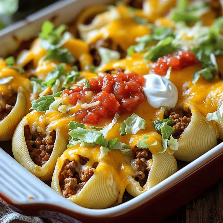 To make crispy taco stuffed shells, gather these key ingredients: - 12 jumbo pasta shells - 1 lb ground beef (or ground turkey) - 1 tablespoon taco seasoning - 1 can (15 oz) refried beans - 1 cup salsa (divided) - 1 cup shredded cheddar cheese - 1 cup shredded lettuce - 1 medium tomato, diced - 1/2 cup sour cream - 2 tablespoons olive oil - Salt and pepper to taste Feel free to customize your shells with these options: - Black beans for added fiber - Corn for sweetness and crunch - Ground chicken or plant-based meat for protein - Pepper jack cheese for a spicy kick - Avocado for creaminess - Cilantro for freshness Having the right tools makes cooking easier. Use these: - Large pot for boiling pasta - Skillet for cooking the meat - Baking dish for assembling the shells - Spoon for stuffing the shells - Mixing bowl for combining ingredients - Foil to cover the baking dish These ingredients and tools will help you create a dish that is both fun and tasty. Check out the Full Recipe for all the steps! First, gather all your ingredients. You will need: - 12 jumbo pasta shells - 1 lb ground beef (or ground turkey) - 1 tablespoon taco seasoning - 1 can (15 oz) refried beans - 1 cup salsa (divided) - 1 cup shredded cheddar cheese - 1 cup shredded lettuce - 1 medium tomato, diced - 1/2 cup sour cream - 2 tablespoons olive oil - Salt and pepper to taste Once you have everything, wash the tomato and lettuce. Dice the tomato into small pieces. Shredding the lettuce makes it easy to top the shells later. This step helps in building layers of flavor. Now, let's cook. Start by preheating your oven to 375°F (190°C). Fill a large pot with water, add a pinch of salt, and bring it to a boil. Carefully add the jumbo pasta shells. Cook according to package instructions until they are al dente. This usually takes around 8-10 minutes. Once cooked, drain the shells and set them aside to cool. While the pasta cools, heat a large skillet over medium heat. Add the olive oil and then the ground beef (or turkey). Cook for about 5-7 minutes until the meat is browned and fully cooked. Next, lower the heat. Stir in the taco seasoning and refried beans. Mix well and let it cook for another 2-3 minutes. This ensures all the flavors blend nicely. Now comes the fun part: assembly! In a baking dish, spread half of the salsa on the bottom. This helps prevent sticking and adds flavor. Take each pasta shell and fill it with the beef mixture using a spoon. Place all the stuffed shells seam-side up in the baking dish. Once they are all in, drizzle the remaining salsa over the top. Finish by sprinkling the shredded cheddar cheese evenly on top. Cover the dish tightly with foil. Put it in the oven and bake for 20 minutes. After that, remove the foil and bake for another 10 minutes. This will make the cheese melt and get bubbly. Once done, take it out of the oven and let it cool for a few minutes. Serve the shells topped with fresh shredded lettuce, diced tomatoes, and a dollop of sour cream. Enjoy your crunchy taco stuffed shells! If you want the full recipe, you can find it in the earlier section. To make the filling tasty, use quality meat. I like ground beef or turkey. Add taco seasoning to boost the flavor. You can also mix in chopped onions or bell peppers for extra crunch. Don’t forget to season well with salt and pepper. For a rich taste, use refried beans. They add creaminess and help bind the filling. For a crispy top, bake the shells uncovered for the last 10 minutes. This step lets the cheese get bubbly and slightly golden. If you want even more crunch, broil the shells for 1-2 minutes at the end. Just watch them closely to avoid burning. Using a bit of olive oil on top can help too. It adds flavor and promotes browning. Serve the crispy taco stuffed shells in colorful bowls. Top them with fresh lettuce, diced tomatoes, and sour cream. Add avocado slices for creaminess or lime zest for a bright flavor. You can also sprinkle chopped cilantro for a fresh finish. For a fun twist, serve with tortilla chips on the side for extra crunch. Try out the Full Recipe for a delicious experience! {{image_4}} To make a vegetarian or vegan version, swap the meat for lentils or black beans. Cook them with taco seasoning for flavor. Use a vegan cheese that melts well. This keeps the taste rich while making it plant-based. You can also add more veggies like bell peppers or corn for extra crunch. For a gluten-free option, use gluten-free pasta shells. Check labels on taco seasoning and salsa to ensure they are gluten-free. You can also use quinoa or rice as a filling base instead of pasta. Both add nice texture and absorb flavors well. Mix up the cheese by trying pepper jack or Monterey Jack for a spicy kick. You can also use vegan cheese if you prefer. For toppings, consider avocado slices, cilantro, or diced jalapeños for added flavor. A squeeze of lime juice can brighten the dish, too. Customize these crunchy taco stuffed shells to suit your taste! Check out the Full Recipe for more ideas. Once you finish your crispy taco stuffed shells, let them cool. Place any leftovers in an airtight container. Store them in the fridge for up to three days. For best results, keep the layers separate if you can. This helps keep the shells from getting too soggy. To reheat the stuffed shells, preheat your oven to 350°F (175°C). Place the shells in a baking dish and cover them with foil. Heat for about 15-20 minutes. This keeps them warm and crispy. You can also use the microwave. Simply place a few shells on a microwave-safe plate. Cover with a damp paper towel and heat for 1-2 minutes, checking often. If you want to freeze the shells, follow these steps. First, let them cool completely. Then, wrap each shell tightly in plastic wrap. Place the wrapped shells in a freezer-safe bag or container. They can last up to three months in the freezer. When ready to eat, thaw them in the fridge overnight. Reheat as mentioned above. Enjoy your meal again with ease! To make your crispy taco stuffed shells spicier, add more taco seasoning. You can also mix in chopped jalapeños or diced green chilies. If you like heat, use spicy salsa instead of mild. You could even add hot sauce to the meat mixture for an extra kick. Adjust the heat to fit your taste! Yes, you can use many types of meat. Ground turkey or chicken works well as a leaner option. If you prefer, try using shredded beef or pork for a different flavor. For a meatless option, consider using black beans or lentils. Each choice will give your dish a unique twist! Crispy taco stuffed shells pair well with many sides. A fresh salad with avocado and lime adds a nice touch. You can also serve tortilla chips and salsa for a crunchy snack. For a heartier meal, try cilantro rice or Mexican corn on the cob. These sides will enhance your meal and make it even more enjoyable! This blog post covered the key ingredients and tools to make crispy taco stuffed shells. I shared step-by-step instructions for cooking and assembling your dish. Tips helped you perfect the flavor and texture, while variations offered ideas for special diets. I also explained how to store leftovers properly. In conclusion, have fun experimenting with flavors and ingredients. Enjoy your tasty creation with family and friends!