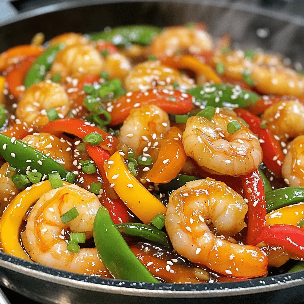 - 1 pound large shrimp, peeled and deveined - 2 tablespoons honey - 3 tablespoons low-sodium soy sauce - 1 cup bell peppers, julienned (colorful mix: red, yellow, green) - 1 cup snap peas, trimmed and rinsed - 1 small onion, thinly sliced - 3 cloves garlic, finely minced - 1 tablespoon fresh ginger, finely grated - 2 tablespoons sesame oil - 1 tablespoon vegetable oil - Salt and freshly ground black pepper to taste - 2 green onions, chopped (for garnish) - Sesame seeds (for garnish) The ingredients for Honey Garlic Shrimp Stir Fry are simple yet powerful. When choosing shrimp, I recommend large, fresh ones for the best taste. The honey and soy sauce create a sweet and savory sauce that makes the dish shine. The colorful bell peppers and snap peas not only add crunch but also brighten the plate. Don't forget the aromatics! Garlic and ginger bring warmth and depth to every bite. The sesame oil adds a wonderful nutty flavor, while the green onions and sesame seeds make for pretty garnishes. This dish is a feast for the eyes and the taste buds. For the full recipe, check out the details above! - Whisk together honey, soy sauce, minced garlic, and grated ginger in a small bowl. - Set the sauce aside to allow flavors to meld. This step builds a rich taste that will coat the shrimp and veggies beautifully. - Heat vegetable oil in a large skillet or wok over medium-high heat. - Add shrimp in a single layer, seasoning with salt and pepper. - Sauté for about 2-3 minutes until shrimp are pink and opaque; remove and set aside. This quick cooking brings out the shrimp's sweet flavor. - Drizzle sesame oil in the same skillet and heat. - Add sliced onion, julienned bell peppers, and snap peas to the skillet. - Stir-fry for approximately 3-4 minutes until vegetables are tender-crisp. This keeps them bright and crunchy, adding a nice texture. - Return cooked shrimp to the skillet and pour honey garlic sauce over the mixture. - Stir-fry for an additional 2 minutes to allow the sauce to coat evenly. This step makes each bite burst with flavor. - Remove from heat and garnish with green onions and sesame seeds. - Serve immediately over cooked rice or noodles, if desired. This adds a hearty base, making your meal complete. For the full recipe, check out the details provided above. When you pick shrimp, aim for large, fresh ones. Wild-caught shrimp usually taste better. You want shrimp that are peeled and deveined. This makes cooking easier and saves you time. Stir-frying works best at high heat. This keeps your shrimp and veggies crisp and bright. Always keep the ingredients moving in the pan. This helps them cook evenly. I also suggest pre-cutting all your ingredients. It saves time and makes cooking smooth. For more flavor, marinate your shrimp in the sauce. Let them sit for 15 to 30 minutes before cooking. It makes a big difference. You can also add a splash of lime juice just before serving. This adds a refreshing kick to your dish. For the full recipe, check out the Honey Garlic Shrimp Stir Fry recipe above. {{image_4}} You can swap shrimp for chicken, beef, or tofu. Each protein brings its own flavor. If you use chicken or beef, cook them longer until they are fully done. Tofu cooks quickly and adds a nice texture. Always make sure to cut proteins into small, even pieces for quick cooking. Feel free to mix in other veggies like broccoli, carrots, or zucchini. This will boost the meal's nutrition. Fresh, seasonal vegetables taste best. You can try different colors, too, for a vibrant dish. Just remember to cut the veggies into similar sizes for even cooking. If you like heat, add red pepper flakes or a splash of sriracha. This gives the dish a spicy kick that many enjoy. You can also tweak the sweetness by changing the amount of honey. Similarly, adjust the soy sauce for more or less saltiness. Finding the right balance makes each bite delicious. After you enjoy your Honey Garlic Shrimp Stir Fry, let it cool down first. This helps keep it fresh. Next, transfer the stir-fry to an airtight container. You can store it in the refrigerator for up to 3 days. This way, you can savor your meal later without losing flavor. If you want to save your stir-fry for a longer time, freezing is a great option. Divide the stir-fry into portions. Make sure to remove all the air from the bag or container before sealing it. You can store it in the freezer for up to 1 month. This keeps the taste and texture just right for your next meal. When you're ready to enjoy your leftovers, reheating is simple. For the best texture, heat it in a skillet over medium heat. This way, it warms evenly. If you prefer using a microwave, that works too. Heat for 1-2 minutes, stirring halfway through. This ensures everything warms up nicely. Yes, just ensure the shrimp are fully thawed before cooking for even results. Frozen shrimp can save time and still taste great. To thaw shrimp, place them in a bowl of cold water for about 15-20 minutes. This keeps the shrimp from cooking too fast when you stir-fry. It pairs excellently with rice, noodles, or steamed vegetables. White rice works well, but brown rice adds a nutty flavor. Noodles can add a fun twist, and steamed veggies boost nutrition. You can mix and match to fit your taste. Use gluten-free soy sauce or tamari for a gluten-free version. Check labels to avoid wheat. This swap keeps all the tasty flavor without gluten. You won’t lose any of the sweet and savory taste that makes this dish special. For a full recipe, check out the details earlier in this article! This blog post covered a simple and tasty honey garlic shrimp stir-fry. You learned about the main ingredients, cooking techniques, and variations to try. Using fresh shrimp and vibrant veggies boosts flavor and nutrition. Remember, stir-frying quickly keeps everything crisp. Feel free to swap proteins or add spices to match your taste. With leftovers, proper storage keeps your meals fresh. Enjoy making this dish and share it with family and friends!