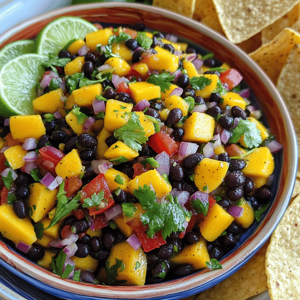 For a great Mango Black Bean Salsa, you need these main ingredients: - 1 ripe mango, diced into small cubes - 1 can (15 oz) black beans, thoroughly rinsed and drained - 1 red bell pepper, finely diced - 1 small red onion, finely chopped - 1 jalapeño pepper, deseeded and minced - 1/4 cup fresh cilantro leaves, coarsely chopped - Juice of 2 limes, freshly squeezed These ingredients form the heart of the salsa. The sweet mango pairs well with the hearty black beans. The red bell pepper adds a nice crunch, while the onion and jalapeño give it a kick. You can customize your salsa with these optional add-ins: - Avocado, diced - Corn, fresh or frozen - Chopped green onions - Diced tomatoes Adding these ingredients can enhance the flavor and texture. For a creamy touch, add avocado. Corn brings sweetness, while tomatoes add freshness. To bring everything together, use these seasoning essentials: - Salt and freshly cracked black pepper, to taste - 1 tablespoon extra virgin olive oil - 1 teaspoon ground cumin These seasonings balance the flavors. The salt and pepper enhance each bite, while olive oil adds richness. Ground cumin brings a warm, earthy taste that ties it all together. For the full recipe, click here. Start by gathering your fresh ingredients. You will need a ripe mango, black beans, a red bell pepper, red onion, and a jalapeño. Dice the mango into small cubes. Rinse and drain the black beans well. Finely chop the red bell pepper and red onion. For the jalapeño, remove the seeds and mince it if you want less heat. Lastly, coarsely chop the fresh cilantro. In a small bowl, whisk together the freshly squeezed juice from two limes, extra virgin olive oil, and ground cumin. Add a pinch of salt and cracked black pepper. Whisk until the dressing becomes smooth and well blended. This adds great flavor to your salsa. In a large mixing bowl, combine all your fresh ingredients. Pour the dressing over the mixture. Gently fold everything together so the mango stays intact. Taste the salsa and adjust the seasoning if needed. Cover the bowl and chill in the fridge for at least 30 minutes. This helps the flavors blend nicely. When ready to serve, give it another gentle toss and enjoy! For the full recipe, check out the details above. To cut a mango, start with a ripe one. Look for one that feels soft. Place the mango upright on a cutting board. Use a sharp knife to slice down along the pit. You will get two large halves. Next, cut each half into cubes. Use a spoon to scoop out the cubes. This method avoids mushy mango and gives you nice pieces. For extra flavor, add diced avocado for creaminess. You can also mix in some diced pineapple for sweetness. A pinch of chili powder will add a nice kick too. Fresh lime juice brightens the salsa. If you like a zesty flavor, add more lime juice to taste. You can also try fresh herbs, like basil or mint, for a twist. Serve the salsa with tortilla chips for a crunchy snack. It pairs well with grilled chicken or fish. You can also use it as a topping for tacos or burritos. For a fun twist, put it on a salad for extra flair. Don't forget to garnish with lime wedges and cilantro for a pop of color. Check the full recipe for more ideas! {{image_4}} If you love heat, add more jalapeños. Start with one extra, diced finely. If you want even more spice, leave some seeds in. This adds a great kick to the salsa. You can also try other hot peppers, like serrano or habanero. Just remember to taste as you go. For a fun twist, mix in fresh pineapple. Chop it into small pieces, just like the mango. The sweetness of the pineapple works well with the black beans. It adds a juicy burst of flavor. You can use canned pineapple if fresh isn't available. Just drain it well before adding. Not a fan of black beans? No problem! You can swap them out for chickpeas or pinto beans. Both options add a nice texture. If you want a lighter option, try using quinoa. It gives a unique flavor and a boost of protein. Each choice brings its own fun twist to this salsa. For a full recipe, check out the detailed steps I provided above. Store your leftover mango black bean salsa in an airtight container. This keeps it fresh. Make sure to press out any air before sealing. If you have extra lime juice, add a little to help preserve the flavor. In the refrigerator, mango black bean salsa lasts about 3 to 5 days. After that, the freshness fades. Always check for any off smells or changes in color before eating. If it looks or smells odd, it's best to throw it out. Freezing salsa is a great option if you have too much. Use a freezer-safe container, leaving some space for expansion. Salsa can stay good in the freezer for about 2 to 3 months. When ready to use, thaw it in the fridge overnight. The texture may change slightly, but the flavor stays delicious. For a full recipe that will guide you through making this tasty dish, check the complete instructions above. To add heat, use more jalapeño. You can also add diced serrano peppers. For extra kick, try a pinch of cayenne pepper. Taste after each addition so it fits your spice level. You want the heat to balance the sweetness of the mango. Yes, you can use canned mango. Make sure it is in juice, not syrup. Drain it well and dice it into small pieces. Canned mango may be softer, which can change the salsa's texture. Fresh mango gives a nice crunch and bright flavor. This salsa works great with grilled chicken or fish. Serve it on tacos or burritos for a fresh twist. You can also use it as a tasty dip with tortilla chips. It adds a colorful touch to salads or rice bowls, too. For a complete meal, serve it alongside quinoa or couscous. Check out the Full Recipe for more serving ideas! Mango Black Bean Salsa is fresh, tasty, and easy to make. We covered the main ingredients, helpful tips, and how to adjust flavors to your liking. You can even store leftovers or freeze some for later. Remember, you can customize it to fit your taste. Whether you add spice or mix in fruit, have fun with it! This salsa pairs well with many dishes and is perfect for sharing. Enjoy making it and delight in the flavors you create!