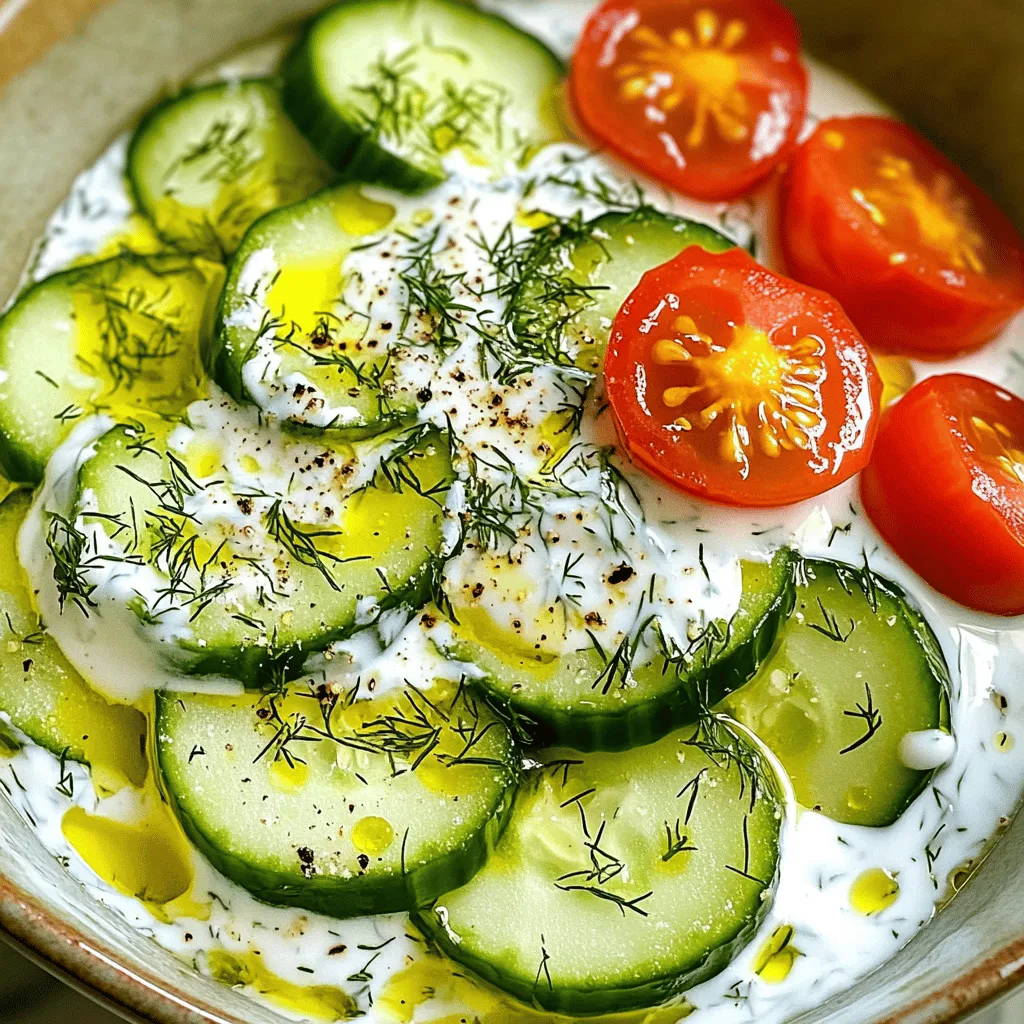 - 3 medium cucumbers, thinly sliced - 1 cup plain Greek yogurt - 2 tablespoons fresh dill, finely chopped - 1 tablespoon fresh lemon juice - 1 teaspoon garlic powder - 1 teaspoon sea salt - ½ teaspoon freshly ground black pepper - ½ small red onion, thinly sliced - 1 tablespoon extra virgin olive oil - Optional: cherry tomatoes, halved, for garnish When I create a Cucumber Dill Salad, I focus on fresh and simple ingredients. The cucumbers add a crisp bite. They are the star of this dish, so choose firm ones. I prefer medium-sized cucumbers for the best flavor and texture. Next, I use plain Greek yogurt as the base. It gives a creamy taste without being too heavy. The yogurt also adds protein, making the salad more filling. Fresh dill is key for flavor. It adds a bright, herbal note that lifts the dish. Lemon juice brings a zesty twist. It balances the creaminess of the yogurt nicely. For the seasonings, I add garlic powder, sea salt, and black pepper. They enhance the overall flavor without overpowering it. I also add red onion for a bit of bite. It pairs well with the cool cucumbers and creamy dressing. A drizzle of extra virgin olive oil adds richness. For a finishing touch, you can use cherry tomatoes. They add a pop of color and sweetness. This salad is not only refreshing but also very easy to make. Check out the Full Recipe for all the details! Start by mixing your yogurt with the herbs and seasonings. In a large bowl, add 1 cup of plain Greek yogurt. Then, toss in 2 tablespoons of finely chopped fresh dill, 1 tablespoon of fresh lemon juice, 1 teaspoon of garlic powder, 1 teaspoon of sea salt, and ½ teaspoon of freshly ground black pepper. Use a whisk to blend everything. Your goal is to achieve a smooth and creamy consistency. This dressing will be the star of your salad! Now it's time to bring in the main ingredients. Carefully fold in the thinly sliced cucumbers and ½ small red onion. Make sure each piece is coated evenly with the dressing. This step is key to ensuring every bite bursts with flavor. Once combined, drizzle 1 tablespoon of extra virgin olive oil over the top. Gently toss again to make sure it's evenly distributed throughout the salad. Chilling your salad is very important. Cover the bowl and let it sit in the fridge for at least 15 minutes. This time allows the flavors to meld together beautifully. Before serving, give the salad another gentle stir. Taste it to see if you need to adjust the seasoning. You want it to be just right! Enjoy your fresh and flavorful cucumber dill salad as a perfect side dish. For the full recipe, check out the details above. Letting the salad rest is key for great taste. After you mix it, cover it and chill it for at least 15 minutes. This wait allows flavors to blend and deepen. The yogurt dressing absorbs the fresh dill and lemon juice. You create a rich, tangy flavor that is so refreshing. Balancing acidity is vital too. A tablespoon of lemon juice brightens the dish. It cuts through the creaminess of the yogurt. This balance makes every bite pop with flavor. Adjust the lemon juice to fit your taste. Serving in a chilled bowl makes a big difference. A cold bowl keeps the salad fresh and appealing. It adds a nice touch that makes your dish look special. When guests see it, they will want to dig in right away. Garnishing adds to the beauty of your salad. Halved cherry tomatoes bring vibrant color. Sprinkling extra dill on top elevates the look. This simple touch makes your dish not just tasty, but also lovely to see. You can adjust the seasoning to fit your taste. If you like it saltier, add more sea salt. If you prefer a bit of heat, try a pinch of red pepper flakes. This salad is flexible and can match your flavor preferences. Exploring different herbs can add fun twists. Try using parsley or mint for a new flavor. Each herb will change the salad’s vibe. Mix it up and find your favorite combo! For the full recipe, check out the Crispy Cucumber Dill Delight. {{image_4}} You can make this Cucumber Dill Salad more filling by adding protein. Grilled chicken works well. It adds great flavor and texture. Chickpeas are a tasty, plant-based option. Both choices boost the salad's protein content and make it more satisfying. Protein is key for energy and muscle health. Adding it to your salad makes a complete meal. You can switch things up by using sour cream instead of yogurt. Sour cream gives a rich taste. It can make the salad creamier and richer. You can also try different types of cucumbers. English cucumbers are longer, with fewer seeds. Persian cucumbers are smaller and sweeter. Each type adds its own twist to the dish. This salad shines with seasonal ingredients. In summer, you can add bell peppers for crunch and color. They bring a sweet taste that pairs well with cucumber. You can also try adding fresh corn or zucchini. Using seasonal flavors makes your salad more exciting. It keeps every bite fresh and vibrant. To keep your leftover Cucumber Dill Salad fresh, place it in an airtight container. Glass containers work well as they do not retain odors. Make sure to seal the lid tightly to block out air. This helps keep the salad crisp and flavorful. In the refrigerator, the salad lasts about three days. Check for signs of spoilage before eating. If you see liquid pooling at the bottom, or if the cucumbers become mushy, it’s time to toss it out. Freshness in taste is key, so trust your senses! Before serving leftovers, give the salad a gentle stir. This helps mix the flavors again. If it seems dry, add a splash of lemon juice or a bit more yogurt. You can also use leftover salad in other dishes. Try it as a topping on grilled chicken or a filling for wraps. It adds a burst of flavor! Yes, you can make this salad ahead of time. I suggest preparing it up to a day in advance. This gives the flavors time to blend. Just keep it in the fridge until you are ready to serve. The salad tastes even better when it has sat for a while. For this salad, I prefer using English cucumbers. They are long and have fewer seeds. Persian cucumbers are also great. They are crunchy and sweet. Regular garden cucumbers work too, but they may have more seeds and a thicker skin. Choose what you like best! Yes, you can easily make this salad vegan. Just swap the Greek yogurt with a plant-based yogurt. Look for one that is creamy and thick. You can also use cashew cream for a richer texture. This keeps the salad fresh and tasty without dairy. This salad pairs well with grilled chicken or fish. It also goes great with pita and hummus. If you want a vegetarian option, serve it with falafel. The coolness of the salad balances nicely with warm dishes. For the full recipe, check out the Crisp Cucumber Dill Delight. This blog post shared a simple and tasty Cucumber Dill Salad recipe. You learned about key ingredients, seasonings, and cooking steps. I included tips for flavor, presentation, and storage. You can even customize it with proteins or seasonal veggies. Make this salad for a refreshing dish that’s easy to prepare. Enjoy experimenting with different ingredients and flavors. Keep this recipe handy for your next meal!
