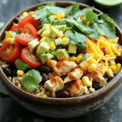 In this section, I will share the key ingredients that make chicken burrito bowls so tasty and healthy. Here’s what you’ll need: - 2 cups cooked brown rice - 1 lb boneless, skinless chicken breast, diced into bite-sized pieces - Spices: chili powder, cumin, smoked paprika - Beans and Vegetables: black beans, corn, red bell pepper, cherry tomatoes These ingredients create a rich flavor and great texture. Brown rice serves as a hearty base. The chicken adds protein, while the spices bring warmth and depth. Black beans and corn enhance the bowl with fiber and sweetness. Fresh vegetables like red bell pepper and cherry tomatoes add crunch and color. Now, let’s talk about toppings. These will elevate your bowl to the next level. Here’s what I suggest: - Diced avocado - Fresh cilantro - Shredded cheese of choice - Lime juice and additional garnishes Diced avocado gives a creamy texture. Fresh cilantro adds a pop of flavor and bright color. A sprinkle of shredded cheese brings richness. Lastly, a squeeze of lime juice brightens each bite. These toppings make the meal look and taste amazing. For the full recipe, check the details provided above. Heat a large skillet over medium heat and add one tablespoon of olive oil. Cut the chicken breast into bite-sized pieces. Season the chicken with chili powder, ground cumin, smoked paprika, salt, and pepper. Mix well to coat the chicken evenly with the spices. Sauté the chicken for about 6 to 8 minutes. Stir often to cook it evenly. The chicken should be golden and no longer pink inside. Once done, take the skillet off the heat and set the chicken aside. In a mixing bowl, combine black beans, corn, diced red bell pepper, and halved cherry tomatoes. Make sure the beans are rinsed well. Add chopped cilantro and squeeze lime juice over the mixture. Toss everything gently until it mixes well. Start by adding two cups of cooked brown rice into each bowl. Layer the sautéed chicken on top of the rice. Next, spoon the veggie mixture over the chicken. To finish, add diced avocado for creaminess and sprinkle shredded cheese on top. If you want more flavor, drizzle some lime juice over the bowls. You can also add extra cilantro for a fresh touch. For the full recipe, you can refer to the [Full Recipe]. To get great chicken, start with good seasoning. This makes a big difference in taste. Use a mix of chili powder, cumin, and smoked paprika. These spices add depth. Cook the chicken evenly for the best results. Heat olive oil in a large skillet. Once hot, add the chicken. Stir it often to cook all sides. This helps achieve that golden-brown look. It usually takes around 6-8 minutes. Always check if the chicken is no longer pink inside. Want to amp up the flavor? Try adding some garlic powder or onion powder to your spice mix. These give extra taste and aroma. Freshly squeezed lime juice is a game-changer. It brightens the dish and adds a zesty kick. The acid from lime juice helps balance the flavors too. Squeeze it right over your finished bowl for the best effect. Cleanup can be easy if you use non-stick cookware. This prevents food from sticking and makes washing easier. For meal prep, keep ingredients in separate containers. This helps maintain freshness and keeps things organized. When you store leftovers, use airtight containers. This keeps your burrito bowls tasty for later. For the best results, reheat gently. {{image_4}} If you want a meatless option, you can swap chicken for tofu or tempeh. Both ingredients soak up flavors well. Tofu can be marinated to add taste. Tempeh offers a nutty bite and a firm texture. Mix in your favorite veggies like zucchini, mushrooms, or spinach. These will add color and nutrients. To make your burrito bowl vegan, just leave out the cheese and sour cream. You can use cashew cream or avocado to add creaminess. Try adding unique plant-based ingredients like jackfruit or lentils for extra protein. Experiment with spices like smoked paprika or nutritional yeast to boost flavor. For gluten-free bowls, use grains like quinoa or brown rice. Ensure you check for gluten-free labels on beans and spices. Avoid cross-contamination by using clean utensils and surfaces. This way, everyone can enjoy a tasty meal without worry. For the full recipe, check out the Fiesta Chicken Burrito Bowls . To keep your chicken burrito bowls fresh, refrigerate them within two hours. Place the bowls in airtight containers. This helps maintain flavor and texture. To prevent sogginess, store ingredients separately. Keep the rice, chicken, beans, and veggies apart. Add avocado and cheese just before serving. This method keeps everything crisp and tasty. You can freeze the chicken burrito bowl components for later meals. Cool the cooked chicken and veggies before freezing. Use freezer-safe bags or containers. Label them with dates for easy tracking. When reheating, use the oven or microwave. For the best texture, thaw overnight in the fridge. Reheat gently to avoid drying out the chicken. Add a splash of lime juice for extra flavor. Use glass or BPA-free plastic containers. They preserve freshness and are often microwave-safe. Choose containers with tight-fitting lids to keep air out. For eco-friendly options, try reusable silicone bags. They are great for freezing and easy to clean. Investing in good storage solutions saves money and helps the planet. For more details on making these delicious chicken burrito bowls, check out the Full Recipe. To enhance the chicken's flavor, consider using marinades or spice blends. A simple marinade can include lime juice, garlic, and olive oil. This mix will add a bright taste. You can also try spice blends like taco seasoning or adobo for a bolder flavor. Let the chicken marinate for at least 30 minutes. This gives the spices time to soak in. The result is juicy chicken bursting with flavor! Yes, you can prepare this recipe ahead of time. Meal prepping is a great way to save time. Cook the chicken and rice in advance and store them separately. Chop the veggies and keep them in airtight containers. Don't mix everything until you're ready to eat. This keeps the ingredients fresh and tasty. Just reheat the chicken and rice when you're ready to enjoy your burrito bowl! If you want to swap brown rice, you have many options. Quinoa is a nutritious choice with a nice texture. Cauliflower rice is low in carbs and adds a subtle flavor. White rice is another simple alternative that cooks quickly. Each of these options brings a unique taste to your burrito bowl. Choose what fits your diet and preference best! For the full recipe, check out the details above. You learned how to make delicious chicken burrito bowls from scratch. We covered key ingredients, like brown rice and spices. The simple steps let you cook chicken and create tasty veggie mixtures. I shared useful tips to enhance flavor and save time on clean-up. You also found out about variations for different diets and how to store leftovers. Enjoy making these bowls, and feel free to tweak the recipe to fit your taste. Happy cooking!