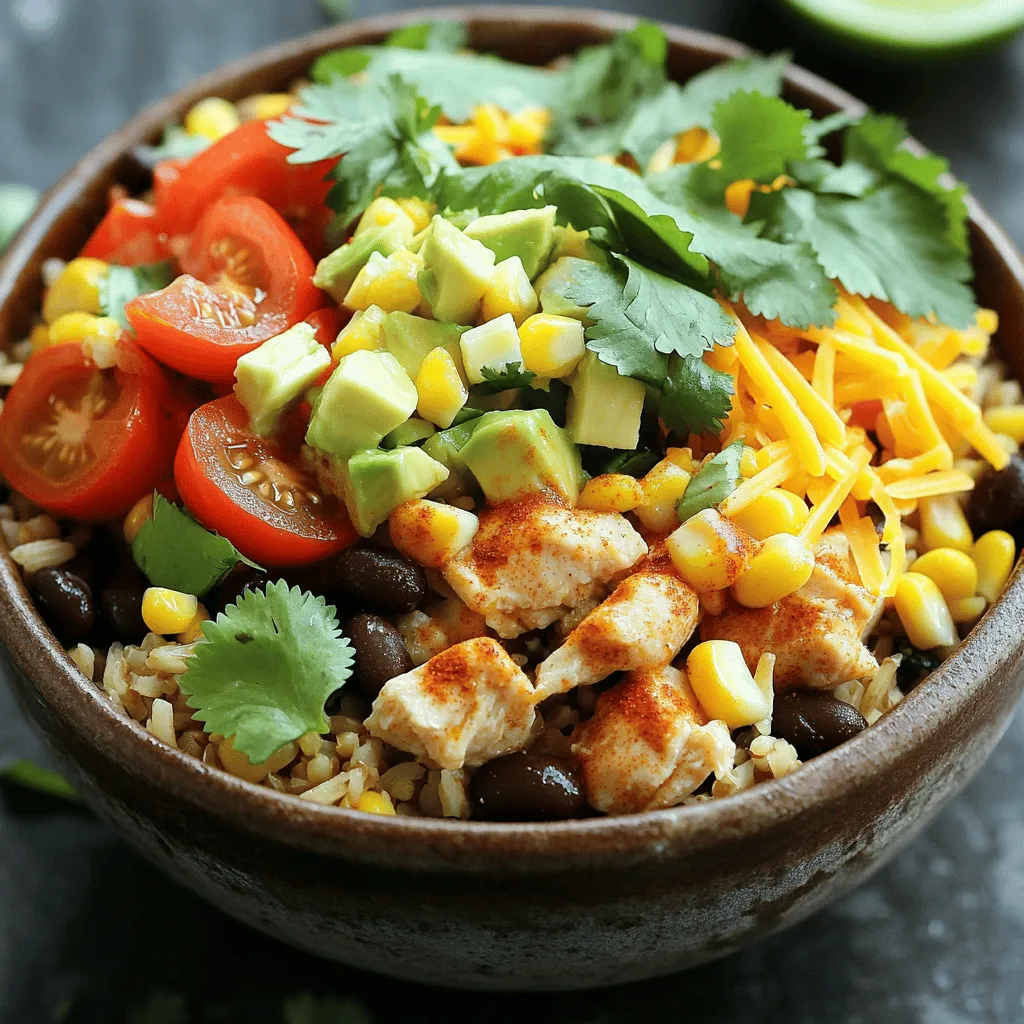 In this section, I will share the key ingredients that make chicken burrito bowls so tasty and healthy. Here’s what you’ll need: - 2 cups cooked brown rice - 1 lb boneless, skinless chicken breast, diced into bite-sized pieces - Spices: chili powder, cumin, smoked paprika - Beans and Vegetables: black beans, corn, red bell pepper, cherry tomatoes These ingredients create a rich flavor and great texture. Brown rice serves as a hearty base. The chicken adds protein, while the spices bring warmth and depth. Black beans and corn enhance the bowl with fiber and sweetness. Fresh vegetables like red bell pepper and cherry tomatoes add crunch and color. Now, let’s talk about toppings. These will elevate your bowl to the next level. Here’s what I suggest: - Diced avocado - Fresh cilantro - Shredded cheese of choice - Lime juice and additional garnishes Diced avocado gives a creamy texture. Fresh cilantro adds a pop of flavor and bright color. A sprinkle of shredded cheese brings richness. Lastly, a squeeze of lime juice brightens each bite. These toppings make the meal look and taste amazing. For the full recipe, check the details provided above. Heat a large skillet over medium heat and add one tablespoon of olive oil. Cut the chicken breast into bite-sized pieces. Season the chicken with chili powder, ground cumin, smoked paprika, salt, and pepper. Mix well to coat the chicken evenly with the spices. Sauté the chicken for about 6 to 8 minutes. Stir often to cook it evenly. The chicken should be golden and no longer pink inside. Once done, take the skillet off the heat and set the chicken aside. In a mixing bowl, combine black beans, corn, diced red bell pepper, and halved cherry tomatoes. Make sure the beans are rinsed well. Add chopped cilantro and squeeze lime juice over the mixture. Toss everything gently until it mixes well. Start by adding two cups of cooked brown rice into each bowl. Layer the sautéed chicken on top of the rice. Next, spoon the veggie mixture over the chicken. To finish, add diced avocado for creaminess and sprinkle shredded cheese on top. If you want more flavor, drizzle some lime juice over the bowls. You can also add extra cilantro for a fresh touch. For the full recipe, you can refer to the [Full Recipe]. To get great chicken, start with good seasoning. This makes a big difference in taste. Use a mix of chili powder, cumin, and smoked paprika. These spices add depth. Cook the chicken evenly for the best results. Heat olive oil in a large skillet. Once hot, add the chicken. Stir it often to cook all sides. This helps achieve that golden-brown look. It usually takes around 6-8 minutes. Always check if the chicken is no longer pink inside. Want to amp up the flavor? Try adding some garlic powder or onion powder to your spice mix. These give extra taste and aroma. Freshly squeezed lime juice is a game-changer. It brightens the dish and adds a zesty kick. The acid from lime juice helps balance the flavors too. Squeeze it right over your finished bowl for the best effect. Cleanup can be easy if you use non-stick cookware. This prevents food from sticking and makes washing easier. For meal prep, keep ingredients in separate containers. This helps maintain freshness and keeps things organized. When you store leftovers, use airtight containers. This keeps your burrito bowls tasty for later. For the best results, reheat gently. {{image_4}} If you want a meatless option, you can swap chicken for tofu or tempeh. Both ingredients soak up flavors well. Tofu can be marinated to add taste. Tempeh offers a nutty bite and a firm texture. Mix in your favorite veggies like zucchini, mushrooms, or spinach. These will add color and nutrients. To make your burrito bowl vegan, just leave out the cheese and sour cream. You can use cashew cream or avocado to add creaminess. Try adding unique plant-based ingredients like jackfruit or lentils for extra protein. Experiment with spices like smoked paprika or nutritional yeast to boost flavor. For gluten-free bowls, use grains like quinoa or brown rice. Ensure you check for gluten-free labels on beans and spices. Avoid cross-contamination by using clean utensils and surfaces. This way, everyone can enjoy a tasty meal without worry. For the full recipe, check out the Fiesta Chicken Burrito Bowls . To keep your chicken burrito bowls fresh, refrigerate them within two hours. Place the bowls in airtight containers. This helps maintain flavor and texture. To prevent sogginess, store ingredients separately. Keep the rice, chicken, beans, and veggies apart. Add avocado and cheese just before serving. This method keeps everything crisp and tasty. You can freeze the chicken burrito bowl components for later meals. Cool the cooked chicken and veggies before freezing. Use freezer-safe bags or containers. Label them with dates for easy tracking. When reheating, use the oven or microwave. For the best texture, thaw overnight in the fridge. Reheat gently to avoid drying out the chicken. Add a splash of lime juice for extra flavor. Use glass or BPA-free plastic containers. They preserve freshness and are often microwave-safe. Choose containers with tight-fitting lids to keep air out. For eco-friendly options, try reusable silicone bags. They are great for freezing and easy to clean. Investing in good storage solutions saves money and helps the planet. For more details on making these delicious chicken burrito bowls, check out the Full Recipe. To enhance the chicken's flavor, consider using marinades or spice blends. A simple marinade can include lime juice, garlic, and olive oil. This mix will add a bright taste. You can also try spice blends like taco seasoning or adobo for a bolder flavor. Let the chicken marinate for at least 30 minutes. This gives the spices time to soak in. The result is juicy chicken bursting with flavor! Yes, you can prepare this recipe ahead of time. Meal prepping is a great way to save time. Cook the chicken and rice in advance and store them separately. Chop the veggies and keep them in airtight containers. Don't mix everything until you're ready to eat. This keeps the ingredients fresh and tasty. Just reheat the chicken and rice when you're ready to enjoy your burrito bowl! If you want to swap brown rice, you have many options. Quinoa is a nutritious choice with a nice texture. Cauliflower rice is low in carbs and adds a subtle flavor. White rice is another simple alternative that cooks quickly. Each of these options brings a unique taste to your burrito bowl. Choose what fits your diet and preference best! For the full recipe, check out the details above. You learned how to make delicious chicken burrito bowls from scratch. We covered key ingredients, like brown rice and spices. The simple steps let you cook chicken and create tasty veggie mixtures. I shared useful tips to enhance flavor and save time on clean-up. You also found out about variations for different diets and how to store leftovers. Enjoy making these bowls, and feel free to tweak the recipe to fit your taste. Happy cooking!