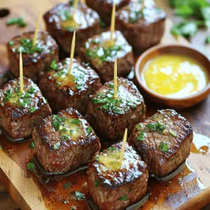 - 1 lb sirloin steak, cut into 1-inch cubes - 4 tablespoons unsalted butter, divided - 4 cloves garlic, finely minced The main ingredients shine in this dish. The sirloin steak provides rich flavor and tenderness. When you cut it into small cubes, it cooks fast and evenly. The unsalted butter gives a creamy taste. Garlic adds a punch that no one can resist. - 1 teaspoon fresh rosemary, chopped (or ½ teaspoon dried) - 1 teaspoon fresh thyme, chopped (or ½ teaspoon dried) - Sea salt and freshly cracked black pepper, to taste Herbs bring out the best flavors. Fresh rosemary and thyme add depth to the dish. They work perfectly with the steak and garlic. Don’t forget to season with sea salt and pepper. This step is key to enhancing the taste. - 2 tablespoons fresh parsley, chopped (for garnish) Fresh parsley adds color and freshness. It makes the dish look inviting. A sprinkle on top is all you need. It’s a simple touch that makes a big difference. For the full recipe, be sure to check out the details! To start, pat the steak cubes dry with paper towels. This step is key. It helps the steak sear well. Next, season all sides of the cubes. Use sea salt and freshly cracked black pepper. Don’t hold back on the flavor here! Now, heat a large skillet over medium-high heat. Melt 2 tablespoons of unsalted butter until it bubbles. Carefully add the seasoned steak cubes in a single layer. Be sure not to overcrowd the pan. If you have a lot, work in batches. Sear for 2-3 minutes on each side. You want a rich brown crust. Cook them to your desired doneness. Once done, remove the steak bites and let them rest on a plate. In the same skillet, lower the heat to medium. Add the remaining 2 tablespoons of butter. Let it melt, then stir in 4 cloves of minced garlic. Add 1 teaspoon each of chopped rosemary and thyme. Sauté this mixture for 1-2 minutes. You want the garlic fragrant but not browned. Once ready, return the cooked steak bites to the skillet. Toss them gently in the garlic butter. Make sure every piece gets coated. Let them cook together for an extra minute. This helps meld the flavors. Now, take the skillet off the heat. Sprinkle 2 tablespoons of freshly chopped parsley over the steak bites. This adds color and freshness. For serving, think rustic. You can use a wooden cutting board or a nice platter. Place toothpicks beside the steak bites. This makes them easy to pick up and enjoy. If you want, add a small bowl of extra garlic butter for dipping. It looks great and adds more flavor. For the full recipe, check out my detailed guide. To get steak bites that taste amazing, start by patting the steak dry. Use paper towels to soak up any moisture. This step helps create a nice crust. A good sear gives you flavor and texture. Next, avoid overcrowding in the skillet. If you add too many steak bites at once, they will steam instead of sear. Cook in batches if needed. This way, each piece gets the perfect brown color. You can change the taste by using different herbs. Try adding oregano for a new twist. Garlic powder is another tasty option if you want a stronger garlic flavor. Also, adjust the cooking time based on your doneness level. For rare steak, cook for about 2-3 minutes on each side. For medium, aim for 3-4 minutes. Keep an eye on the color and firmness of the meat. Serve your steak bites hot for the best experience. You can keep them warm by placing them in a low oven. Set it to about 200°F (93°C) while you finish cooking. To maintain heat during serving, use a warm plate. You can also cover the bites with foil. This helps keep them hot while your guests dig in. For the full recipe, check out the earlier section. {{image_4}} You can switch out steak for chicken or shrimp. Both options are easy to cook and tasty. For chicken, use boneless breasts or thighs, cut into bite-sized pieces. Cook them the same way as steak bites. Shrimp cooks quickly. Just sauté them until they turn pink. The garlic butter will still shine through with these proteins. Want to change the taste? You can add new spices and sauces. Try soy sauce for a savory twist. It adds umami and pairs well with garlic. Worcestershire sauce brings depth and richness. A splash of either can elevate your dish. You can also add red pepper flakes for heat. This gives your steak bites a fun kick. Pairing side dishes can make your meal even better. Mashed potatoes are creamy and comforting. They soak up the garlic butter nicely. Sautéed vegetables add color and crunch. Think about green beans or bell peppers for a fresh taste. A simple salad can also balance the richness of the steak bites. These sides complete your meal and please your guests. To keep your garlic butter steak bites fresh, follow these steps. First, let them cool to room temperature. Then, place them in an airtight container. Store them in the fridge for up to three days. This way, you can enjoy the flavors later. When you're ready to eat, reheat the steak bites carefully. Warm them in a skillet over low heat. Add a splash of water or broth to keep them moist. Stir often to avoid burning. You can also use the microwave, but do it in short bursts. Check every 15 seconds to avoid overcooking. If you want to save your steak bites for longer, freezing is a great option. Place the cooled steak bites in a freezer-safe bag. Squeeze out as much air as you can before sealing. This helps prevent freezer burn. You can freeze them for up to three months. To thaw, move the steak bites from the freezer to the fridge. Let them sit overnight to defrost. If you're in a hurry, you can use the microwave. Just remember to use a low setting to keep the meat tender. After thawing, reheat as mentioned before. Enjoy your delicious leftover steak bites! To make your steak bites tender, choose the right cut of beef. Sirloin is great for this dish because it’s flavorful and tender. To enhance tenderness, use a meat mallet to pound the steak lightly. This helps break down fibers. When cooking, do not overcook the steak. Aim for a medium-rare to medium doneness. Sear the steak cubes quickly on high heat. This locks in juices and creates a nice crust. Rest the meat after cooking for a few minutes. This allows the juices to redistribute for a juicier bite. Yes, you can use frozen steak for garlic butter steak bites. However, it’s best to thaw the steak first. The safest way to thaw steak is in the fridge overnight. If you're in a hurry, use the cold water method. Place the sealed steak in cold water for about an hour. Change the water every 30 minutes to speed up the process. Once thawed, pat the steak dry before seasoning. This step helps to achieve that perfect sear. Garlic butter steak bites pair well with many sides and drinks. For appetizers, try crusty bread or a fresh salad. You can also serve them with roasted vegetables or mashed potatoes for a hearty meal. For drinks, a bold red wine or a light beer works wonderfully. If you want something non-alcoholic, try sparkling water with lemon. It cleanses the palate and complements the rich flavors of the steak. Finally, don’t forget to check out the Full Recipe for more detailed steps! In this blog post, we explored making delicious garlic butter steak bites with ease. We covered key ingredients like sirloin steak, butter, garlic, and herbs. I shared step-by-step instructions for perfecting the sear and creating a rich garlic butter sauce. You learned tips for various flavors and how to store leftovers. Remember, cooking is about enjoying the process and flavor. Experiment with different proteins or herbs to make this dish your own. Enjoy these tasty bites at your next meal!
