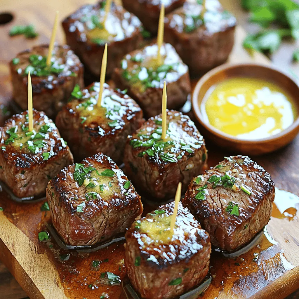 - 1 lb sirloin steak, cut into 1-inch cubes - 4 tablespoons unsalted butter, divided - 4 cloves garlic, finely minced The main ingredients shine in this dish. The sirloin steak provides rich flavor and tenderness. When you cut it into small cubes, it cooks fast and evenly. The unsalted butter gives a creamy taste. Garlic adds a punch that no one can resist. - 1 teaspoon fresh rosemary, chopped (or ½ teaspoon dried) - 1 teaspoon fresh thyme, chopped (or ½ teaspoon dried) - Sea salt and freshly cracked black pepper, to taste Herbs bring out the best flavors. Fresh rosemary and thyme add depth to the dish. They work perfectly with the steak and garlic. Don’t forget to season with sea salt and pepper. This step is key to enhancing the taste. - 2 tablespoons fresh parsley, chopped (for garnish) Fresh parsley adds color and freshness. It makes the dish look inviting. A sprinkle on top is all you need. It’s a simple touch that makes a big difference. For the full recipe, be sure to check out the details! To start, pat the steak cubes dry with paper towels. This step is key. It helps the steak sear well. Next, season all sides of the cubes. Use sea salt and freshly cracked black pepper. Don’t hold back on the flavor here! Now, heat a large skillet over medium-high heat. Melt 2 tablespoons of unsalted butter until it bubbles. Carefully add the seasoned steak cubes in a single layer. Be sure not to overcrowd the pan. If you have a lot, work in batches. Sear for 2-3 minutes on each side. You want a rich brown crust. Cook them to your desired doneness. Once done, remove the steak bites and let them rest on a plate. In the same skillet, lower the heat to medium. Add the remaining 2 tablespoons of butter. Let it melt, then stir in 4 cloves of minced garlic. Add 1 teaspoon each of chopped rosemary and thyme. Sauté this mixture for 1-2 minutes. You want the garlic fragrant but not browned. Once ready, return the cooked steak bites to the skillet. Toss them gently in the garlic butter. Make sure every piece gets coated. Let them cook together for an extra minute. This helps meld the flavors. Now, take the skillet off the heat. Sprinkle 2 tablespoons of freshly chopped parsley over the steak bites. This adds color and freshness. For serving, think rustic. You can use a wooden cutting board or a nice platter. Place toothpicks beside the steak bites. This makes them easy to pick up and enjoy. If you want, add a small bowl of extra garlic butter for dipping. It looks great and adds more flavor. For the full recipe, check out my detailed guide. To get steak bites that taste amazing, start by patting the steak dry. Use paper towels to soak up any moisture. This step helps create a nice crust. A good sear gives you flavor and texture. Next, avoid overcrowding in the skillet. If you add too many steak bites at once, they will steam instead of sear. Cook in batches if needed. This way, each piece gets the perfect brown color. You can change the taste by using different herbs. Try adding oregano for a new twist. Garlic powder is another tasty option if you want a stronger garlic flavor. Also, adjust the cooking time based on your doneness level. For rare steak, cook for about 2-3 minutes on each side. For medium, aim for 3-4 minutes. Keep an eye on the color and firmness of the meat. Serve your steak bites hot for the best experience. You can keep them warm by placing them in a low oven. Set it to about 200°F (93°C) while you finish cooking. To maintain heat during serving, use a warm plate. You can also cover the bites with foil. This helps keep them hot while your guests dig in. For the full recipe, check out the earlier section. {{image_4}} You can switch out steak for chicken or shrimp. Both options are easy to cook and tasty. For chicken, use boneless breasts or thighs, cut into bite-sized pieces. Cook them the same way as steak bites. Shrimp cooks quickly. Just sauté them until they turn pink. The garlic butter will still shine through with these proteins. Want to change the taste? You can add new spices and sauces. Try soy sauce for a savory twist. It adds umami and pairs well with garlic. Worcestershire sauce brings depth and richness. A splash of either can elevate your dish. You can also add red pepper flakes for heat. This gives your steak bites a fun kick. Pairing side dishes can make your meal even better. Mashed potatoes are creamy and comforting. They soak up the garlic butter nicely. Sautéed vegetables add color and crunch. Think about green beans or bell peppers for a fresh taste. A simple salad can also balance the richness of the steak bites. These sides complete your meal and please your guests. To keep your garlic butter steak bites fresh, follow these steps. First, let them cool to room temperature. Then, place them in an airtight container. Store them in the fridge for up to three days. This way, you can enjoy the flavors later. When you're ready to eat, reheat the steak bites carefully. Warm them in a skillet over low heat. Add a splash of water or broth to keep them moist. Stir often to avoid burning. You can also use the microwave, but do it in short bursts. Check every 15 seconds to avoid overcooking. If you want to save your steak bites for longer, freezing is a great option. Place the cooled steak bites in a freezer-safe bag. Squeeze out as much air as you can before sealing. This helps prevent freezer burn. You can freeze them for up to three months. To thaw, move the steak bites from the freezer to the fridge. Let them sit overnight to defrost. If you're in a hurry, you can use the microwave. Just remember to use a low setting to keep the meat tender. After thawing, reheat as mentioned before. Enjoy your delicious leftover steak bites! To make your steak bites tender, choose the right cut of beef. Sirloin is great for this dish because it’s flavorful and tender. To enhance tenderness, use a meat mallet to pound the steak lightly. This helps break down fibers. When cooking, do not overcook the steak. Aim for a medium-rare to medium doneness. Sear the steak cubes quickly on high heat. This locks in juices and creates a nice crust. Rest the meat after cooking for a few minutes. This allows the juices to redistribute for a juicier bite. Yes, you can use frozen steak for garlic butter steak bites. However, it’s best to thaw the steak first. The safest way to thaw steak is in the fridge overnight. If you're in a hurry, use the cold water method. Place the sealed steak in cold water for about an hour. Change the water every 30 minutes to speed up the process. Once thawed, pat the steak dry before seasoning. This step helps to achieve that perfect sear. Garlic butter steak bites pair well with many sides and drinks. For appetizers, try crusty bread or a fresh salad. You can also serve them with roasted vegetables or mashed potatoes for a hearty meal. For drinks, a bold red wine or a light beer works wonderfully. If you want something non-alcoholic, try sparkling water with lemon. It cleanses the palate and complements the rich flavors of the steak. Finally, don’t forget to check out the Full Recipe for more detailed steps! In this blog post, we explored making delicious garlic butter steak bites with ease. We covered key ingredients like sirloin steak, butter, garlic, and herbs. I shared step-by-step instructions for perfecting the sear and creating a rich garlic butter sauce. You learned tips for various flavors and how to store leftovers. Remember, cooking is about enjoying the process and flavor. Experiment with different proteins or herbs to make this dish your own. Enjoy these tasty bites at your next meal!