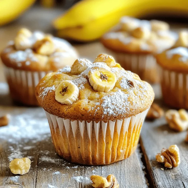 - 2 ripe bananas, mashed - 1/2 cup unsweetened applesauce - 1/3 cup honey or maple syrup - 1 large egg, at room temperature - 1 teaspoon vanilla extract - 1 cup whole wheat flour - 1/2 cup almond flour - 1 teaspoon baking soda - 1/2 teaspoon baking powder - 1/2 teaspoon ground cinnamon - 1/4 teaspoon sea salt - 1/2 cup chopped walnuts (or pecans) - Optional: 1/4 cup dark chocolate chips These ingredients create a rich and moist muffin. The ripe bananas add natural sweetness. Applesauce keeps the muffins soft and tender. Honey or maple syrup gives a nice touch of flavor. Whole wheat flour adds fiber, while almond flour brings a nutty taste. Baking soda and baking powder help the muffins rise perfectly. Ground cinnamon adds warmth and depth. Walnuts or pecans offer crunch and healthy fats. You can add dark chocolate chips for a sweet surprise. This recipe is simple, using common ingredients that many people have at home. For the full recipe, check out my detailed instructions to make these delightful muffins! - Approximate calories per muffin: 130-150 - Key vitamins and minerals: Potassium, Vitamin C, Magnesium, and Dietary Fiber Each muffin is packed with nutrients. The bananas provide potassium and Vitamin C. Whole grain flour gives fiber, helping digestion. This makes these muffins not just tasty, but also healthy! 1. Preheat your oven to 350°F (175°C). This helps the muffins bake evenly. 2. Prepare your muffin tin. You can line it with paper liners or grease each cup with a non-stick spray. This keeps the muffins from sticking. 1. In a large mixing bowl, combine the wet ingredients. Mix two mashed bananas, half a cup of unsweetened applesauce, one-third cup of honey or maple syrup, one large egg, and one teaspoon of pure vanilla extract. Use a fork or a whisk to blend until smooth. 2. In another bowl, mix the dry ingredients. Whisk together one cup of whole wheat flour, half a cup of almond flour, one teaspoon of baking soda, half a teaspoon of baking powder, half a teaspoon of ground cinnamon, and one-fourth teaspoon of sea salt. 3. Gradually add the dry ingredients to the wet mixture. Stir gently until just combined. A few lumps are okay. Be careful not to overmix. 4. Gently fold in half a cup of chopped walnuts or pecans. If you like, you can also add a quarter cup of dark chocolate chips for extra flavor. 1. Spoon the batter into the prepared muffin cups. Fill each one about two-thirds full. This allows space for the muffins to rise. 2. Place the muffin tin in the preheated oven. Bake for 15-20 minutes. 3. To check if they are done, insert a toothpick into the center of a muffin. If it comes out clean, they are ready. 4. After baking, let the muffins cool in the pan for about five minutes. Then, transfer them to a wire rack to cool completely. For the full recipe, refer to the earlier sections. Enjoy baking these delicious banana nut muffins! How to avoid overmixing: When you mix your batter, stop as soon as there are no dry spots. Overmixing makes muffins tough. A few lumps are okay. This helps keep your muffins light and fluffy. Importance of ingredient temperature: Use room-temperature eggs and applesauce. This helps the batter mix well. Cold ingredients can make the muffins dense. Take them out about 30 minutes before baking. Add-ons like chocolate chips: For a sweet twist, add dark chocolate chips. They melt and create pockets of chocolate goodness. You can use up to 1/4 cup without changing the recipe much. Spice variations: Try adding nutmeg or allspice for extra warmth. A pinch can change the flavor profile. These spices work well with bananas and nuts. Pairing with spreads: Serve warm muffins with butter or yogurt. Butter adds richness, while yogurt gives a tangy touch. Both make the muffins even more enjoyable. Presentation ideas: Dust muffins with powdered sugar for a pretty finish. Add extra chopped nuts on top for crunch. This not only looks nice but adds texture too. {{image_4}} You can easily make banana nut muffins healthier. Start by using gluten-free flour. This way, those with gluten issues can enjoy them too. You can also cut back on sugar. Use natural sweeteners like honey or maple syrup. These options add flavor without too much sweetness. Feel free to play around with flavors. Instead of walnuts, try pecans or almonds. Each nut brings a unique taste and texture. You can also mix in fruits like blueberries or cranberries. They add a burst of color and extra nutrition. Change things up for the seasons. In the fall, add pumpkin spice for warmth. It gives a cozy taste that fits the season. For summer, consider adding grated zucchini. It keeps the muffins moist and adds a fun twist. To keep your banana nut muffins fresh for a few days, store them in an airtight container. Place them at room temperature. Avoid direct sunlight or heat. If you want, you can add a piece of bread to the container. The bread will help keep the muffins moist. For long-term storage, freezing is your best option. Wrap each muffin in plastic wrap. Then, place them in a freezer bag or container. Make sure to remove as much air as possible. This will prevent freezer burn. To thaw, take a muffin out and leave it at room temperature for about an hour. You can also microwave it for 15-20 seconds. Store any leftover nuts or chocolate chips in a cool, dry place. Glass jars or airtight containers work well. Keep them away from heat and moisture. If you want to keep them fresh longer, consider refrigerating them. This helps maintain their flavor and crunch. Follow these tips, and your banana nut muffins will stay delicious for days! Check the Full Recipe for more details. How can I make banana nut muffins vegan? To make these muffins vegan, you can replace the egg with a flax egg. Mix one tablespoon of flaxseed meal with three tablespoons of water. Let it sit for five minutes to thicken. You can also use maple syrup instead of honey. Can I use frozen bananas for this recipe? Yes, you can use frozen bananas. Just thaw them first and drain excess moisture. This will keep your muffins from becoming too wet. What to do if the muffins are too dense? If your muffins turn out too dense, it may be due to overmixing. Mix your wet and dry ingredients just until combined. Also, check that your baking soda is fresh as it helps with rising. How to achieve a more moist texture? To make your muffins moister, add a little more applesauce or mashed bananas. You can also try baking for a shorter time. Check them a few minutes early to see if they are done. Alternatives for almond flour If you need an alternative to almond flour, try using oat flour or all-purpose flour. Just note that using these may change the texture slightly. Can I replace honey with agave syrup? Yes, you can replace honey with agave syrup. Use the same amount. The muffins will still taste amazing! For the full recipe, check out the recipe section. This blog post shared an easy recipe for delicious banana nut muffins. We covered ingredients, baking steps, and tips for success. I also provided ideas for variations and storage options. Muffins can be a healthy treat with simple swaps. Feel free to get creative with flavors and add-ins. Enjoy baking these muffins for yourself or to share. They are sure to impress anyone who takes a bite. Happy baking!