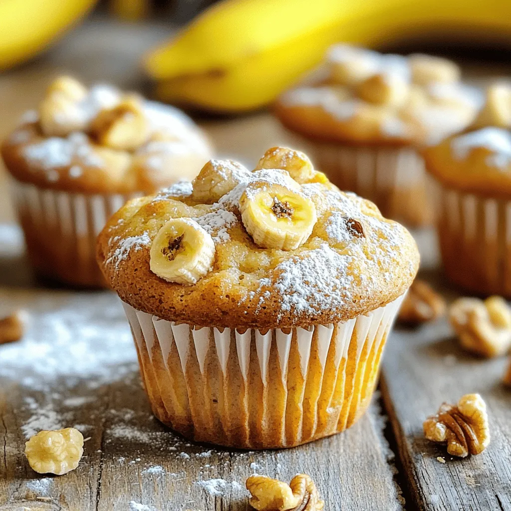 - 2 ripe bananas, mashed - 1/2 cup unsweetened applesauce - 1/3 cup honey or maple syrup - 1 large egg, at room temperature - 1 teaspoon vanilla extract - 1 cup whole wheat flour - 1/2 cup almond flour - 1 teaspoon baking soda - 1/2 teaspoon baking powder - 1/2 teaspoon ground cinnamon - 1/4 teaspoon sea salt - 1/2 cup chopped walnuts (or pecans) - Optional: 1/4 cup dark chocolate chips These ingredients create a rich and moist muffin. The ripe bananas add natural sweetness. Applesauce keeps the muffins soft and tender. Honey or maple syrup gives a nice touch of flavor. Whole wheat flour adds fiber, while almond flour brings a nutty taste. Baking soda and baking powder help the muffins rise perfectly. Ground cinnamon adds warmth and depth. Walnuts or pecans offer crunch and healthy fats. You can add dark chocolate chips for a sweet surprise. This recipe is simple, using common ingredients that many people have at home. For the full recipe, check out my detailed instructions to make these delightful muffins! - Approximate calories per muffin: 130-150 - Key vitamins and minerals: Potassium, Vitamin C, Magnesium, and Dietary Fiber Each muffin is packed with nutrients. The bananas provide potassium and Vitamin C. Whole grain flour gives fiber, helping digestion. This makes these muffins not just tasty, but also healthy! 1. Preheat your oven to 350°F (175°C). This helps the muffins bake evenly. 2. Prepare your muffin tin. You can line it with paper liners or grease each cup with a non-stick spray. This keeps the muffins from sticking. 1. In a large mixing bowl, combine the wet ingredients. Mix two mashed bananas, half a cup of unsweetened applesauce, one-third cup of honey or maple syrup, one large egg, and one teaspoon of pure vanilla extract. Use a fork or a whisk to blend until smooth. 2. In another bowl, mix the dry ingredients. Whisk together one cup of whole wheat flour, half a cup of almond flour, one teaspoon of baking soda, half a teaspoon of baking powder, half a teaspoon of ground cinnamon, and one-fourth teaspoon of sea salt. 3. Gradually add the dry ingredients to the wet mixture. Stir gently until just combined. A few lumps are okay. Be careful not to overmix. 4. Gently fold in half a cup of chopped walnuts or pecans. If you like, you can also add a quarter cup of dark chocolate chips for extra flavor. 1. Spoon the batter into the prepared muffin cups. Fill each one about two-thirds full. This allows space for the muffins to rise. 2. Place the muffin tin in the preheated oven. Bake for 15-20 minutes. 3. To check if they are done, insert a toothpick into the center of a muffin. If it comes out clean, they are ready. 4. After baking, let the muffins cool in the pan for about five minutes. Then, transfer them to a wire rack to cool completely. For the full recipe, refer to the earlier sections. Enjoy baking these delicious banana nut muffins! How to avoid overmixing: When you mix your batter, stop as soon as there are no dry spots. Overmixing makes muffins tough. A few lumps are okay. This helps keep your muffins light and fluffy. Importance of ingredient temperature: Use room-temperature eggs and applesauce. This helps the batter mix well. Cold ingredients can make the muffins dense. Take them out about 30 minutes before baking. Add-ons like chocolate chips: For a sweet twist, add dark chocolate chips. They melt and create pockets of chocolate goodness. You can use up to 1/4 cup without changing the recipe much. Spice variations: Try adding nutmeg or allspice for extra warmth. A pinch can change the flavor profile. These spices work well with bananas and nuts. Pairing with spreads: Serve warm muffins with butter or yogurt. Butter adds richness, while yogurt gives a tangy touch. Both make the muffins even more enjoyable. Presentation ideas: Dust muffins with powdered sugar for a pretty finish. Add extra chopped nuts on top for crunch. This not only looks nice but adds texture too. {{image_4}} You can easily make banana nut muffins healthier. Start by using gluten-free flour. This way, those with gluten issues can enjoy them too. You can also cut back on sugar. Use natural sweeteners like honey or maple syrup. These options add flavor without too much sweetness. Feel free to play around with flavors. Instead of walnuts, try pecans or almonds. Each nut brings a unique taste and texture. You can also mix in fruits like blueberries or cranberries. They add a burst of color and extra nutrition. Change things up for the seasons. In the fall, add pumpkin spice for warmth. It gives a cozy taste that fits the season. For summer, consider adding grated zucchini. It keeps the muffins moist and adds a fun twist. To keep your banana nut muffins fresh for a few days, store them in an airtight container. Place them at room temperature. Avoid direct sunlight or heat. If you want, you can add a piece of bread to the container. The bread will help keep the muffins moist. For long-term storage, freezing is your best option. Wrap each muffin in plastic wrap. Then, place them in a freezer bag or container. Make sure to remove as much air as possible. This will prevent freezer burn. To thaw, take a muffin out and leave it at room temperature for about an hour. You can also microwave it for 15-20 seconds. Store any leftover nuts or chocolate chips in a cool, dry place. Glass jars or airtight containers work well. Keep them away from heat and moisture. If you want to keep them fresh longer, consider refrigerating them. This helps maintain their flavor and crunch. Follow these tips, and your banana nut muffins will stay delicious for days! Check the Full Recipe for more details. How can I make banana nut muffins vegan? To make these muffins vegan, you can replace the egg with a flax egg. Mix one tablespoon of flaxseed meal with three tablespoons of water. Let it sit for five minutes to thicken. You can also use maple syrup instead of honey. Can I use frozen bananas for this recipe? Yes, you can use frozen bananas. Just thaw them first and drain excess moisture. This will keep your muffins from becoming too wet. What to do if the muffins are too dense? If your muffins turn out too dense, it may be due to overmixing. Mix your wet and dry ingredients just until combined. Also, check that your baking soda is fresh as it helps with rising. How to achieve a more moist texture? To make your muffins moister, add a little more applesauce or mashed bananas. You can also try baking for a shorter time. Check them a few minutes early to see if they are done. Alternatives for almond flour If you need an alternative to almond flour, try using oat flour or all-purpose flour. Just note that using these may change the texture slightly. Can I replace honey with agave syrup? Yes, you can replace honey with agave syrup. Use the same amount. The muffins will still taste amazing! For the full recipe, check out the recipe section. This blog post shared an easy recipe for delicious banana nut muffins. We covered ingredients, baking steps, and tips for success. I also provided ideas for variations and storage options. Muffins can be a healthy treat with simple swaps. Feel free to get creative with flavors and add-ins. Enjoy baking these muffins for yourself or to share. They are sure to impress anyone who takes a bite. Happy baking!