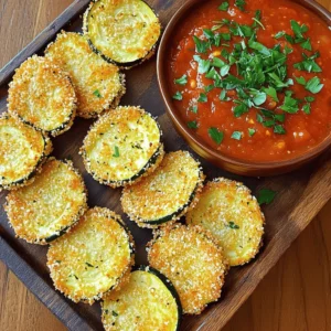 - 2 medium zucchinis - 1 cup panko breadcrumbs - 1/2 cup grated Parmesan cheese - 1 teaspoon garlic powder - 1 teaspoon onion powder - 1/2 teaspoon smoked paprika - 2 large eggs - Sea salt and freshly cracked black pepper - Olive oil spray Zucchini is a great veggie. It is low in calories and high in nutrients. A serving can have about 20 calories. The fiber helps you feel full. - Calories per serving: 20 - Macronutrients breakdown: - Carbohydrates: 3g - Protein: 2g - Fat: 1g - Health benefits of zucchini: - Rich in vitamins A and C - Contains antioxidants for better health - Good for heart health and digestion These baked zucchini slices are not just tasty; they pack a healthy punch too! Using fresh, seasonal zucchini boosts your dish’s flavor and nutrition. I often choose organic zucchini, as it tastes better and is better for the earth. You can find this recipe in the full recipe section. Enjoy these crunchy bites guilt-free! 1. First, preheat your oven to 425°F (220°C). This step is key to getting crispy slices. 2. Next, prepare your baking sheet. Line it with parchment paper. This helps prevent sticking and makes cleanup easy. 3. Now, in a shallow bowl, mix the panko breadcrumbs, grated Parmesan cheese, garlic powder, onion powder, smoked paprika, sea salt, and freshly cracked black pepper. Make sure everything is well combined. 1. In another bowl, crack the eggs and beat them until smooth. This mixture will help the crumbs stick. 2. Take a zucchini slice and dip it into the egg mixture. Let any extra egg drip off. 3. Then, coat the slice with the breadcrumb mixture. Press the crumbs onto the zucchini to ensure they stick well. 1. Arrange the coated zucchini slices on the prepared baking sheet. Make sure they are in a single layer and don’t touch each other. This helps them crisp up. 2. Lightly spray the tops with olive oil. This step gives you a nice golden finish. 3. Place the baking sheet in the oven and bake for 20-25 minutes. Halfway through, carefully flip the slices. This helps them cook evenly and get golden brown. 4. Once baked, take the zucchini out and let them sit for a few minutes. They will be hot and extra crispy! For the full recipe, check the details above. Enjoy your tasty, crispy baked zucchini slices! To get that perfect crunch, use olive oil spray. This helps the zucchini slices turn golden and crisp. A light coating ensures they don't get soggy. Without it, your slices may come out soft or chewy. For even cooking, make sure to spread the slices out. Place them in a single layer. If they touch, they will steam instead of bake. Flip them halfway through cooking for a nice, even brown all over. These crispy zucchini slices pair well with dips. Try warm marinara sauce or a tangy ranch. You can also serve them with a creamy garlic dip for a tasty twist. Garnish with fresh herbs like parsley or basil for a pop of color. This makes your dish look even more inviting. One big mistake is overcrowding the baking sheet. This keeps the zucchini slices from crisping up. Always leave space between each slice. Another common error is not pressing the breadcrumbs enough. Make sure you press the crumbs onto the slices firmly. This step helps the coating stick and gives you that satisfying crunch. {{image_4}} You can change the taste of your crispy baked zucchini slices easily. Adding herbs makes them more flavorful. Try using: - Oregano - Basil - Thyme - Rosemary You can also spice things up. Adding a dash of cayenne pepper or chili powder gives a nice kick. Experiment with different spices to find your favorite mix! If you need a gluten-free option, use almond flour or crushed nuts instead of panko breadcrumbs. They still give a nice crunch. For a vegan version, replace the eggs with a flaxseed mixture or unsweetened applesauce. Nutritional yeast can replace Parmesan cheese for a cheesy flavor without dairy. You can enjoy this recipe with more than just zucchini. Try these vegetables: - Eggplant - Yellow squash - Sweet potatoes Slice them like zucchini, and follow the same steps. Each vegetable brings a unique taste and texture, making your snack even more fun. To store your crispy baked zucchini slices, place them in an airtight container. Keep them in the fridge for up to three days. To keep them crispy, avoid stacking the slices. Instead, lay them flat in a single layer. You can also place a paper towel in the container to absorb moisture and help maintain their crunch. When you want to enjoy leftover zucchini slices, reheat them in the oven. Preheat your oven to 375°F (190°C). Place the slices on a baking sheet in a single layer. Bake for about 10-12 minutes. This will help them regain some crunch. Avoid using the microwave, as it can make them soggy. If you want to save some slices for later, you can freeze them. First, allow the zucchini slices to cool completely. Then, spread them on a baking sheet in a single layer. Freeze them for a few hours until firm. After that, transfer them to a freezer-safe bag. They can stay frozen for up to three months. To enjoy them later, simply thaw them in the fridge overnight. Reheat them in the oven to bring back their crispy texture. To keep your zucchini slices crispy, follow these tips: - Choose fresh zucchini: Look for firm, bright green zucchinis. They hold moisture better. - Slice evenly: Cut your zucchini into 1/4-inch rounds. This size ensures even cooking. - Use panko breadcrumbs: Panko gives a crunchier texture than regular breadcrumbs. It’s a game changer! - Dry the slices: Pat the zucchini with a paper towel before coating. Removing moisture helps them crisp up. - Space them out: When placing on the baking sheet, ensure no slices touch. This allows hot air to circulate. - Olive oil spray: A light spray of olive oil helps them brown and crisp nicely. Yes, you can switch up the cheese! Here are some tasty options: - Mozzarella: For a gooey, cheesy bite. - Cheddar: Adds a sharp, bold flavor. - Feta: Crumbled feta gives a tangy twist. - Parmesan blend: Mixing different aged cheeses can enhance the flavor. Feel free to experiment and find your favorite! Making crispy zucchini slices ahead is easy: - Prep the zucchini: Cut and coat the slices earlier in the day. - Chill them: Place the coated slices on a baking sheet. Cover and refrigerate for up to 4 hours. - Bake before serving: When ready, just pop them in the oven. They’ll taste fresh and crispy! Absolutely! Air frying gives a great crunch. Here’s how: 1. Preheat your air fryer to 400°F (200°C). 2. Follow the coating steps as usual. 3. Place the slices in the air fryer basket in a single layer. Don’t overcrowd! 4. Air fry for about 10-12 minutes, flipping halfway through. Check for a golden color. You’ll love the quick cooking time and delicious results! Enjoy your crispy baked zucchini slices. For the full recipe, check out the details provided earlier. This blog post covered how to make delicious baked zucchini slices. We explored the full list of ingredients, step-by-step instructions, and tips for crispy results. I shared variations, storage tips, and answers to common questions. Making these zucchini slices can be fun and easy. With the right techniques and ideas, you can create a tasty dish. Enjoy experimenting with flavors and serving options to make it your own! Dive in and get cooking!