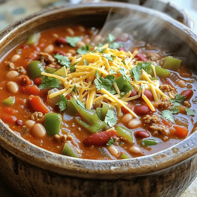- 1 lb ground turkey - 1 can (15 oz) black beans, drained and thoroughly rinsed - 1 can (15 oz) kidney beans, drained and thoroughly rinsed - 1 can (14.5 oz) diced tomatoes, including juice - 1 red bell pepper, finely chopped - 1 green bell pepper, finely chopped - 1 medium onion, diced - 3 cloves garlic, minced - 2 tablespoons chili powder - 1 teaspoon ground cumin - 1 teaspoon smoked paprika - Salt and freshly ground pepper, to taste - 2 tablespoons olive oil - 1 cup chicken broth - Optional toppings: Shredded cheese, sour cream, fresh cilantro For this easy turkey chili, I pick fresh, high-quality ingredients. Ground turkey is lean and cooks well. Beans add protein and fiber. I use black beans and kidney beans for a mix of flavors and textures. Tomatoes and peppers give the chili a bright taste. I love using red and green bell peppers for color. Spices like chili powder, cumin, and smoked paprika make the chili warm and flavorful. Adjust the seasoning to suit your taste. Toppings can make your chili fun and personal. Shredded cheese, sour cream, and fresh cilantro add creaminess and zest. You can find the full recipe at the beginning of this article. Enjoy making your delicious turkey chili! 1. Start by heating 2 tablespoons of olive oil in a large pot over medium heat. 2. Once the oil is shimmering, add 1 medium diced onion. Sauté for about 3-4 minutes until it softens. 3. Add 3 minced garlic cloves and cook for another 1-2 minutes. Stir often to prevent burning. 4. Increase the heat to medium-high and add 1 pound of ground turkey. Break it into smaller pieces using a wooden spoon. Cook for 5-7 minutes until brown. 5. Next, add 1 finely chopped red bell pepper and 1 finely chopped green bell pepper. Stir and cook for 3-4 minutes until they soften. 6. Sprinkle in 2 tablespoons of chili powder, 1 teaspoon of ground cumin, and 1 teaspoon of smoked paprika. Add a pinch of salt and pepper. Stir to mix the spices well. 7. Now, pour in 1 can of diced tomatoes, 1 can of black beans, and 1 can of kidney beans. Also, add 1 cup of chicken broth. Stir until all ingredients combine. 1. Bring the chili to a gentle simmer over medium heat. 2. Once it simmers, reduce the heat to low. Cover the pot with a lid. 3. Let it simmer for 20-30 minutes. Stir occasionally to keep it from sticking. 1. When ready to serve, taste the chili. Adjust seasoning with more salt, pepper, or chili powder if needed. 2. Ladle the chili into bowls. Offer toppings like shredded cheese, sour cream, and fresh cilantro for guests to add. 3. For a full meal, pair the chili with cornbread. This adds a nice touch and balances the flavors. For the full recipe, refer to the details above. Enjoy your hearty turkey chili! To make your turkey chili burst with flavor, use the right spices. Chili powder gives it warmth, while cumin adds depth. Smoked paprika brings a nice, smoky taste. Try adding a bit of cayenne if you like heat. Mix these spices well after adding them to the pot. This helps them blend into the dish. To avoid a watery chili, use less broth. Start with one cup, then adjust as needed. If it seems too thin, let it simmer longer. This allows the flavors to deepen and the chili to thicken. You can also mash some beans against the pot to help thicken the mix. Choosing the right pot is key. A heavy pot, like a Dutch oven, holds heat well. This helps cook the chili evenly. When simmering, keep the heat low. This prevents burning and lets flavors meld. Stir occasionally to avoid sticking. Making chili ahead of time can enhance its taste. When cooked and stored, flavors develop as it cools. To reheat, just warm it on the stove. If you want to make it the same day, follow the recipe closely for the best results. {{image_4}} You can make this turkey chili even healthier with a few swaps. Try using different proteins like ground chicken or tofu. These options keep the dish lean. You can also add more vegetables. Consider using zucchini, carrots, or spinach. These add color and nutrients to your meal. If you want more heat, add spices like cayenne pepper or chipotle powder. These spices can change the flavor profile fast. You can also mix in different beans. Black beans and pinto beans work well. Each bean brings its own taste and texture, making the chili unique. For gluten-free chili, just check your spices and broth. Most are gluten-free, but it's good to be safe. If you want a vegetarian option, skip the turkey. You can replace it with lentils or more beans. These options keep the chili hearty and satisfying. Store your turkey chili in an airtight container. This helps keep it fresh. Let it cool down before sealing. When stored this way, it stays fresh for about 3 to 4 days. If you want to enjoy it later, make sure to label the container with the date. To freeze your chili, use a freezer-safe container. Leave some space at the top for expansion. You can also use freezer bags for easy stacking. Seal tightly and freeze for up to 3 months. When you’re ready to eat, thaw it in the fridge overnight. To reheat, pour it into a pot and warm on low heat. Stir occasionally until it’s hot. You can also use a microwave for quick reheating. Just make sure to stir well to heat evenly. For the complete turkey chili experience, check the Full Recipe. Can I use ground beef instead of turkey? Yes, you can use ground beef. It will add a different flavor and a bit more fat. Just remember to drain off some fat after cooking. Turkey is leaner and slightly healthier, but beef brings its own taste. How can I make it spicier? To add heat, try these tips: - Add more chili powder. - Stir in some cayenne pepper. - Toss in chopped jalapeños. - Use hot sauce for a kick. Start small and taste as you go! What can I serve with chili? Chili pairs well with many sides. Here are some great options: - Cornbread for a sweet touch. - Rice to soak up the chili. - Tortilla chips for crunch. - A side salad for freshness. You can even top with cheese or sour cream for extra flavor. How to scale the recipe for larger servings To make more chili, just double or triple the ingredients. Keep the same cooking times, but check for doneness. If you want a big batch, use a larger pot. What if I have leftover ingredients? Leftover ingredients are perfect for other meals. Use extra beans in salads. Toss leftover veggies in stir-fries. You can even mix beans with rice for a quick side dish. Is turkey chili healthy? Yes, turkey chili is quite healthy. Ground turkey is lean, and beans add fiber. The veggies give vitamins and minerals. Just watch how much cheese or sour cream you add on top. How can I make this recipe more nutritious? To boost nutrition, try these ideas: - Add more vegetables like zucchini or carrots. - Use low-sodium broth to cut back on salt. - Choose whole grains for sides, like brown rice. These changes help make your meal even better for you. For the complete recipe, check out the Full Recipe. Easy turkey chili is simple and fun to make. You learned about key ingredients, like ground turkey and beans. I explained step-by-step instructions for a tasty dish. We talked about tips to boost flavor, and you saw variations for health needs. Finally, you can store or freeze leftovers for later. Make this dish your own with spices and toppings. Enjoy your delicious chili anytime!