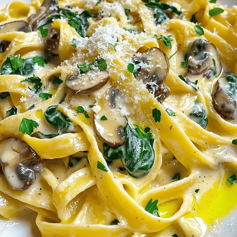 - 250g fettuccine or pasta of your choice - 2 tablespoons extra virgin olive oil - 1 medium onion, finely chopped - 2 cloves garlic, minced - 300g mixed mushrooms (button, cremini, shiitake), sliced - 200g fresh spinach leaves - 200ml heavy cream - 50g grated Parmesan cheese - Salt and freshly ground black pepper to taste - 1 teaspoon dried Italian herbs (such as basil and oregano) - Fresh parsley, chopped, for garnish For this creamy mushroom and spinach pasta, I've kept the ingredients simple yet delightful. Start with 250g of fettuccine or your favorite pasta. Fettuccine works well because its wide shape holds sauce nicely. Next, grab two tablespoons of extra virgin olive oil. This oil adds great flavor and helps cook the veggies. You need one medium onion, finely chopped, and two cloves of garlic, minced. They build the base of our dish with their inviting aroma. Mushrooms are a must! Use 300g of mixed mushrooms, like button, cremini, and shiitake. They add depth and umami to the sauce. For greens, 200g of fresh spinach leaves will give the dish a nice color and nutrition. For creaminess, we need 200ml of heavy cream and 50g of grated Parmesan cheese. These two ingredients create a rich, smooth sauce that coats the pasta perfectly. Finally, don’t forget salt and freshly cracked black pepper to taste. Add one teaspoon of dried Italian herbs for some extra flavor. To finish, sprinkle with fresh parsley for a touch of brightness. You can find the full recipe above to guide you through cooking this delightful dish! 1. Cooking the pasta to al dente: Start by bringing a large pot of salted water to a boil. Add 250g of fettuccine or your favorite pasta. Cook it as per package instructions until it reaches al dente. This means it should be firm to the bite. After cooking, save 1 cup of the pasta water. Drain the rest and set the pasta aside. 2. Sautéing the onion, garlic, and mushrooms: In a large skillet, heat 2 tablespoons of extra virgin olive oil over medium heat. Once hot, add 1 finely chopped medium onion. Cook it for about 3-4 minutes, until it becomes soft and translucent. Next, stir in 2 minced garlic cloves and 300g of sliced mixed mushrooms. Cook this mixture for about 5-7 minutes. You want the mushrooms to soften and turn golden brown. 3. Incorporating spinach and creating the sauce: Add 200g of fresh spinach leaves to the skillet. Stir gently until the spinach wilts, which takes about 2-3 minutes. Lower the heat and pour in 200ml of heavy cream. Stir well to combine everything. Then, add 50g of grated Parmesan cheese. Mix it until the cheese melts into the sauce. If the sauce seems too thick, add some reserved pasta water bit by bit until you reach the right consistency. Now, add the drained pasta to the creamy mushroom sauce in the skillet. Toss gently to coat the pasta evenly. Season with salt, freshly ground black pepper, and 1 teaspoon of dried Italian herbs, like basil or oregano. This enhances the flavor and makes every bite delicious. For a great presentation, serve the pasta in shallow bowls. Top each serving with a sprinkle of extra Parmesan cheese and some chopped fresh parsley for color. Drizzle a little extra virgin olive oil around the edges for added richness. This simple touch elevates the dish visually and adds flavor. Enjoy your beautiful and tasty creamy mushroom and spinach pasta! For the full recipe, check out the [Full Recipe]. To get the best pasta, cook it until it's just right. Al dente means it's firm. This adds a nice bite to your dish. Always add salt to the water for flavor. It should taste like the sea. Keep some water after cooking; this helps in making the sauce creamy. When you make the sauce, taste it! You want the cream and cheese to blend well. If it’s too thick, add some of that reserved pasta water. This gives you the perfect creamy texture. To make your dish pop, add herbs. Fresh basil, thyme, or parsley work great. Dried Italian herbs also add a nice touch. Just a teaspoon or two can change the whole dish. You can also play with the ingredients. Try adding sun-dried tomatoes for a tangy twist. Or, toss in some peas for a pop of color and sweetness. These small changes can make your creamy mushroom and spinach pasta even better. For the full recipe, refer to the earlier section. {{image_4}} For those who need gluten-free options, using gluten-free pasta works well. Many brands offer pasta made from rice, corn, or quinoa. These alternatives keep the dish tasty while being kind to your diet. If you prefer a vegan version, there are easy swaps for cream and cheese. Use coconut cream or cashew cream in place of heavy cream. Nutritional yeast makes a great substitute for Parmesan cheese. It adds a cheesy flavor without dairy. To boost the protein in your meal, try adding chicken or shrimp. Cook them separately, then mix them into the creamy sauce. This adds heartiness and makes the dish more filling. You can also play with seasonal vegetables. Adding asparagus in spring or butternut squash in fall can change the flavor profile. A sprinkle of red pepper flakes brings heat, while fresh herbs like basil or thyme can elevate the dish. For the full recipe, check out the guide above. To keep your creamy mushroom and spinach pasta fresh, first let it cool down. Leaving it out for about 30 minutes works well. This step prevents condensation inside the storage container. Next, choose an airtight container. Glass containers are great because they don’t absorb smells. You can store the pasta in the fridge for up to three days. If you want to keep it longer, freeze it for up to two months. Just remember to label the container with the date. When it’s time to eat again, reheating is key. The microwave is quick, but it can dry out your pasta. Instead, heat it in a skillet on low. Add a splash of water or cream to keep it creamy. Stir gently until it’s warm. If you’re using the microwave, cover the dish with a damp paper towel. This helps keep moisture in. With these tips, your pasta will taste almost as good as fresh! What types of mushrooms work best? I love using a mix of mushrooms for depth. Button, cremini, and shiitake mushrooms are my favorites. They add great flavor and texture. Feel free to use what you have on hand. Each type brings its unique taste to the dish. Can I prepare this dish in advance? Yes, you can make this dish ahead of time! Cook the pasta and sauce separately. Store them in airtight containers. When you're ready to eat, just reheat them together. Add a splash of water if the sauce is too thick. This keeps your meal fresh and delicious. How do I make the dish lighter in calories? To lighten this dish, swap heavy cream for a lighter option. Use half-and-half or cashew cream for a dairy-free choice. You can also cut down on the cheese. Adding more spinach and mushrooms boosts nutrition without adding many calories. These changes keep the flavor while making it healthier. For the full recipe, check out the detailed instructions above! This blog post explored how to make creamy mushroom and spinach pasta. We covered essential ingredients, cooking steps, and serving ideas. I shared tips for perfecting your dish and creative variations for all diets. Proper storage methods ensured you enjoy leftovers later. Remember, cooking is fun and full of opportunities to experiment. Use this guide to create a delicious meal that fits your taste. Now, gather your ingredients and get cooking!