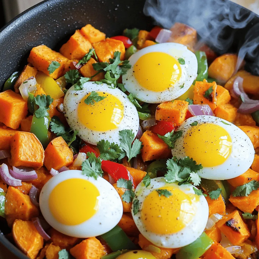 - 2 medium sweet potatoes, peeled and cut into ½-inch cubes - 1 red bell pepper, diced - 1 green bell pepper, diced - 1 small red onion, finely chopped - 2 cloves garlic, minced - 1 teaspoon smoked paprika - 1 teaspoon ground cumin - ½ teaspoon cayenne pepper (or adjust to your heat preference) - 4 large eggs - 2 tablespoons extra virgin olive oil - Salt and freshly ground black pepper to taste - Fresh cilantro or parsley, chopped for garnish Sweet potatoes are the star of this dish. They bring a nice, sweet flavor and creamy texture. Bell peppers add crunch and color, making the dish more inviting. Onion and garlic give a depth of flavor that makes the hash truly savory. Spices like smoked paprika and cumin bring warmth and earthiness. - Additional Vegetables (like zucchini or spinach) - Proteins (like bacon or sausage) - Cheese options (like feta or cheddar) Feel free to mix in other veggies you love. They can add more texture and taste. If you want extra protein, try adding bacon or sausage. Cheese can also enhance the flavor and creaminess. You can get creative and make this hash your own. For the full recipe, refer to the complete instructions above. Start by peeling the sweet potatoes. Use a good peeler for best results. After peeling, cut the sweet potatoes into ½-inch cubes. This size helps them cook evenly. Heat a large skillet over medium heat. Add 2 tablespoons of olive oil. Once the oil shimmers, add the sweet potato cubes. Season them with salt and pepper. Cook for about 10-12 minutes. Stir often until they are tender and slightly golden. Next, it's time to add more flavor. Chop 1 small red onion and 1 red bell pepper and 1 green bell pepper. After the sweet potatoes are soft, toss in the chopped vegetables. Stir everything together. Cook for another 5-7 minutes. This step helps the veggies soften and become fragrant. Then, add 2 cloves of minced garlic, 1 teaspoon of smoked paprika, 1 teaspoon of ground cumin, and ½ teaspoon of cayenne pepper. Stir well and let it cook for 1-2 minutes. The garlic should smell great but not burn. Now, create four small wells in the sweet potato mix using a spoon. Crack 4 large eggs into each well. Cover the skillet with a lid. Cook for about 4-6 minutes. This will make the eggs just right. You can adjust the time for runny or fully set yolks. When done, remove the skillet from heat. Garnish with fresh cilantro or parsley for extra flavor. For the full recipe, check out the complete guide. - Managing heat levels: Start with medium heat. This helps cook sweet potatoes evenly. If the heat is too high, the outside may burn before the inside cooks. Adjust as needed. - Stirring tips for even cooking: Stir the hash every few minutes. This ensures all sides of the sweet potatoes get nice and crispy. - Spice blends to try: Use smoked paprika for a rich taste. You can also mix in chili powder for a kick or add some Italian seasoning for a different twist. - Fresh herbs and garnishing ideas: Top with fresh cilantro or parsley. These herbs brighten up the dish and add freshness. You can also try green onions or chives for an oniony flavor. - Best side dishes to pair with: Serve with fresh fruit or a side salad. These add a nice contrast to the warm hash. You can also pair it with toast or avocado for extra nutrition. - Creative breakfast ideas: Serve the hash with poached eggs for extra richness. You can also add a dollop of yogurt or hot sauce for a fun twist. For a heartier meal, enjoy it with crispy bacon or sausage on the side. For the complete recipe, check out the Full Recipe section above. {{image_4}} You can add meat to your sweet potato hash for a heartier meal. Bacon or sausage works well. Just chop the meat into small pieces and cook it first. Once the meat is crispy, add the sweet potatoes. This gives the hash a savory depth. If you prefer a vegetarian option, try using tempeh or mushrooms. Both add great flavor and texture without meat. You can make healthy swaps in your sweet potato hash. Use low-fat cooking methods like baking instead of frying. This keeps the taste but cuts down on fat. For a gluten-free version, make sure to check all your ingredients. Most spices are gluten-free, so you are good to go. Just avoid adding bread or any gluten-containing items. Incorporate seasonal veggies to enhance your hash. In spring, add asparagus or peas for freshness. In fall, toss in roasted pumpkin or zucchini. You can also get festive for holidays. For a Thanksgiving twist, mix in cranberries or nuts. This adds fun flavors and makes your dish unique. To keep your sweet potato hash fresh, use airtight containers. Glass or plastic containers work well. Make sure to let the hash cool before sealing. Store it in the fridge for up to three days. You can also freeze it for up to three months. Just remember to label your containers. When reheating, avoid the microwave for best results. Instead, warm it in a skillet over low heat. Stir it gently to keep the texture nice. You can also add a splash of water to prevent it from drying out. If you have leftovers, consider using them in different meals. Try adding them to an omelet or a wrap. You could even toss them into a salad for a tasty twist. To make your sweet potato hash crispy, start with dry sweet potatoes. If they are wet, they won't crisp well. Cut them into small, even cubes to help them cook faster and brown evenly. Use a hot skillet and enough oil to coat the bottom. Cook without stirring too much to allow a crust to form. Flip the hash only when the edges look golden. Yes, you can make this dish ahead of time. Cook the sweet potato hash without the eggs. Cool it completely, then store it in an airtight container in the fridge for up to three days. When ready to eat, reheat in a skillet and add fresh eggs to cook. This method keeps the hash tasty and saves time. You can boost flavor by adding different spices, like chili powder or oregano. Fresh herbs like parsley or cilantro enhance freshness. You can also add toppings like avocado, cheese, or hot sauce for extra zing. If you want protein, consider adding cooked bacon or sausage. These additions can create new textures and flavors in your dish. For the complete recipe of Savory Sweet Potato Hash, check out the Full Recipe. To sum up, savory sweet potato hash is a versatile dish you can make your own. Start with essential ingredients like sweet potatoes, bell peppers, and spices. Then, customize it with optional veggies, proteins, or cheese. Follow the steps to prepare and cook, ensuring perfect flavor and texture. Use the tips to enhance taste and create unique variations. Lastly, proper storage and reheating tips keep leftovers enjoyable. Embrace your creativity and enjoy this hearty dish as a meal that suits any occasion.
