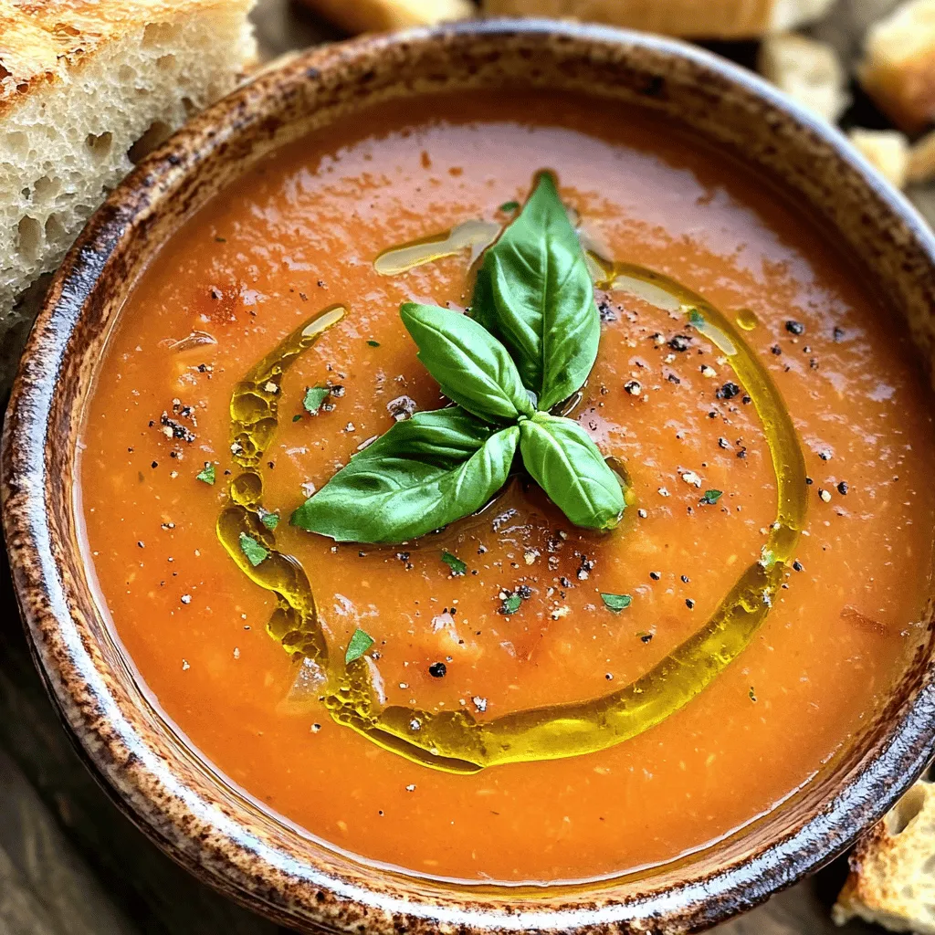 Fresh tomatoes are the heart of this soup. They bring sweetness and rich flavor. I love using ripe, juicy tomatoes. They give the soup a bright, vibrant color. Aromatic vegetables like onions and garlic add depth. Onions provide sweetness, while garlic gives a warm, earthy taste. Together, they make the base of this tasty soup. Olive oil is another key player. It adds richness and helps the flavors blend. Seasonings like salt and pepper enhance the taste, making each bite delicious. If you want a creamier soup, consider adding heavy cream. It creates a smooth texture and makes the soup feel luxe. Balsamic vinegar can boost the flavor even more. Just a splash adds a hint of sweetness and acidity. It balances the tomato's natural tartness nicely. For those with dietary needs, there are easy swaps. Use coconut cream instead of heavy cream for a vegan option. Ensure your broth is gluten-free to keep the soup friendly for all diets. For the full recipe, check out the complete instructions! First, preheat your oven to 400°F (200°C). This high heat helps to caramelize the tomatoes. Next, take your ripe tomatoes, quarter them, and place them on a large baking sheet. Quarter the onion and add it to the sheet as well. Scatter four unpeeled garlic cloves around the vegetables. This will give your soup a rich flavor. Drizzle two tablespoons of olive oil over everything. Then, sprinkle with salt, pepper, and one teaspoon of sugar. Gently toss the mixture to coat all the pieces evenly. Roast the vegetables in the oven for 30–35 minutes. You’ll know they are ready when the tomatoes burst and caramelize, and the onions become soft. The garlic will also have a sweet, roasted aroma. Once done, remove the baking sheet from the oven and let the vegetables cool slightly. After the vegetables cool, squeeze the roasted garlic from its skin into a blender or food processor. Add the roasted tomatoes and onions, including all the juices from the baking sheet. Pour in four cups of vegetable broth. Blend the mixture until smooth. If you like a chunkier soup, pulse the blender just a few times. This will give you a heartier texture. Pour the blended mixture into a large pot, and heat it over medium heat. Stir in one cup of fresh basil leaves and one tablespoon of balsamic vinegar if you want extra flavor. Let the soup simmer for 10–15 minutes. This helps the flavors mix well. If you want a creamier soup, add half a cup of heavy cream during the last few minutes of cooking. Taste it, and adjust the salt and pepper as needed. Enjoy your delicious roasted tomato basil soup! For the complete recipe, check out the [Full Recipe]. To boost the taste of your soup, you can adjust the seasonings. Try adding a pinch of red pepper flakes for heat. A sprinkle of smoked paprika adds a nice depth. You can also use herbs like thyme or oregano for a different twist. To add more depth, consider roasting your vegetables longer. This caramelizes the sugars in the tomatoes and onions. You can also drizzle balsamic vinegar before serving. This adds a sweet tang that makes the soup shine. Garnishing your soup makes it more appealing. Add a fresh basil sprig on top for a pop of color. A drizzle of high-quality olive oil right before serving looks great too. You might sprinkle some freshly cracked black pepper for a finishing touch. Pair your soup with crusty bread or crunchy croutons. These add a wonderful texture contrast. You can even make homemade croutons by toasting some bread with olive oil and herbs. This makes your meal feel special and cozy. The main ingredients in this soup offer great nutrition. Tomatoes are high in vitamins C and K. They also contain antioxidants that help fight free radicals. Onions and garlic boost your immune system and add flavor without extra calories. Fresh herbs, like basil, provide many benefits. They have anti-inflammatory properties and add vitamins. Eating fresh herbs also enhances your dish's flavor without added salt or fat. So, load up on those fresh basil leaves! {{image_4}} For a vegan version, you can swap out heavy cream. Instead, use coconut cream or cashew cream. These options add creaminess without dairy. You can even blend soaked cashews with water for a smooth texture. Add other ingredients to boost richness. Try using a splash of almond milk or a spoonful of nutritional yeast. This can add a cheesy flavor without any dairy. You can also include roasted red peppers for a sweet taste and vibrant color. When making a gluten-free soup, focus on your broth and seasonings. Always check labels to ensure your broth is gluten-free. You can use vegetable or chicken broth, depending on your taste. To keep the texture right in gluten-free soups, blend the ingredients well. Make sure to mix the roasted veggies with the broth until smooth. This will give you a nice mouthfeel and avoid any graininess. Want to make your soup stand out? Explore herbs and spices like thyme, oregano, or smoked paprika. These can add new layers of flavor to your dish. You can also add vegetables for texture. Try diced carrots, zucchini, or bell peppers. These give a nice bite and extra nutrients. Just roast them along with the tomatoes for a delightful mix. For the full recipe, check out the detailed steps to create your own delicious bowl of roasted tomato basil soup! To keep your roasted tomato basil soup fresh, store it properly. First, let the soup cool down to room temperature. Then, transfer it to an airtight container. You can refrigerate leftovers for up to five days. If you wish to save it longer, consider freezing it. Portion the soup into freezer-safe bags or containers. Label them with the date. When frozen, it can last for up to three months. Reheating your soup can be easy and fun. For the best flavor, use the stovetop. Pour the soup into a pot and heat it over medium heat. Stir often to avoid burning. If you prefer the microwave, use a microwave-safe bowl. Heat in short bursts, stirring in between, until warm. To keep the texture nice, avoid high heat. High heat can make the soup too thick or separate. If it thickens too much, add a splash of broth to loosen it up. Enjoy your warm soup with fresh bread or a sprinkle of basil on top! Making roasted tomato basil soup is fun and easy. Start by prepping your oven. Preheat it to 400°F (200°C). Next, gather your ingredients. You need ripe tomatoes, onion, garlic, olive oil, salt, pepper, sugar, vegetable broth, fresh basil, and optional balsamic vinegar and heavy cream. Arrange quartered tomatoes and onion on a baking sheet. Scatter unpeeled garlic cloves with them. Drizzle olive oil, then add salt, pepper, and sugar. Toss gently to coat. Roast the mixture for 30–35 minutes. Look for tomatoes to burst and onions to soften. Once done, let them cool a bit. Squeeze the roasted garlic out of its skin into a blender. Add the roasted tomatoes and onion. Pour in vegetable broth and blend until smooth. Heat the mixture in a pot, adding fresh basil and optional vinegar. Let it simmer for 10–15 minutes. If you like creaminess, stir in some heavy cream at the end. Taste and adjust seasoning as needed. You can find the Full Recipe for more details. Yes, you can use canned tomatoes! Canned tomatoes are handy and save time. They are often picked at peak ripeness, making them flavorful. However, fresh tomatoes provide a brighter taste and better texture. Canned tomatoes can have added salt or preservatives. Always check the label to avoid excess sodium. If you use canned, choose whole or diced tomatoes for the best results. Drain them if too watery. Roasted tomato basil soup pairs well with several sides. Try crusty bread for dipping. Grilled cheese sandwiches are a classic choice. You can also serve a simple green salad for freshness. For a complete meal, consider wine pairings. A light white wine, like Sauvignon Blanc, complements the soup nicely. If you prefer red, a light Pinot Noir works too. Enjoy your meal! In this article, we explored how to make roasted tomato basil soup. We discussed key ingredients like fresh tomatoes, onions, and garlic. You learned how to roast, blend, and adjust flavors for the best results. We also explored vegan and gluten-free options, along with storage tips. Roasted tomato basil soup is versatile and delicious. Enjoy experimenting with your own twists! Simple ingredients create rich flavors and warmth. Try it for comfort, and share with loved ones. Your kitchen will fill with wonderful aromas, making this a favorite dish.