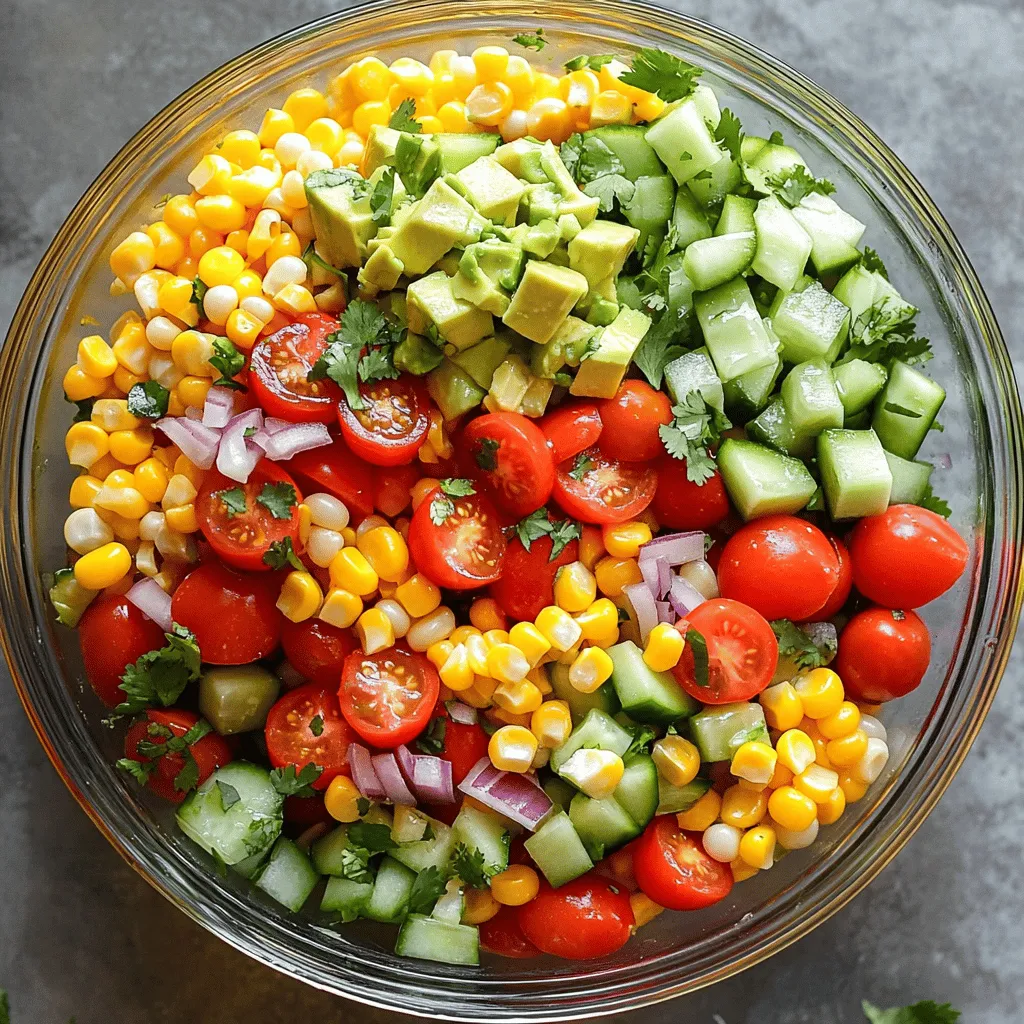 - Fresh sweet corn (4 ears) - Red bell pepper (1 large, diced) - Cherry tomatoes (1 cup, halved) - Red onion (1/2 cup, finely chopped) - Cucumber (1 cup, diced) - Fresh cilantro (1/4 cup, finely chopped) - Jalapeño (1, seeded and minced) - Fresh lime juice (3 tablespoons) - Extra virgin olive oil (2 tablespoons) - Salt and freshly cracked black pepper (to taste) - Ripe avocado (1, diced) Fresh corn is the star of this salad. I love using four ears because they bring sweetness. Choose bright yellow corn for the best flavor. The red bell pepper adds crunch and color. Cherry tomatoes bring juiciness and a pop of flavor. The red onion adds a sharp bite, while cucumber keeps things refreshing. A sprinkle of cilantro gives a fresh taste. If you want heat, add minced jalapeño. For the dressing, I use fresh lime juice and extra virgin olive oil. The lime juice adds tang, while the olive oil brings richness. I always season with salt and black pepper for balance. If you want to elevate this salad even more, add diced avocado as a topping. The avocado adds creaminess. It makes every bite more delicious. You can find the full recipe with instructions and tips that will guide you. Enjoy making your fresh corn salad! - Husk and clean ears of corn. - Boil corn for 5-7 minutes until tender. Start by taking the fresh sweet corn and removing the husks and silk. You want to expose those bright yellow kernels. Next, fill a large pot with water and bring it to a rolling boil. Once the water is boiling, add the corn. Let it cook for about 5-7 minutes. You want it tender but still crisp. - Cool corn and slice kernels off the cob. - Mix corn with diced vegetables in a large bowl. After boiling, drain the corn and let it cool for a few minutes. Once it's cool enough to handle, grab a sharp knife. Carefully slice the kernels off the cob. Make sure you get every kernel, as they add a lot of flavor. Next, take a large mixing bowl and add your corn along with the diced red bell pepper, halved cherry tomatoes, finely chopped red onion, diced cucumber, cilantro, and minced jalapeño. Stir everything gently to mix well. - Whisk together lime juice and olive oil. - Drizzle dressing over salad and toss. In a smaller bowl, whisk together the lime juice and olive oil. This dressing brings a bright flavor to the salad. Drizzle it over the mixed vegetables and corn. Toss everything gently to coat the ingredients evenly. Season with salt and pepper to taste. Let the salad sit for about 10 minutes. This helps the flavors come together beautifully. For the full recipe, check out the details above! To make your Fresh Corn Salad shine, adjust the jalapeño to your spice level. If you like heat, leave in some seeds. For a milder version, remove all seeds. Fresh ingredients boost flavor, so always choose ripe, seasonal produce. The sweeter the corn, the better the taste. Letting the salad sit for 10 minutes before serving helps meld the flavors. This waiting time is key. Serve the salad in a clear bowl. A clear bowl shows off the bright colors and makes it look more appealing. Fresh corn is full of vitamins and minerals. It provides fiber, which is great for digestion. Seasonal local produce adds freshness and taste. This salad not only delights your taste buds but also supports your health. Enjoy all the benefits by using a mix of colorful veggies. For the full recipe, check out the Sunny Fresh Corn Fiesta Salad. {{image_4}} You can make your fresh corn salad even heartier. Simply incorporate cooked black beans for a boost of protein. Grilled chicken adds a nice touch too. For a creamy finish, top your salad with crumbled feta or goat cheese. These options add flavor and make the dish more filling. To elevate the taste, add diced avocado. This creates a creamy texture that complements the crisp corn. You can also mix in sweet corn salsa for an extra zing. It gives the salad a fun twist that is hard to resist. Don’t hesitate to play with herbs. Fresh basil or parsley can change the flavor profile. You might also try flavored olive oils. They add a unique twist that enhances the salad's taste. Experimentation is key to making this dish your own. For the full recipe, refer to the [Full Recipe]. To keep your corn salad fresh, store it in an airtight container in the fridge. This will help lock in the flavors and keep it crisp. Consume leftovers within 2-3 days for optimal freshness. After this time, the taste may not be as vibrant. If you want to make this salad ahead of time, prepare the components separately. Chop the veggies and cook the corn, but wait to mix them until just before serving. Consider keeping the dressing on the side to prevent sogginess. This way, your salad will stay lively and flavorful. Freezing corn salad is not recommended. The texture of the vegetables can change, making them mushy when thawed. This dish is best enjoyed fresh to truly appreciate the flavors and crunch. So, whip it up and savor it right away! You can make this salad vegan by using a non-dairy dressing. You could also skip any cheese. Both options keep the dish tasty and fresh. Yes, you can use canned corn if you need to. However, fresh corn gives the best texture and flavor. The crunch of fresh corn adds to the salad's appeal. This salad pairs well with grilled meats like chicken or fish. It also makes a great light lunch. Feel free to enjoy it on its own as a refreshing snack. To keep avocado from browning, add it just before serving. Store cut avocado separately if you make the salad ahead of time. This keeps your salad looking fresh and beautiful. For the full recipe, check out the Sunny Fresh Corn Fiesta Salad. This blog post shared a fresh corn salad recipe packed with vibrant veggies. We covered the ingredients, including sweet corn, bell pepper, and cherry tomatoes. You learned how to prepare and combine these items, along with tips for flavor balance and optional toppings. Remember, enjoy this salad for its fresh taste and health benefits. By trying variations, like adding protein or different herbs, you can make it your own. Fresh salad is best enjoyed right away, so savor those flavors!
