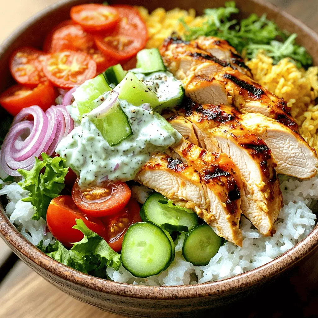 To make a tasty chicken gyro bowl, gather these key ingredients: - 2 cups cooked rice or quinoa - 2 chicken breasts, grilled and sliced into strips - 1 medium cucumber, diced into small pieces - 1 large tomato, diced into cubes - 1/2 red onion, thinly sliced for a mild flavor - 1 cup mixed greens (like lettuce, spinach, or arugula) - 1/2 cup creamy tzatziki sauce - 1 tablespoon extra virgin olive oil - 1 teaspoon dried oregano for that aromatic touch - Salt and black pepper to taste - Fresh parsley or dill, chopped, for garnish (optional) These ingredients bring great taste and texture to your bowl. The rice or quinoa serves as a hearty base. Grilled chicken adds protein and flavor. Fresh veggies give a nice crunch. Tzatziki sauce ties everything together with its creamy goodness. You can customize your chicken gyro bowl to fit your taste. Here are some optional ingredients: - Feta cheese for a salty kick - Bell peppers, diced for added color - Olives for a briny touch - Avocado for creaminess - Hot sauce for a spicy kick Feel free to mix and match these ingredients. This way, you can create a bowl that suits your mood or diet. When picking fresh produce, follow these tips: - Look for bright colors. They often mean better flavor. - Choose firm vegetables. Soft ones can mean they are overripe. - Check for blemishes or spots. Avoid any produce that looks damaged. - Smell the produce. Fresh vegetables should smell good, not sour. Fresh ingredients make your chicken gyro bowl even more delicious. Take time to choose the best items, and your meal will shine. For the complete recipe, check out the Full Recipe. Start by cooking the rice or quinoa. Follow the package directions for the best results. Once cooked, fluff it with a fork. This helps keep it light and tender. Set the base aside to cool slightly. You want it warm, not hot, for the bowl. Next, get your chicken ready. Coat the chicken breasts with olive oil, dried oregano, salt, and pepper. This mix adds great flavor. Preheat your grill or skillet over medium-high heat. Grill each breast for 6-7 minutes on both sides. Cook until the juices run clear. This means they are done. Let the chicken rest for a few minutes. Then, slice it into thin strips. Now comes the fun part—assembly! Take a serving bowl and start with the rice or quinoa. Spoon in a generous amount. Next, add the sliced grilled chicken on top. Then, layer the diced cucumber, diced tomatoes, and thinly sliced red onion. Make it look nice! Finally, pile on the mixed greens. Drizzle the tzatziki sauce all over the top. This sauce is key for flavor. For a touch of color, add chopped parsley or dill as a garnish. Enjoy your vibrant and tasty Chicken Gyro Bowl! For the complete guide, check the Full Recipe. To make your chicken tender, start with good quality meat. Choose fresh chicken breasts. Marinate them in olive oil, oregano, salt, and pepper. The oil keeps the chicken moist. Grill it on medium-high heat for about 6-7 minutes per side. Always let the chicken rest before slicing. This helps keep the juices inside. Layering your ingredients makes your gyro bowl look great and taste better. Start with a base of rice or quinoa. This gives structure to your bowl. Next, add the grilled chicken strips. Then, place the diced cucumber and tomatoes. Finally, top it with thin slices of red onion. This order keeps each bite balanced and flavorful. To boost the flavor of your chicken gyro bowl, add fresh herbs. Parsley or dill works well. You can also drizzle more tzatziki sauce on top. A squeeze of lemon juice adds a bright touch. For a spicy kick, try adding sliced jalapeños or hot sauce. Enjoy this tasty meal with your favorite side, like pita bread or a light salad. {{image_4}} You can easily replace chicken with grilled veggies. Use bell peppers, zucchini, and eggplant. Coat them in olive oil and spices before grilling. This gives you a tasty and colorful bowl. You can also use falafel for a protein boost. They add a nice crunch and flavor. For a gluten-free bowl, choose quinoa or cauliflower rice. Both options work great as a base. If you want a creamy tzatziki, check the label. Some store brands may have gluten. Making your own is best. Just mix Greek yogurt, cucumber, garlic, and dill. You can spice things up with unique flavors. Try adding a pinch of smoked paprika for depth. If you love heat, add some chili flakes to the chicken. For sauces, drizzle sriracha or garlic sauce for a kick. You can even try tahini for a nutty flavor. Each twist makes your chicken gyro bowl special and fun! To store your leftover chicken gyro bowl, place it in an airtight container. Make sure to cool the bowl to room temperature first. Store it in the fridge for up to three days. Keep the tzatziki sauce separate to maintain its creamy texture. When you're ready to eat, reheat the rice or quinoa in the microwave. Use a covered dish to help retain moisture. Heat it for one to two minutes, stirring halfway through. For the chicken, you can reheat it in a skillet over low heat. This helps keep the chicken juicy and warm. Yes, you can freeze chicken gyro bowls! Place the chicken and rice in a freezer-safe container. Leave out fresh veggies and tzatziki sauce. These do not freeze well. When you're ready to eat, thaw it in the fridge overnight and reheat as mentioned above. Enjoy your easy chicken gyro bowl whenever you want! For the full recipe, check it out above. Yes, you can use store-bought tzatziki sauce. It saves time and still tastes great. Just pick a brand you trust. Check the label for fresh ingredients. Homemade tzatziki is easy, but store-bought is a good choice when you’re busy. To make this dish for meal prep, follow these steps: - Cook the base: Prepare rice or quinoa in advance. - Grill the chicken: Cook several chicken breasts at once. Slice them after they cool. - Chop veggies: Cut cucumbers, tomatoes, and onions ahead of time. - Assemble bowls: Divide everything into meal prep containers. - Add sauce: Keep tzatziki sauce separate until serving. This keeps everything fresh. You can enjoy this meal throughout the week! If you want to swap rice or quinoa, try these options: - Cauliflower rice: A low-carb choice that adds fiber. - Couscous: Quick to cook and has a nice texture. - Lentils: Packed with protein and very filling. - Farro: A nutty grain for a chewy bite. Feel free to mix and match to find your favorite base! This blog post covered how to make a tasty chicken gyro bowl. We talked about key ingredients and how to prepare the dish step by step. I shared tips for tender chicken and creative variations for different diets. You can also store leftovers easily and reheat them well. Try making this meal your own. Enjoy fresh flavors and healthy ingredients. You will love how simple it is to create delicious chicken gyro bowls at home.