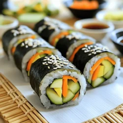 To make easy veggie sushi rolls, you need a few key ingredients. Here’s what you’ll need: - 2 cups sushi rice - 2 1/2 cups water - 4 tablespoons rice vinegar - 1 tablespoon sugar - 1 teaspoon salt - 4 sheets nori (seaweed) - 1 ripe avocado, sliced into thin pieces - 1 medium cucumber, julienned - 1 medium carrot, julienned - 1 bell pepper (any color), thinly sliced These ingredients create a tasty base for your rolls. Sushi rice is sticky, which helps hold everything together. Nori adds a nice flavor and texture. For extra flavor, consider these optional garnishes and sauces: - Soy sauce, for dipping - Pickled ginger, for garnish - Toasted sesame seeds, for garnish Using these can enhance your sushi experience. Soy sauce adds a salty kick, while pickled ginger cleanses the palate. If you don’t have all the fresh ingredients, don’t worry! You can substitute as needed. For example: - Use zucchini or radish in place of cucumber. - Try using cooked sweet potato instead of avocado. - If you can’t find nori, you can use rice paper. These swaps can keep your sushi fun and fresh! Be creative and use what you have. I always encourage experimenting with flavors. To make great sushi, you need good rice. Start by rinsing the sushi rice under cold water. Use a fine-mesh sieve, and rinse until the water runs clear. This helps remove excess starch. Next, add the rinsed rice and 2 1/2 cups of water to a medium saucepan. Heat it over medium heat until it boils. Once it boils, lower the heat and cover the pan. Let it simmer for about 20 minutes. The rice should be tender and all the water should be absorbed. While the rice cooks, mix the rice vinegar, sugar, and salt in a small bowl. Stir until both the sugar and salt dissolve. Once the rice is done, remove it from heat and let it sit for 10 minutes. Then, transfer it to a large bowl. Gently fold in the vinegar mixture with a wooden spatula. Allow the rice to cool to room temperature. Get a bamboo sushi mat and place it on a clean surface. Take one sheet of nori and lay it shiny side down on the mat. Wet your hands to keep the rice from sticking. Grab a handful of cooled sushi rice and spread it evenly over the nori, leaving about 1 inch of space at the top. Now, add your veggies! Layer the avocado, cucumber, carrot, and bell pepper in a line across the middle. Be creative with your colors! Start rolling the sushi from the edge of the mat closest to you. Roll it away from you while applying gentle pressure. When you reach the exposed edge of the nori, wet it with a bit of water to seal the roll. Use a sharp knife to slice the sushi into bite-sized pieces. To keep your cuts clean, wipe the knife with a damp cloth between slices. Repeat this rolling process with the remaining nori and filling. Once all rolls are sliced, you can garnish them with toasted sesame seeds if desired. Serve with soy sauce and pickled ginger for dipping. For a nice presentation, arrange the sushi on a decorative platter. Rolling sushi may seem tricky, but it’s simple with practice. Here are some tips: - Wet your hands: This prevents rice from sticking to your fingers. - Use a bamboo mat: It helps shape the roll evenly. - Apply gentle pressure: This keeps the filling inside without squishing it. - Leave space at the top: This helps seal the roll. Selecting quality ingredients makes a big difference. For nori: - Look for shiny sheets: They should feel crisp and fresh. - Check for a dark green color: This indicates good quality. For rice: - Use short-grain sushi rice: It sticks well and has the right texture. - Rinse the rice: This removes excess starch for better results. Fresh ingredients enhance the flavor of your sushi. Here’s how to keep them fresh: - Store veggies in the fridge: Keep them in a sealed bag to retain moisture. - Buy ripe avocado: It should yield slightly when pressed. - Use the rice soon after cooking: Let it cool, but use it the same day for best taste. For more details, check the Full Recipe. {{image_4}} You can mix and match many veggies for your sushi. Try using: - Spinach or kale for greens - Radishes for crunch - Sweet potatoes for a sweet touch - Zucchini for a mild flavor - Asparagus for a spring taste These options add color and fun to your rolls. Making vegan sushi is easy! All the main ingredients are plant-based. For gluten-free options, choose gluten-free soy sauce. You can also use tamari sauce. This keeps your sushi safe for those with gluten issues. Always check labels to avoid hidden gluten. You can create unique flavors with simple swaps. Think of adding: - Creamy hummus instead of rice - Spicy sriracha for a kick - Fresh herbs like cilantro for zest - Mango or pineapple for sweetness These new flavors can change your sushi experience! For more ideas, check the Full Recipe. To store leftover sushi rolls, wrap them tightly in plastic wrap. This keeps them fresh and prevents drying out. Place the wrapped rolls in an airtight container. Store them in the fridge for up to 24 hours. If you leave them too long, the rice will harden. Keep your veggies crisp by storing them in a cool place. Place sliced avocado in a bowl with a splash of lemon juice to stop browning. Store cucumbers and carrots in a sealed bag or container. This keeps them fresh for your next sushi making session. Sushi is best fresh, but you can enjoy leftovers. If you want to eat them warm, use a microwave. Place sushi on a plate, cover it with a damp paper towel, and heat for 10-15 seconds. This helps soften the rice without drying it out. Enjoy with soy sauce or your favorite dipping sauce. For the full recipe, refer back to the beginning of this article. To keep sushi rice from sticking, rinse it well. Use cold water until it runs clear. This removes excess starch. Once cooked, let the rice cool. Wet your hands before handling the rice. This simple step helps you avoid sticky fingers. Yes, a bamboo mat is great for all sushi types. You can use it for veggie rolls, fish rolls, or even dessert sushi. The mat helps create a tight roll. Just remember to cover it with plastic wrap for easy cleaning. If you can’t find nori, you have options. You can use large lettuce leaves or rice paper. Both work well for rolling. Lettuce gives a fresh crunch, while rice paper adds a chewy texture. These choices make sushi fun and versatile. You now have the tools to make easy veggie sushi rolls at home. We explored essential ingredients, from rice to optional sauces, and I shared steps from preparation to serving. Remember the tips for rolling and ingredient freshness to improve your rolls. Try different fillings and variations to keep it fun. Finally, learn how to store and enjoy your creations later. With these insights, you can enjoy delicious sushi anytime. Dive in and get creative with your next roll!