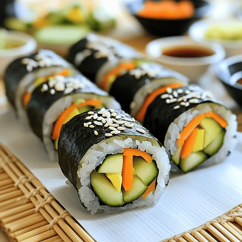 To make easy veggie sushi rolls, you need a few key ingredients. Here’s what you’ll need: - 2 cups sushi rice - 2 1/2 cups water - 4 tablespoons rice vinegar - 1 tablespoon sugar - 1 teaspoon salt - 4 sheets nori (seaweed) - 1 ripe avocado, sliced into thin pieces - 1 medium cucumber, julienned - 1 medium carrot, julienned - 1 bell pepper (any color), thinly sliced These ingredients create a tasty base for your rolls. Sushi rice is sticky, which helps hold everything together. Nori adds a nice flavor and texture. For extra flavor, consider these optional garnishes and sauces: - Soy sauce, for dipping - Pickled ginger, for garnish - Toasted sesame seeds, for garnish Using these can enhance your sushi experience. Soy sauce adds a salty kick, while pickled ginger cleanses the palate. If you don’t have all the fresh ingredients, don’t worry! You can substitute as needed. For example: - Use zucchini or radish in place of cucumber. - Try using cooked sweet potato instead of avocado. - If you can’t find nori, you can use rice paper. These swaps can keep your sushi fun and fresh! Be creative and use what you have. I always encourage experimenting with flavors. To make great sushi, you need good rice. Start by rinsing the sushi rice under cold water. Use a fine-mesh sieve, and rinse until the water runs clear. This helps remove excess starch. Next, add the rinsed rice and 2 1/2 cups of water to a medium saucepan. Heat it over medium heat until it boils. Once it boils, lower the heat and cover the pan. Let it simmer for about 20 minutes. The rice should be tender and all the water should be absorbed. While the rice cooks, mix the rice vinegar, sugar, and salt in a small bowl. Stir until both the sugar and salt dissolve. Once the rice is done, remove it from heat and let it sit for 10 minutes. Then, transfer it to a large bowl. Gently fold in the vinegar mixture with a wooden spatula. Allow the rice to cool to room temperature. Get a bamboo sushi mat and place it on a clean surface. Take one sheet of nori and lay it shiny side down on the mat. Wet your hands to keep the rice from sticking. Grab a handful of cooled sushi rice and spread it evenly over the nori, leaving about 1 inch of space at the top. Now, add your veggies! Layer the avocado, cucumber, carrot, and bell pepper in a line across the middle. Be creative with your colors! Start rolling the sushi from the edge of the mat closest to you. Roll it away from you while applying gentle pressure. When you reach the exposed edge of the nori, wet it with a bit of water to seal the roll. Use a sharp knife to slice the sushi into bite-sized pieces. To keep your cuts clean, wipe the knife with a damp cloth between slices. Repeat this rolling process with the remaining nori and filling. Once all rolls are sliced, you can garnish them with toasted sesame seeds if desired. Serve with soy sauce and pickled ginger for dipping. For a nice presentation, arrange the sushi on a decorative platter. Rolling sushi may seem tricky, but it’s simple with practice. Here are some tips: - Wet your hands: This prevents rice from sticking to your fingers. - Use a bamboo mat: It helps shape the roll evenly. - Apply gentle pressure: This keeps the filling inside without squishing it. - Leave space at the top: This helps seal the roll. Selecting quality ingredients makes a big difference. For nori: - Look for shiny sheets: They should feel crisp and fresh. - Check for a dark green color: This indicates good quality. For rice: - Use short-grain sushi rice: It sticks well and has the right texture. - Rinse the rice: This removes excess starch for better results. Fresh ingredients enhance the flavor of your sushi. Here’s how to keep them fresh: - Store veggies in the fridge: Keep them in a sealed bag to retain moisture. - Buy ripe avocado: It should yield slightly when pressed. - Use the rice soon after cooking: Let it cool, but use it the same day for best taste. For more details, check the Full Recipe. {{image_4}} You can mix and match many veggies for your sushi. Try using: - Spinach or kale for greens - Radishes for crunch - Sweet potatoes for a sweet touch - Zucchini for a mild flavor - Asparagus for a spring taste These options add color and fun to your rolls. Making vegan sushi is easy! All the main ingredients are plant-based. For gluten-free options, choose gluten-free soy sauce. You can also use tamari sauce. This keeps your sushi safe for those with gluten issues. Always check labels to avoid hidden gluten. You can create unique flavors with simple swaps. Think of adding: - Creamy hummus instead of rice - Spicy sriracha for a kick - Fresh herbs like cilantro for zest - Mango or pineapple for sweetness These new flavors can change your sushi experience! For more ideas, check the Full Recipe. To store leftover sushi rolls, wrap them tightly in plastic wrap. This keeps them fresh and prevents drying out. Place the wrapped rolls in an airtight container. Store them in the fridge for up to 24 hours. If you leave them too long, the rice will harden. Keep your veggies crisp by storing them in a cool place. Place sliced avocado in a bowl with a splash of lemon juice to stop browning. Store cucumbers and carrots in a sealed bag or container. This keeps them fresh for your next sushi making session. Sushi is best fresh, but you can enjoy leftovers. If you want to eat them warm, use a microwave. Place sushi on a plate, cover it with a damp paper towel, and heat for 10-15 seconds. This helps soften the rice without drying it out. Enjoy with soy sauce or your favorite dipping sauce. For the full recipe, refer back to the beginning of this article. To keep sushi rice from sticking, rinse it well. Use cold water until it runs clear. This removes excess starch. Once cooked, let the rice cool. Wet your hands before handling the rice. This simple step helps you avoid sticky fingers. Yes, a bamboo mat is great for all sushi types. You can use it for veggie rolls, fish rolls, or even dessert sushi. The mat helps create a tight roll. Just remember to cover it with plastic wrap for easy cleaning. If you can’t find nori, you have options. You can use large lettuce leaves or rice paper. Both work well for rolling. Lettuce gives a fresh crunch, while rice paper adds a chewy texture. These choices make sushi fun and versatile. You now have the tools to make easy veggie sushi rolls at home. We explored essential ingredients, from rice to optional sauces, and I shared steps from preparation to serving. Remember the tips for rolling and ingredient freshness to improve your rolls. Try different fillings and variations to keep it fun. Finally, learn how to store and enjoy your creations later. With these insights, you can enjoy delicious sushi anytime. Dive in and get creative with your next roll!