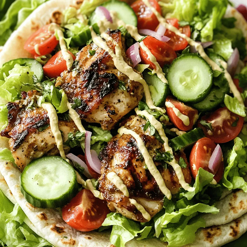 To create these delicious wraps, you need fresh and flavorful items. Here’s what you’ll need: - 1 lb boneless, skinless chicken thighs - 4 large pita or flatbreads - 1 cup fresh lettuce, shredded - 1 medium ripe tomato, diced - 1/2 cucumber, thinly sliced - 1/4 red onion, finely sliced These ingredients form the base of your wraps. The chicken thighs are juicy and perfect for grilling. The marinade is key to great flavor. It makes the chicken tender and tasty. Gather these ingredients: - 2 tablespoons extra virgin olive oil - 2 teaspoons ground cumin - 2 teaspoons ground coriander - 1 teaspoon smoked paprika - 1 teaspoon garlic powder - 1 teaspoon onion powder - 1/2 teaspoon cayenne pepper (adjust for desired spiciness) - Sea salt and fresh black pepper, to taste Mix these ingredients to create a rich marinade. It will make your chicken shine with flavor. Fresh toppings add crunch and brightness. You can use any or all of these items: - Shredded lettuce - Diced tomatoes - Thinly sliced cucumbers - Finely sliced red onions - 1/2 cup tahini sauce or garlic yogurt sauce for drizzling These toppings give each bite a burst of freshness. They balance the warm, spiced chicken. For the full recipe, check the details above. To make the marinade, start by gathering your ingredients. You need olive oil, ground cumin, ground coriander, smoked paprika, garlic powder, onion powder, cayenne pepper, sea salt, and black pepper. In a mixing bowl, whisk together the olive oil and spices. This mix adds depth and aroma to your chicken. Next, take your boneless chicken thighs and add them to the bowl. Make sure each piece is fully coated in the marinade. Cover the bowl with plastic wrap and place it in the fridge. Let it marinate for at least 30 minutes, but two hours is best. This waiting time helps the flavors sink in. Preheat your grill or skillet to medium-high heat. Once hot, add the marinated chicken thighs. Cook for 6-7 minutes on each side. The chicken is ready when it is no longer pink in the center. Remove it from heat and let it rest for 5 minutes. This resting time keeps the chicken juicy. After resting, slice the chicken thinly against the grain. Warm your pita or flatbreads for a few seconds on the grill. Start assembling by placing shredded lettuce on each bread. Add diced tomatoes, cucumber slices, and sliced red onions. Top with the sliced chicken. Finish with a drizzle of tahini or garlic yogurt sauce. Roll the wraps tightly, tucking in the ends. Serve immediately or wrap in parchment for later. Enjoy your delicious meal! For the full recipe, check the section above. To get tender chicken, start with the right cut. I prefer boneless, skinless chicken thighs. They stay juicy and cook well. Marinate them for at least 30 minutes. Use a mix of olive oil and spices for flavor. The oil helps keep moisture in. When cooking, don’t rush it. Cook the chicken over medium-high heat. This gives a nice char while keeping it tender. After cooking, let the chicken rest for 5 minutes. This helps the juices stay inside. Then slice it thin against the grain. Wrapping your chicken shawarma properly is key. Start with a warm pita or flatbread. This way, it bends without tearing. Lay down a good amount of shredded lettuce first. Then add your toppings like tomatoes and cucumbers. Place the sliced chicken on top. Don’t overfill your wrap; it will be hard to roll. Start at one end and fold in the sides. Roll it tightly to keep everything inside. If you want, wrap it in parchment paper for easy eating later. Presentation matters when serving your wraps. Use a colorful plate to make your meal pop. Add fresh herbs like parsley or cilantro on top for a nice touch. Serve with extra tahini or garlic yogurt sauce on the side. This gives people a chance to add more flavor. For a fun twist, add some pickles or olives around the plate. It makes the meal look fancy and inviting. Enjoy your delicious chicken shawarma wraps! You can find the full recipe to make this tasty dish at home. {{image_4}} You can easily swap chicken for other meats. Try beef or lamb for a bold taste. Both of these options work well with the spices. If you prefer seafood, shrimp is a great choice. You can also use tofu for a tasty vegetarian option. Just marinate it like the chicken for full flavor. While tahini and garlic yogurt sauce are popular, you can mix it up. Try a spicy harissa sauce for a kick. Or, use a creamy ranch dressing for a milder taste. Hummus can also be a great spread. It adds creaminess and flavor without extra prep. Each sauce brings its own twist to your wraps. Toppings can elevate your wraps. Consider adding pickled vegetables for crunch and tang. Feta cheese crumbles add a nice salty flavor. Fresh herbs like mint or cilantro brighten each bite. You can also use olives for a briny touch. These extras create a unique shawarma experience every time. For the full recipe, check out the earlier sections. After enjoying your chicken shawarma wraps, save any leftovers. Wrap each shawarma tightly in plastic wrap or foil. Place them in an airtight container. Store them in the fridge for up to three days. This keeps the flavors fresh and the ingredients safe. To reheat your wraps, start with the oven. Preheat it to 350°F (175°C). Remove the wrap from the fridge. Wrap it in foil to keep it moist. Heat for about 10-15 minutes. You can also use a skillet. Heat it over medium heat. Cook for about 3-4 minutes on each side. This helps to crisp up the wrap while warming the chicken. If you want to prep ahead, freezing is a great option. First, let the cooked chicken cool completely. Slice it and place it in a freezer-safe bag. Remove as much air as possible. Store your chicken for up to three months. To enjoy, thaw it in the fridge overnight. Reheat it as described above. For best results, freeze the chicken and toppings separately. This way, your wraps stay fresh and tasty. For the full recipe, check back to make the most of your meal! Chicken Shawarma comes from the Middle East. It is a popular street food. The dish features marinated meat cooked on a vertical rotisserie. People often eat it in wraps with fresh veggies and sauce. Shawarma has roots in many cultures, but it became famous in Lebanon and Turkey. Yes, you can make this recipe ahead of time. You can marinate the chicken the night before. This helps the flavors soak into the meat. You can also chop the veggies and store them in the fridge. Just assemble the wraps when you are ready to eat. Absolutely! You can make a vegetarian version using mushrooms or eggplant. These veggies soak up flavors well. You can also use chickpeas for added protein. Just follow the same marinade and serve with the same fresh toppings. To make the recipe spicier, add more cayenne pepper. You can also include chopped fresh chili peppers. Another option is using spicy sauce as a drizzle. Adjust the spice level to your taste for a kick! For the full recipe, check out the detailed instructions above. You now have a complete guide on easy chicken shawarma wraps. We covered the key ingredients, marinade, and fresh toppings. You learned step-by-step what to do, from preparing to serving. I shared tips for the best chicken and how to wrap it nicely. Think about trying variations with different meats and sauces. Remember, storing and reheating leftovers is simple. Enjoy making this tasty dish, and feel free to get creative with your toppings!