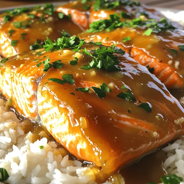 - 4 salmon fillets - 1/4 cup brown sugar - 2 tablespoons soy sauce - 2 tablespoons Dijon mustard - 1 tablespoon olive oil, plus extra for cooking - 2 cloves garlic, finely minced - 1 teaspoon fresh ginger, grated - Salt and freshly ground black pepper to taste - Fresh parsley, roughly chopped (for garnish) This dish features simple, fresh ingredients that blend beautifully. Each ingredient plays a key role in creating a tasty meal. The salmon fillets serve as the star of the dish, providing a rich, flaky texture. Brown sugar adds sweetness and a nice glaze. Soy sauce gives depth and umami flavor. Dijon mustard adds a bit of zest, balancing the sweetness. Olive oil helps to cook the salmon while adding healthy fats. Garlic and ginger provide aromatic notes that enhance the flavor. Seasoning with salt and black pepper is important. It brings all the flavors together. Finally, fresh parsley adds a pop of color and freshness to the finished dish. I recommend using high-quality salmon for the best taste. Freshness matters greatly, so look for fillets that are firm and moist. You can find these ingredients at any grocery store. If you want to explore more about the cooking process, check out the Full Recipe for detailed steps. First, grab a mixing bowl. You will whisk together the glaze ingredients. Use 1/4 cup of brown sugar, 2 tablespoons of soy sauce, 2 tablespoons of Dijon mustard, 1 tablespoon of olive oil, 2 minced garlic cloves, and 1 teaspoon of grated ginger. Whisk until the mixture is smooth. Make sure the sugar dissolves well for sweetness. This glaze will add a tasty layer to your salmon. Next, it’s time to season the salmon. Take 4 salmon fillets and sprinkle salt and pepper evenly on both sides. Seasoning helps enhance the flavor. It ensures every bite of your salmon is full of taste. Don't skip this step; it makes a big difference! Now, heat a large skillet over medium heat. Add a drizzle of olive oil to coat the bottom. Wait until the oil shimmers but does not smoke. Carefully place the salmon in the skillet skin-side down. Sear for about 4-5 minutes until the skin is crispy and golden. Then, gently flip the fillets using a spatula. Immediately pour the brown sugar glaze over the top. Cook for another 3-4 minutes. Baste the salmon with the glaze to keep it moist and flavorful. The salmon will be done when it is opaque and flakes easily. The glaze should thicken and caramelize beautifully. Enjoy this delicious dish from the [Full Recipe]. To get that nice caramelized look on the salmon, cook the glaze for about 3-4 minutes. This time allows the sugars to melt and form a rich coating. You want to see bubbles, which means the glaze is thickening. Basting is key to flavor. Use a spoon to drizzle the glaze over the salmon as it cooks. This adds flavor and helps the glaze stick. The best temperature for cooked salmon is 145°F. Use a meat thermometer to check. This ensures it is safe to eat and still juicy. To avoid overcooking, keep an eye on it as it cooks. Salmon cooks fast, so don't walk away. When it flakes easily with a fork, it's done. For a beautiful plate, serve the salmon on a bed of steamed rice or colorful roasted veggies. This adds both flavor and color. Drizzle any leftover glaze on top for shine and taste. Finish with fresh parsley for a pop of green. These small touches make your dish look gourmet! {{image_4}} You can use more than just fillets for this recipe. Salmon steaks work well too. They have a thicker cut and stay juicy. You can even cook a whole salmon. Just adjust the cooking time. Whole salmon has a unique flavor and looks great on a table. Want to switch it up? Try adding citrus like orange or lemon. Just squeeze some juice into the glaze. It adds a bright note. Fresh herbs like dill or cilantro also work well. They bring a fresh taste. If you like it sweet, add more brown sugar. For a kick, add red pepper flakes or a dash of hot sauce. Adjust the glaze to fit your taste and mood. Pair your salmon with tasty sides. A mixed green salad is always a hit. You can add cherry tomatoes and cucumber for crunch. Roasted vegetables like asparagus or carrots are also great. They bring color and flavor. For something hearty, serve it with rice or quinoa. These sides balance the sweetness of the salmon. They make your meal complete. To store cooked salmon leftovers, let the salmon cool first. Place the salmon in an airtight container. Make sure to seal it well to keep out air. You can store it in the fridge for up to three days. Keep the salmon away from strong-smelling foods to avoid unwanted flavors. You can freeze pre-cooked salmon for longer storage. Wrap each fillet tightly in plastic wrap, then place it in a freezer bag. Remove as much air as possible before sealing. Frozen salmon can last for about three months. To reheat frozen salmon, thaw it in the fridge overnight. Then, you can warm it in the oven for about 10-15 minutes at 350°F (175°C). Salmon stays fresh in the fridge for about three days. If you freeze it, it lasts up to three months. Always check for signs of spoilage before cooking or eating. If it smells off or looks discolored, it's best to discard it. To enhance the flavor, try adding a splash of citrus juice. Lemon or lime juice can brighten the dish. You can also use fresh herbs like thyme or cilantro. A touch of chili flakes adds heat if you like spice. Marinades can also add depth. For a twist, mix honey and soy sauce for a new glaze. Yes, you can use white sugar or coconut sugar. Each sugar gives a unique taste. White sugar will create a sweeter glaze, while coconut sugar adds a hint of caramel. Try maple syrup for a different sweet flavor, too. Just keep in mind that the texture may change slightly. Pair the salmon with a light white wine, like Sauvignon Blanc. It complements the sweet glaze well. For sides, consider roasted vegetables or a fresh salad. Steamed rice or quinoa also works great. These sides balance the rich flavors of the salmon. Brown sugar glazed salmon offers many health benefits. Salmon is rich in omega-3 fatty acids, which are good for your heart. It also provides high-quality protein. However, be mindful of the sugar content. Enjoy it in moderation for a balanced meal. Yes, you can prepare the glaze in advance. Store it in an airtight container in the fridge. It will stay fresh for up to three days. When ready to use, reheat it on low heat. This saves time on busy days and keeps your meal prep simple. For the full recipe, check out the complete guide. To sum up, we've covered how to make a delicious Brown Sugar Glazed Salmon. You learned about the key ingredients, step-by-step cooking instructions, and helpful tips for perfecting the dish. We also discussed variations, storage methods, and answered common questions. This dish is not only tasty but also easy to prepare. Try it out and enjoy the flavors. You can impress others with your cooking skills and creativity.