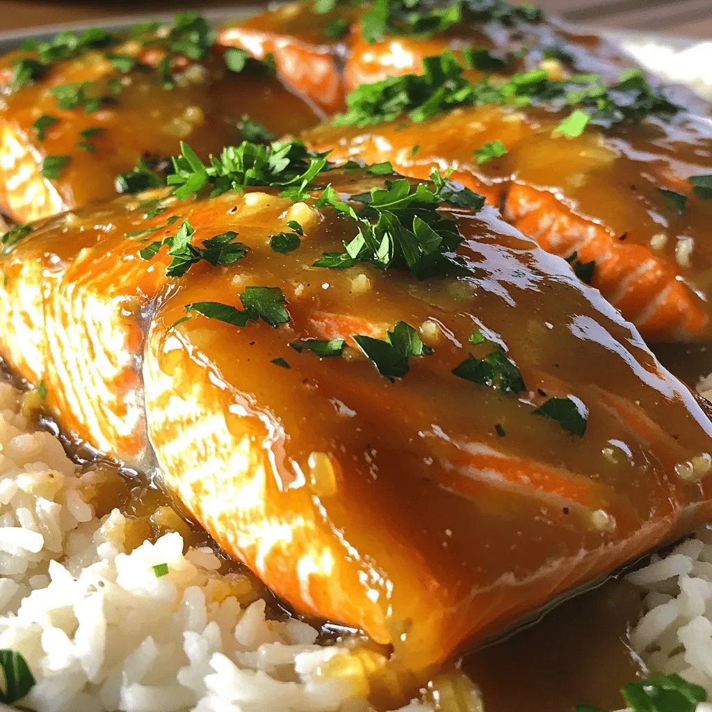 - 4 salmon fillets - 1/4 cup brown sugar - 2 tablespoons soy sauce - 2 tablespoons Dijon mustard - 1 tablespoon olive oil, plus extra for cooking - 2 cloves garlic, finely minced - 1 teaspoon fresh ginger, grated - Salt and freshly ground black pepper to taste - Fresh parsley, roughly chopped (for garnish) This dish features simple, fresh ingredients that blend beautifully. Each ingredient plays a key role in creating a tasty meal. The salmon fillets serve as the star of the dish, providing a rich, flaky texture. Brown sugar adds sweetness and a nice glaze. Soy sauce gives depth and umami flavor. Dijon mustard adds a bit of zest, balancing the sweetness. Olive oil helps to cook the salmon while adding healthy fats. Garlic and ginger provide aromatic notes that enhance the flavor. Seasoning with salt and black pepper is important. It brings all the flavors together. Finally, fresh parsley adds a pop of color and freshness to the finished dish. I recommend using high-quality salmon for the best taste. Freshness matters greatly, so look for fillets that are firm and moist. You can find these ingredients at any grocery store. If you want to explore more about the cooking process, check out the Full Recipe for detailed steps. First, grab a mixing bowl. You will whisk together the glaze ingredients. Use 1/4 cup of brown sugar, 2 tablespoons of soy sauce, 2 tablespoons of Dijon mustard, 1 tablespoon of olive oil, 2 minced garlic cloves, and 1 teaspoon of grated ginger. Whisk until the mixture is smooth. Make sure the sugar dissolves well for sweetness. This glaze will add a tasty layer to your salmon. Next, it’s time to season the salmon. Take 4 salmon fillets and sprinkle salt and pepper evenly on both sides. Seasoning helps enhance the flavor. It ensures every bite of your salmon is full of taste. Don't skip this step; it makes a big difference! Now, heat a large skillet over medium heat. Add a drizzle of olive oil to coat the bottom. Wait until the oil shimmers but does not smoke. Carefully place the salmon in the skillet skin-side down. Sear for about 4-5 minutes until the skin is crispy and golden. Then, gently flip the fillets using a spatula. Immediately pour the brown sugar glaze over the top. Cook for another 3-4 minutes. Baste the salmon with the glaze to keep it moist and flavorful. The salmon will be done when it is opaque and flakes easily. The glaze should thicken and caramelize beautifully. Enjoy this delicious dish from the [Full Recipe]. To get that nice caramelized look on the salmon, cook the glaze for about 3-4 minutes. This time allows the sugars to melt and form a rich coating. You want to see bubbles, which means the glaze is thickening. Basting is key to flavor. Use a spoon to drizzle the glaze over the salmon as it cooks. This adds flavor and helps the glaze stick. The best temperature for cooked salmon is 145°F. Use a meat thermometer to check. This ensures it is safe to eat and still juicy. To avoid overcooking, keep an eye on it as it cooks. Salmon cooks fast, so don't walk away. When it flakes easily with a fork, it's done. For a beautiful plate, serve the salmon on a bed of steamed rice or colorful roasted veggies. This adds both flavor and color. Drizzle any leftover glaze on top for shine and taste. Finish with fresh parsley for a pop of green. These small touches make your dish look gourmet! {{image_4}} You can use more than just fillets for this recipe. Salmon steaks work well too. They have a thicker cut and stay juicy. You can even cook a whole salmon. Just adjust the cooking time. Whole salmon has a unique flavor and looks great on a table. Want to switch it up? Try adding citrus like orange or lemon. Just squeeze some juice into the glaze. It adds a bright note. Fresh herbs like dill or cilantro also work well. They bring a fresh taste. If you like it sweet, add more brown sugar. For a kick, add red pepper flakes or a dash of hot sauce. Adjust the glaze to fit your taste and mood. Pair your salmon with tasty sides. A mixed green salad is always a hit. You can add cherry tomatoes and cucumber for crunch. Roasted vegetables like asparagus or carrots are also great. They bring color and flavor. For something hearty, serve it with rice or quinoa. These sides balance the sweetness of the salmon. They make your meal complete. To store cooked salmon leftovers, let the salmon cool first. Place the salmon in an airtight container. Make sure to seal it well to keep out air. You can store it in the fridge for up to three days. Keep the salmon away from strong-smelling foods to avoid unwanted flavors. You can freeze pre-cooked salmon for longer storage. Wrap each fillet tightly in plastic wrap, then place it in a freezer bag. Remove as much air as possible before sealing. Frozen salmon can last for about three months. To reheat frozen salmon, thaw it in the fridge overnight. Then, you can warm it in the oven for about 10-15 minutes at 350°F (175°C). Salmon stays fresh in the fridge for about three days. If you freeze it, it lasts up to three months. Always check for signs of spoilage before cooking or eating. If it smells off or looks discolored, it's best to discard it. To enhance the flavor, try adding a splash of citrus juice. Lemon or lime juice can brighten the dish. You can also use fresh herbs like thyme or cilantro. A touch of chili flakes adds heat if you like spice. Marinades can also add depth. For a twist, mix honey and soy sauce for a new glaze. Yes, you can use white sugar or coconut sugar. Each sugar gives a unique taste. White sugar will create a sweeter glaze, while coconut sugar adds a hint of caramel. Try maple syrup for a different sweet flavor, too. Just keep in mind that the texture may change slightly. Pair the salmon with a light white wine, like Sauvignon Blanc. It complements the sweet glaze well. For sides, consider roasted vegetables or a fresh salad. Steamed rice or quinoa also works great. These sides balance the rich flavors of the salmon. Brown sugar glazed salmon offers many health benefits. Salmon is rich in omega-3 fatty acids, which are good for your heart. It also provides high-quality protein. However, be mindful of the sugar content. Enjoy it in moderation for a balanced meal. Yes, you can prepare the glaze in advance. Store it in an airtight container in the fridge. It will stay fresh for up to three days. When ready to use, reheat it on low heat. This saves time on busy days and keeps your meal prep simple. For the full recipe, check out the complete guide. To sum up, we've covered how to make a delicious Brown Sugar Glazed Salmon. You learned about the key ingredients, step-by-step cooking instructions, and helpful tips for perfecting the dish. We also discussed variations, storage methods, and answered common questions. This dish is not only tasty but also easy to prepare. Try it out and enjoy the flavors. You can impress others with your cooking skills and creativity.