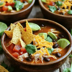 - 1 lb boneless, skinless chicken breasts - 1 can (15 oz) black beans, rinsed and drained - 1 can (15 oz) diced tomatoes with green chilies - 1 medium onion, finely chopped - 2 cloves garlic, minced - 1 cup corn (can be fresh, frozen, or canned) - 4 cups chicken broth - 1 teaspoon ground cumin - 1 teaspoon chili powder - 1 teaspoon smoked paprika - Salt and freshly cracked black pepper, to taste - 1 tablespoon olive oil - Tortilla chips, for serving - Shredded cheese, diced avocado, fresh cilantro, and lime wedges for garnish To make this soup, you start with fresh chicken. I love using boneless, skinless chicken breasts. They cook quickly and shred easily. Next, I add black beans and diced tomatoes. These give the soup a hearty texture. For veggies, use onions and garlic. They add a base of flavor that can't be beat. Corn adds sweetness and color. Don't forget the chicken broth! It ties all the flavors together. For seasoning, I use ground cumin, chili powder, and smoked paprika. These spices give the soup warmth and depth. You can adjust salt and pepper to your liking. Finally, the garnishes elevate the dish. I recommend crispy tortilla chips, shredded cheese, diced avocado, fresh cilantro, and lime wedges. They add color, taste, and crunch. You can find the full recipe in the article to make this dish at home. Enjoy cooking! - Heating the Olive Oil Start by turning on your Instant Pot. Select the 'Sauté' function and pour in the olive oil. Let it heat for a minute until it shimmers. - Cooking the Onion and Garlic Add the finely chopped onion next. Sauté it for about 3-4 minutes. Stir often. You want the onion to be soft and fragrant. After that, mix in the minced garlic. Sauté for 1 more minute to wake up the flavors. - Incorporating Chicken and Broth Place the boneless chicken breasts into the pot. Carefully pour in the chicken broth. This will add a rich base to your soup. - Mixing in Beans and Corn Add the rinsed black beans and the diced tomatoes. Don’t forget to include the corn! Stir gently to combine everything. Season with salt and cracked black pepper to taste. - Setting Up the Instant Pot Secure the lid on your Instant Pot. Make sure the steam release valve is set to 'Sealing.' Select the 'Pressure Cook' function and set the timer for 10 minutes. - Quick Release Technique After the cook time ends, carefully turn the steam release valve to 'Venting.' Be cautious, as steam will escape rapidly. This step releases the pressure quickly. - Removing and Shredding Chicken Breasts Once the pressure is released, remove the cooked chicken breasts from the pot. Use two forks to shred the chicken into bite-sized pieces. - Mixing Shredded Chicken Back into Soup Add the shredded chicken back into the soup. Stir well to mix it with the broth and other ingredients. - Adjusting Seasoning Taste the soup now. Adjust the seasoning if needed. Add more salt or pepper to your liking. Stir everything once more to blend the flavors. - Serving Suggestions Ladle the hot soup into bowls. Top it with crispy tortilla chips. Add shredded cheese, diced avocado, and fresh cilantro. A squeeze of lime juice adds the perfect zing. Enjoy your delicious Instant Pot Chicken Tortilla Soup! For the full recipe, check the reference above. - Utilize Fresh Ingredients Fresh ingredients make a big difference. Use ripe tomatoes and crisp herbs. Fresh corn adds sweetness and texture. Always look for the best quality. It enhances the whole dish. - Balance Spices According to Taste Each person enjoys different spice levels. Start with less and taste as you go. If you want more heat, add chili powder or jalapeños. Adjusting spices helps you create your perfect soup. - Ensuring Proper Seal A good seal is key for pressure cooking. Check the rubber gasket on the lid. Make sure it’s clean and in place. A tight seal helps cook the chicken quickly. - Cook Time Adjustments for Different Chicken Cuts If you use thighs instead of breasts, adjust the time. Thighs can take a bit longer. For bone-in chicken, add a few extra minutes. Always check for doneness to ensure safety. - Creative Garnishing Techniques Garnishes add fun and color. Try stacking tortilla chips like a tower. Use a sprinkle of cheese and cilantro on top. A lime wedge adds brightness and a pop of color. - Serving in Unique Bowls The right bowl can elevate your soup. Use colorful bowls or rustic dishes. Small cast-iron skillets can make a fun serving idea. Get creative with how you serve it! {{image_4}} You can change the proteins in this soup. Instead of chicken, try turkey or beef for a new twist. Both options work well and add unique flavors. For a vegetarian or vegan version, swap the chicken for beans or lentils. This keeps the soup hearty and satisfying. You can also use vegetable broth instead of chicken broth for a lighter taste. Adding extra vegetables can boost your soup's flavor and nutrition. Consider bell peppers, zucchini, or even spinach. These veggies add color and texture. You can also try different herbs like oregano or cilantro. Fresh herbs will brighten the soup and make it more aromatic. Meal prep is easy with this recipe. You can freeze portions for later. Just let the soup cool before placing it in airtight containers. This way, you always have a quick meal ready. Making a doubled batch is also a smart idea. You can enjoy half now and save the rest for busy days ahead. - Refrigeration Duration: Store your soup in an airtight container. It lasts up to 4 days in the fridge. - Freezing Tips: To freeze, use a freezer-safe container. Leave space for expansion. Your soup can stay fresh for up to 3 months in the freezer. - Best Methods for Reheating: For the best results, reheat the soup on the stove over low heat. Stir it often to warm it evenly. You can also use the microwave in short bursts, stirring in between. - Maintaining Flavor and Texture: Add a splash of chicken broth when reheating. This keeps the soup moist and flavorful. Mix well to restore its creamy texture. To reduce the spice level, you have a few options: - Use mild tomatoes: Choose tomatoes without added spice. - Add dairy: Stir in sour cream or yogurt to cool the heat. - Increase volume: Add more broth or beans to dilute the spice. - Sugar: A small amount of sugar can balance the heat. Try these tips to find the right heat for your taste. Yes, you can use a slow cooker or stovetop. - Slow Cooker: Sauté onion and garlic in a pan, then add all ingredients to the slow cooker. Cook on low for 6-8 hours or high for 3-4 hours. - Stovetop: In a large pot, sauté onion and garlic, then add the chicken and broth. Simmer for 20-30 minutes until the chicken is cooked. Shred and return to the pot. Both methods work well for this recipe. Toppings make the soup fun and tasty. Here are some great options: - Crispy tortilla chips: For crunch and flavor. - Shredded cheese: Cheddar or Monterey Jack adds creaminess. - Diced avocado: A fresh and creamy addition. - Fresh cilantro: For a burst of flavor. - Lime wedges: A squeeze of lime brightens the taste. Mix and match these toppings for your perfect bowl. Leftovers are great for meal prep! - Refrigerate: Store in an airtight container for up to 3-4 days. - Freeze: Freeze in portions for up to 2-3 months. Make sure to cool the soup before storing. - Full Recipe for future reference You now have all the details to make a tasty Instant Pot Chicken Tortilla Soup. We covered key ingredients, step-by-step cooking, helpful tips, tasty variations, and smart storage ideas. This soup is not just easy to make; it's also great for family meals or quick lunches. Don't hesitate to experiment with flavors and ingredients to make it your own. Enjoy making and sharing this dish with loved ones. You’ll love how simple and delicious it can be!