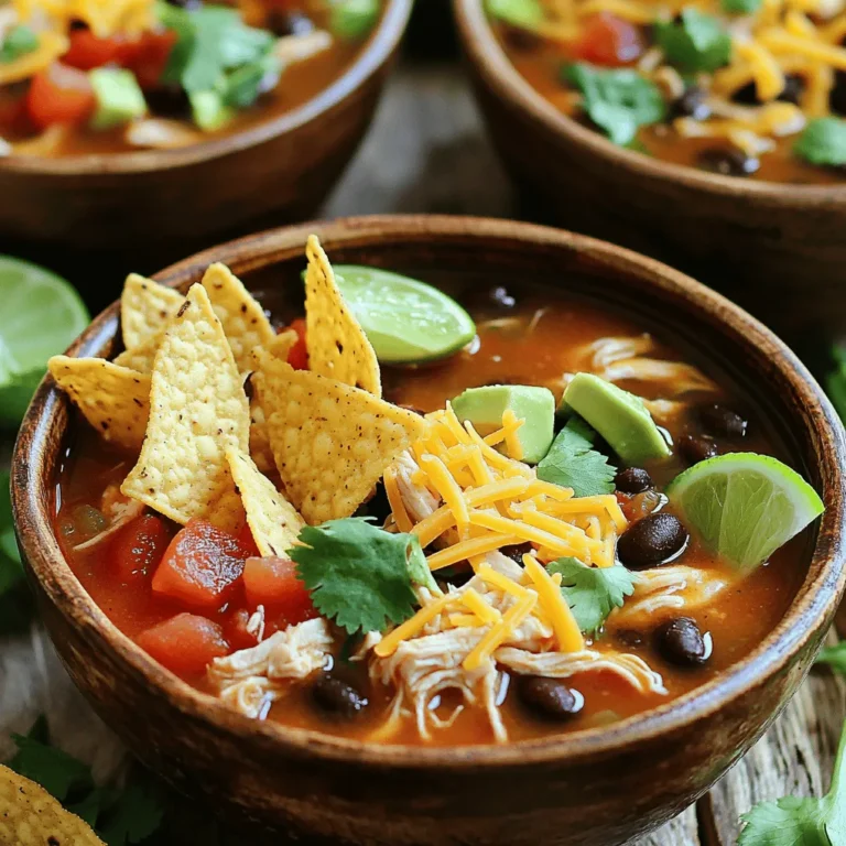 - 1 lb boneless, skinless chicken breasts - 1 can (15 oz) black beans, rinsed and drained - 1 can (15 oz) diced tomatoes with green chilies - 1 medium onion, finely chopped - 2 cloves garlic, minced - 1 cup corn (can be fresh, frozen, or canned) - 4 cups chicken broth - 1 teaspoon ground cumin - 1 teaspoon chili powder - 1 teaspoon smoked paprika - Salt and freshly cracked black pepper, to taste - 1 tablespoon olive oil - Tortilla chips, for serving - Shredded cheese, diced avocado, fresh cilantro, and lime wedges for garnish To make this soup, you start with fresh chicken. I love using boneless, skinless chicken breasts. They cook quickly and shred easily. Next, I add black beans and diced tomatoes. These give the soup a hearty texture. For veggies, use onions and garlic. They add a base of flavor that can't be beat. Corn adds sweetness and color. Don't forget the chicken broth! It ties all the flavors together. For seasoning, I use ground cumin, chili powder, and smoked paprika. These spices give the soup warmth and depth. You can adjust salt and pepper to your liking. Finally, the garnishes elevate the dish. I recommend crispy tortilla chips, shredded cheese, diced avocado, fresh cilantro, and lime wedges. They add color, taste, and crunch. You can find the full recipe in the article to make this dish at home. Enjoy cooking! - Heating the Olive Oil Start by turning on your Instant Pot. Select the 'Sauté' function and pour in the olive oil. Let it heat for a minute until it shimmers. - Cooking the Onion and Garlic Add the finely chopped onion next. Sauté it for about 3-4 minutes. Stir often. You want the onion to be soft and fragrant. After that, mix in the minced garlic. Sauté for 1 more minute to wake up the flavors. - Incorporating Chicken and Broth Place the boneless chicken breasts into the pot. Carefully pour in the chicken broth. This will add a rich base to your soup. - Mixing in Beans and Corn Add the rinsed black beans and the diced tomatoes. Don’t forget to include the corn! Stir gently to combine everything. Season with salt and cracked black pepper to taste. - Setting Up the Instant Pot Secure the lid on your Instant Pot. Make sure the steam release valve is set to 'Sealing.' Select the 'Pressure Cook' function and set the timer for 10 minutes. - Quick Release Technique After the cook time ends, carefully turn the steam release valve to 'Venting.' Be cautious, as steam will escape rapidly. This step releases the pressure quickly. - Removing and Shredding Chicken Breasts Once the pressure is released, remove the cooked chicken breasts from the pot. Use two forks to shred the chicken into bite-sized pieces. - Mixing Shredded Chicken Back into Soup Add the shredded chicken back into the soup. Stir well to mix it with the broth and other ingredients. - Adjusting Seasoning Taste the soup now. Adjust the seasoning if needed. Add more salt or pepper to your liking. Stir everything once more to blend the flavors. - Serving Suggestions Ladle the hot soup into bowls. Top it with crispy tortilla chips. Add shredded cheese, diced avocado, and fresh cilantro. A squeeze of lime juice adds the perfect zing. Enjoy your delicious Instant Pot Chicken Tortilla Soup! For the full recipe, check the reference above. - Utilize Fresh Ingredients Fresh ingredients make a big difference. Use ripe tomatoes and crisp herbs. Fresh corn adds sweetness and texture. Always look for the best quality. It enhances the whole dish. - Balance Spices According to Taste Each person enjoys different spice levels. Start with less and taste as you go. If you want more heat, add chili powder or jalapeños. Adjusting spices helps you create your perfect soup. - Ensuring Proper Seal A good seal is key for pressure cooking. Check the rubber gasket on the lid. Make sure it’s clean and in place. A tight seal helps cook the chicken quickly. - Cook Time Adjustments for Different Chicken Cuts If you use thighs instead of breasts, adjust the time. Thighs can take a bit longer. For bone-in chicken, add a few extra minutes. Always check for doneness to ensure safety. - Creative Garnishing Techniques Garnishes add fun and color. Try stacking tortilla chips like a tower. Use a sprinkle of cheese and cilantro on top. A lime wedge adds brightness and a pop of color. - Serving in Unique Bowls The right bowl can elevate your soup. Use colorful bowls or rustic dishes. Small cast-iron skillets can make a fun serving idea. Get creative with how you serve it! {{image_4}} You can change the proteins in this soup. Instead of chicken, try turkey or beef for a new twist. Both options work well and add unique flavors. For a vegetarian or vegan version, swap the chicken for beans or lentils. This keeps the soup hearty and satisfying. You can also use vegetable broth instead of chicken broth for a lighter taste. Adding extra vegetables can boost your soup's flavor and nutrition. Consider bell peppers, zucchini, or even spinach. These veggies add color and texture. You can also try different herbs like oregano or cilantro. Fresh herbs will brighten the soup and make it more aromatic. Meal prep is easy with this recipe. You can freeze portions for later. Just let the soup cool before placing it in airtight containers. This way, you always have a quick meal ready. Making a doubled batch is also a smart idea. You can enjoy half now and save the rest for busy days ahead. - Refrigeration Duration: Store your soup in an airtight container. It lasts up to 4 days in the fridge. - Freezing Tips: To freeze, use a freezer-safe container. Leave space for expansion. Your soup can stay fresh for up to 3 months in the freezer. - Best Methods for Reheating: For the best results, reheat the soup on the stove over low heat. Stir it often to warm it evenly. You can also use the microwave in short bursts, stirring in between. - Maintaining Flavor and Texture: Add a splash of chicken broth when reheating. This keeps the soup moist and flavorful. Mix well to restore its creamy texture. To reduce the spice level, you have a few options: - Use mild tomatoes: Choose tomatoes without added spice. - Add dairy: Stir in sour cream or yogurt to cool the heat. - Increase volume: Add more broth or beans to dilute the spice. - Sugar: A small amount of sugar can balance the heat. Try these tips to find the right heat for your taste. Yes, you can use a slow cooker or stovetop. - Slow Cooker: Sauté onion and garlic in a pan, then add all ingredients to the slow cooker. Cook on low for 6-8 hours or high for 3-4 hours. - Stovetop: In a large pot, sauté onion and garlic, then add the chicken and broth. Simmer for 20-30 minutes until the chicken is cooked. Shred and return to the pot. Both methods work well for this recipe. Toppings make the soup fun and tasty. Here are some great options: - Crispy tortilla chips: For crunch and flavor. - Shredded cheese: Cheddar or Monterey Jack adds creaminess. - Diced avocado: A fresh and creamy addition. - Fresh cilantro: For a burst of flavor. - Lime wedges: A squeeze of lime brightens the taste. Mix and match these toppings for your perfect bowl. Leftovers are great for meal prep! - Refrigerate: Store in an airtight container for up to 3-4 days. - Freeze: Freeze in portions for up to 2-3 months. Make sure to cool the soup before storing. - Full Recipe for future reference You now have all the details to make a tasty Instant Pot Chicken Tortilla Soup. We covered key ingredients, step-by-step cooking, helpful tips, tasty variations, and smart storage ideas. This soup is not just easy to make; it's also great for family meals or quick lunches. Don't hesitate to experiment with flavors and ingredients to make it your own. Enjoy making and sharing this dish with loved ones. You’ll love how simple and delicious it can be!
