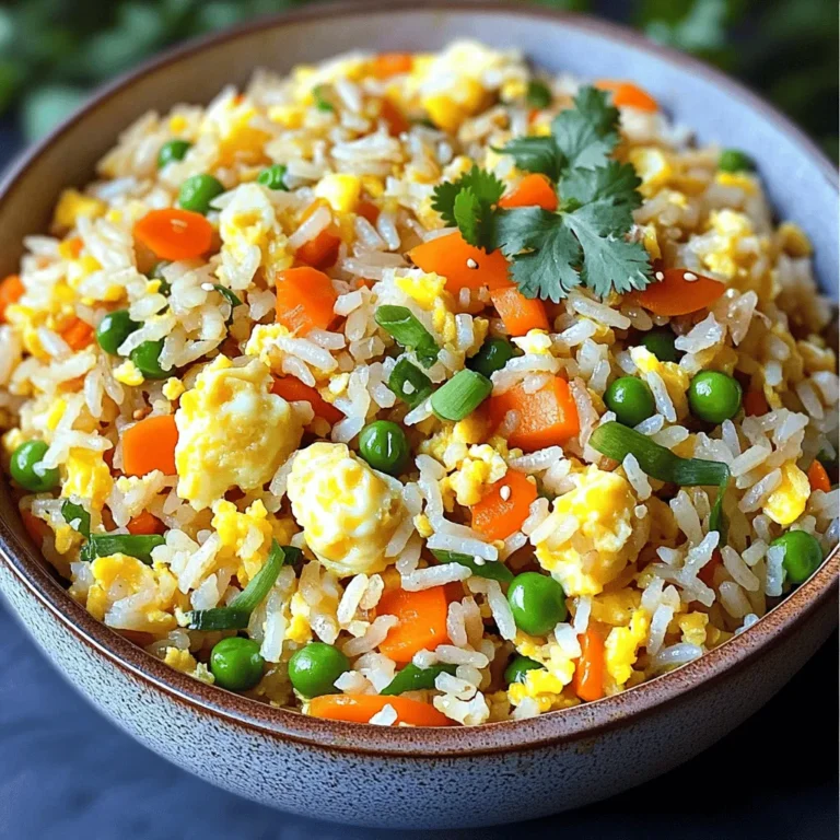 - 2 cups of day-old cooked rice - 3 large eggs - 1 cup of mixed vegetables (carrots, peas, and bell peppers) - 3 green onions - Soy sauce and sesame oil - Salt and black pepper - Optional: sriracha for heat Best types of rice for flavor and texture Day-old rice is best for fried rice. It’s drier and helps to avoid clumping. Jasmine or basmati rice works well for its light and fluffy texture. Fresh vs frozen mixed vegetables You can use fresh or frozen mixed vegetables. Frozen veggies are convenient and easy to use. They hold flavor well and require no chopping. Egg alternatives for dietary preferences If you can’t eat eggs, try using tofu or chickpea flour. Both options add protein and texture. Adjust cooking times accordingly based on your choice. For the full recipe, refer to the Egg-citing Fried Rice section above. - Start by gathering your ingredients. Measure out: - 2 cups of day-old cooked rice - 3 large eggs - 1 cup of mixed vegetables (carrots, peas, and bell peppers) - 3 green onions, chopped - 2 tablespoons soy sauce - 1 tablespoon sesame oil - 1 tablespoon vegetable oil - Salt and black pepper to taste - Optional: 1 teaspoon sriracha for heat - To beat and fluff your eggs, crack them into a bowl. Use a fork or whisk to mix them well. Aim for a light, airy texture. This ensures they cook up fluffy in the pan. - Heat your skillet or wok over medium-high heat. Add the vegetable oil. You want the oil hot enough to sizzle when you add the eggs. - Pour in the beaten eggs. Let them cook for a moment without stirring. Then, gently scramble them until soft and fluffy. Remove the eggs and set them aside. - In the same skillet, add the mixed vegetables. Sauté them for about 3-4 minutes. Stir often to keep them vibrant and crisp. - Now, add the day-old rice. Break up any clumps and stir-fry for 2-3 minutes. You want the rice to heat through and get a bit crispy. - Drizzle the sesame oil and soy sauce over the rice. Toss everything well and stir-fry for another 2 minutes. Make sure all ingredients mix evenly. - Gently fold in the scrambled eggs and chopped green onions. Add in the green parts for extra flavor. Season with salt, black pepper, and sriracha if you like it spicy. Cook for one more minute to blend the flavors. For the full recipe and detailed instructions, check out the Full Recipe section. Why is day-old rice essential? Day-old rice has a firmer texture. Fresh rice can be too sticky. This stickiness can lead to clumps in your fried rice. The grains separate better when they are cold and dry. How can you ensure your rice doesn’t clump? Break up the cold rice before cooking. Use your hands or a fork to gently separate any clumps. Stir-frying the rice quickly also helps it stay loose and fluffy. How do you plate fried rice for presentation? Serve your fried rice in a wide bowl or on a plate. This allows the colors to shine. You can pile the rice high for a fun look. Use a spoon to create a small well in the center for garnishes. What garnishes enhance flavor and appearance? Top your fried rice with extra green onions. A sprinkle of sesame seeds adds crunch. Fresh cilantro or a slice of lime can brighten the dish, too. What happens if you overcook eggs? Overcooked eggs become rubbery and dry. They lose their soft, fluffy texture. Cook them just until they are set and remove them from the heat. Why is under-seasoning a problem? If you don’t add enough salt or soy sauce, the dish tastes bland. Always taste your fried rice before serving. Adjust the seasoning to bring out the flavors. Following these tips will help you create delicious egg fried rice every time. For the complete recipe, check out the Full Recipe section. {{image_4}} You can customize egg fried rice to suit your taste. - Protein options: Try adding chicken, shrimp, or tofu for extra protein. These options add flavor and make the meal heartier. - Vegetable swaps: Use colorful veggies like corn, broccoli, or snap peas. These choices not only add color but also provide various nutrients. Adding spices can change the whole dish. - Adding spices: Ginger, garlic, or chili flakes can boost the flavor. A pinch of ginger adds warmth, while chili flakes give it a kick. - Making it vegetarian or vegan: To make it vegetarian, skip the meat and use tofu. For a vegan option, replace eggs with scrambled silken tofu. How you serve your fried rice can change the experience. - Fried rice bowls vs. plates: Serve it in deep bowls for a cozy feel or on plates for a more formal look. - Accompanying dishes: Pair your fried rice with spring rolls, dumplings, or a fresh salad. These sides complement the meal and make it more exciting. For more ideas, check the Full Recipe! To keep your egg fried rice fresh, cool it quickly. Spread it on a plate to let steam escape. Once cool, transfer it to a container. Use an airtight container to keep moisture in. Glass or plastic containers work best for storage. You can also use resealable bags, which save space in the fridge. When reheating, you have two main options: microwave or stovetop. For the microwave, place your rice in a bowl. Add a splash of water to keep it moist. Cover it with a damp paper towel to trap steam. Heat in short bursts, stirring between, until hot. If you use the stovetop, add a little oil to a pan. Heat over medium-low heat, stirring often. This method keeps the rice from drying out. To freeze egg fried rice, let it cool completely first. Portion it into freezer-safe bags. Squeeze out as much air as you can before sealing. Label the bags with the date. For reheating frozen fried rice, thaw it overnight in the fridge. Then, use the stovetop method to heat it up, adding a bit of oil to revive its flavor. This keeps the dish tasty and enjoyable. You can find the Full Recipe [here]. If you want to skip soy sauce, there are great alternatives. Try using tamari, which is gluten-free. Coconut aminos offer a sweet, soy-like flavor without the salt. You can also use a splash of vinegar or lemon juice for brightness. Adding a bit of broth can enhance the flavor too. Adjust the amounts to fit your taste. You can use fresh rice, but it may change the dish. Fresh rice has more moisture. This can make your fried rice mushy. Day-old rice is drier and holds up better. It gives a nice texture and helps the rice crisp up. If you must use fresh rice, cool it before cooking. Spread it out to let the steam escape. A large skillet or wok is best for egg fried rice. A wok allows for quick cooking and even heat. The high sides help when tossing the rice. If using a skillet, choose one with a non-stick surface. This prevents sticking and makes serving easier. Whichever you pick, make sure it’s hot before you start cooking. In this post, we explored how to make delicious egg fried rice. We covered the key ingredients, preparation steps, and cooking techniques. You learned tips for customizing your dish and storing any leftovers. Remember, day-old rice is a top tip for great texture. Enjoy experimenting with flavors and presentations! Perfecting this dish adds variety to meals and better skills in the kitchen.