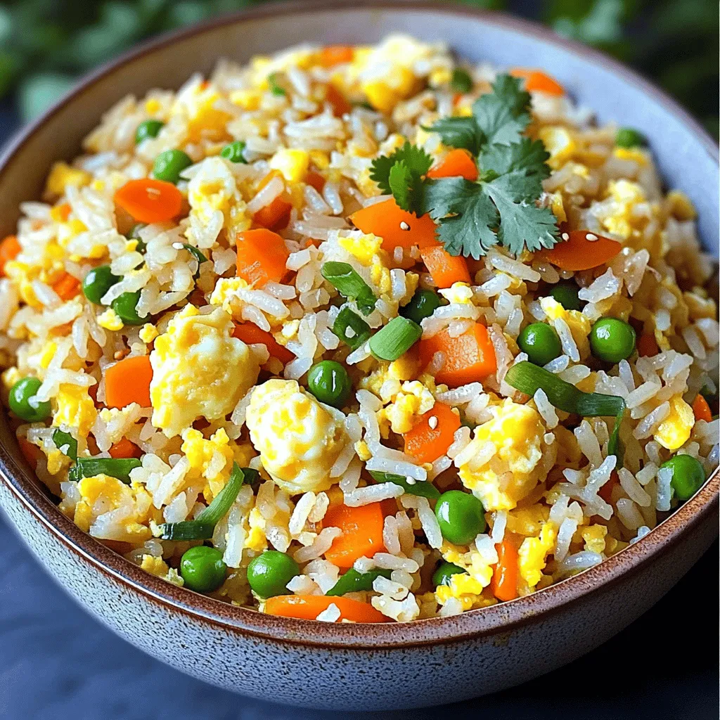 - 2 cups of day-old cooked rice - 3 large eggs - 1 cup of mixed vegetables (carrots, peas, and bell peppers) - 3 green onions - Soy sauce and sesame oil - Salt and black pepper - Optional: sriracha for heat Best types of rice for flavor and texture Day-old rice is best for fried rice. It’s drier and helps to avoid clumping. Jasmine or basmati rice works well for its light and fluffy texture. Fresh vs frozen mixed vegetables You can use fresh or frozen mixed vegetables. Frozen veggies are convenient and easy to use. They hold flavor well and require no chopping. Egg alternatives for dietary preferences If you can’t eat eggs, try using tofu or chickpea flour. Both options add protein and texture. Adjust cooking times accordingly based on your choice. For the full recipe, refer to the Egg-citing Fried Rice section above. - Start by gathering your ingredients. Measure out: - 2 cups of day-old cooked rice - 3 large eggs - 1 cup of mixed vegetables (carrots, peas, and bell peppers) - 3 green onions, chopped - 2 tablespoons soy sauce - 1 tablespoon sesame oil - 1 tablespoon vegetable oil - Salt and black pepper to taste - Optional: 1 teaspoon sriracha for heat - To beat and fluff your eggs, crack them into a bowl. Use a fork or whisk to mix them well. Aim for a light, airy texture. This ensures they cook up fluffy in the pan. - Heat your skillet or wok over medium-high heat. Add the vegetable oil. You want the oil hot enough to sizzle when you add the eggs. - Pour in the beaten eggs. Let them cook for a moment without stirring. Then, gently scramble them until soft and fluffy. Remove the eggs and set them aside. - In the same skillet, add the mixed vegetables. Sauté them for about 3-4 minutes. Stir often to keep them vibrant and crisp. - Now, add the day-old rice. Break up any clumps and stir-fry for 2-3 minutes. You want the rice to heat through and get a bit crispy. - Drizzle the sesame oil and soy sauce over the rice. Toss everything well and stir-fry for another 2 minutes. Make sure all ingredients mix evenly. - Gently fold in the scrambled eggs and chopped green onions. Add in the green parts for extra flavor. Season with salt, black pepper, and sriracha if you like it spicy. Cook for one more minute to blend the flavors. For the full recipe and detailed instructions, check out the Full Recipe section. Why is day-old rice essential? Day-old rice has a firmer texture. Fresh rice can be too sticky. This stickiness can lead to clumps in your fried rice. The grains separate better when they are cold and dry. How can you ensure your rice doesn’t clump? Break up the cold rice before cooking. Use your hands or a fork to gently separate any clumps. Stir-frying the rice quickly also helps it stay loose and fluffy. How do you plate fried rice for presentation? Serve your fried rice in a wide bowl or on a plate. This allows the colors to shine. You can pile the rice high for a fun look. Use a spoon to create a small well in the center for garnishes. What garnishes enhance flavor and appearance? Top your fried rice with extra green onions. A sprinkle of sesame seeds adds crunch. Fresh cilantro or a slice of lime can brighten the dish, too. What happens if you overcook eggs? Overcooked eggs become rubbery and dry. They lose their soft, fluffy texture. Cook them just until they are set and remove them from the heat. Why is under-seasoning a problem? If you don’t add enough salt or soy sauce, the dish tastes bland. Always taste your fried rice before serving. Adjust the seasoning to bring out the flavors. Following these tips will help you create delicious egg fried rice every time. For the complete recipe, check out the Full Recipe section. {{image_4}} You can customize egg fried rice to suit your taste. - Protein options: Try adding chicken, shrimp, or tofu for extra protein. These options add flavor and make the meal heartier. - Vegetable swaps: Use colorful veggies like corn, broccoli, or snap peas. These choices not only add color but also provide various nutrients. Adding spices can change the whole dish. - Adding spices: Ginger, garlic, or chili flakes can boost the flavor. A pinch of ginger adds warmth, while chili flakes give it a kick. - Making it vegetarian or vegan: To make it vegetarian, skip the meat and use tofu. For a vegan option, replace eggs with scrambled silken tofu. How you serve your fried rice can change the experience. - Fried rice bowls vs. plates: Serve it in deep bowls for a cozy feel or on plates for a more formal look. - Accompanying dishes: Pair your fried rice with spring rolls, dumplings, or a fresh salad. These sides complement the meal and make it more exciting. For more ideas, check the Full Recipe! To keep your egg fried rice fresh, cool it quickly. Spread it on a plate to let steam escape. Once cool, transfer it to a container. Use an airtight container to keep moisture in. Glass or plastic containers work best for storage. You can also use resealable bags, which save space in the fridge. When reheating, you have two main options: microwave or stovetop. For the microwave, place your rice in a bowl. Add a splash of water to keep it moist. Cover it with a damp paper towel to trap steam. Heat in short bursts, stirring between, until hot. If you use the stovetop, add a little oil to a pan. Heat over medium-low heat, stirring often. This method keeps the rice from drying out. To freeze egg fried rice, let it cool completely first. Portion it into freezer-safe bags. Squeeze out as much air as you can before sealing. Label the bags with the date. For reheating frozen fried rice, thaw it overnight in the fridge. Then, use the stovetop method to heat it up, adding a bit of oil to revive its flavor. This keeps the dish tasty and enjoyable. You can find the Full Recipe [here]. If you want to skip soy sauce, there are great alternatives. Try using tamari, which is gluten-free. Coconut aminos offer a sweet, soy-like flavor without the salt. You can also use a splash of vinegar or lemon juice for brightness. Adding a bit of broth can enhance the flavor too. Adjust the amounts to fit your taste. You can use fresh rice, but it may change the dish. Fresh rice has more moisture. This can make your fried rice mushy. Day-old rice is drier and holds up better. It gives a nice texture and helps the rice crisp up. If you must use fresh rice, cool it before cooking. Spread it out to let the steam escape. A large skillet or wok is best for egg fried rice. A wok allows for quick cooking and even heat. The high sides help when tossing the rice. If using a skillet, choose one with a non-stick surface. This prevents sticking and makes serving easier. Whichever you pick, make sure it’s hot before you start cooking. In this post, we explored how to make delicious egg fried rice. We covered the key ingredients, preparation steps, and cooking techniques. You learned tips for customizing your dish and storing any leftovers. Remember, day-old rice is a top tip for great texture. Enjoy experimenting with flavors and presentations! Perfecting this dish adds variety to meals and better skills in the kitchen.