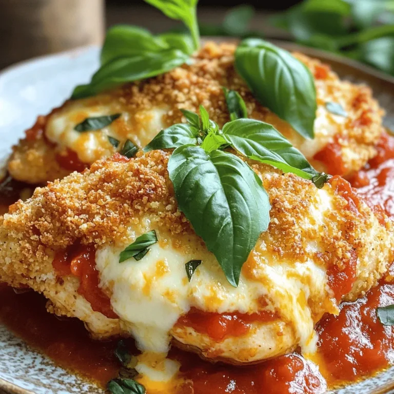 - 2 boneless, skinless chicken breasts - 1 cup seasoned breadcrumbs - 1/2 cup grated Parmesan cheese - 1 cup marinara sauce - 1 cup shredded mozzarella cheese - 1 teaspoon garlic powder - 1 teaspoon Italian seasoning - 1/2 teaspoon salt - 1/2 teaspoon black pepper - 2 tablespoons olive oil - Fresh basil leaves for garnish (optional) What can I use instead of chicken? You can use turkey breasts or eggplant slices. Both options work well in this dish. What if I need gluten-free breadcrumbs? You can use almond flour or crushed rice cereal. These options are tasty and safe for gluten-free diets. Can I use dairy-free cheese? Yes! Look for plant-based mozzarella or Parmesan. Many brands offer great flavors that melt well. For the full recipe, check [Full Recipe]. 1. Preheat your oven to 375°F (190°C). This gets it ready for baking. 2. In a shallow bowl, mix the seasoned breadcrumbs, grated Parmesan cheese, garlic powder, Italian seasoning, salt, and black pepper. Stir well to blend the spices. 1. Take each chicken breast and flatten it gently. Use a meat mallet or rolling pin. This makes sure the chicken cooks evenly. 2. Heat the olive oil in a large oven-proof skillet over medium heat. Wait until the oil is hot but not smoking. 3. Dip each chicken breast into the breadcrumb mixture. Make sure to coat both sides well for a crispy crust. 4. Carefully add the chicken to the skillet. Cook for 4-5 minutes on each side until golden brown. 1. After browning, remove the skillet from the heat. Spoon marinara sauce over each chicken breast. Cover them well. 2. Sprinkle the shredded mozzarella cheese over the sauced chicken. This allows it to melt nicely while baking. 3. Transfer the skillet to your preheated oven. Bake for 20-25 minutes. The chicken should reach an internal temperature of 165°F (75°C). The cheese will be melted and bubbly. 4. Once done, let the skillet rest for a few minutes. Serve warm, adding fresh basil leaves for garnish if you like. For the full recipe, refer to the earlier section. To coat chicken properly, start with dry chicken breasts. Dip each piece in the breadcrumb mix. Press down firmly to make sure the coating sticks well. This helps create a crispy crust. For even cooking, make sure the chicken breasts are flat. Use a meat mallet or rolling pin to pound them gently. Aim for a uniform thickness of about 1 inch. This step helps the chicken cook evenly. To enhance flavor, add spices like garlic powder and Italian seasoning. These add a great taste to the dish. You can also try adding some red pepper flakes for heat. Fresh herbs like basil and parsley bring brightness to the meal. Chop them finely and sprinkle on top just before serving. This step adds both flavor and color. When serving, you can place the Cheesy Chicken Delight directly in the skillet. This gives it a rustic look. If you prefer, plate each chicken breast individually. Drizzle extra marinara sauce on top for a nice touch. Finish with a sprinkle of fresh basil for a pop of green. These small details make your dish more appealing. For the full recipe, check out the complete guide. {{image_4}} You can easily change this dish by adding vegetables. Sliced zucchini or spinach works well. These veggies add color and nutrients. You can also use different cheeses. Try provolone or gouda for a unique twist. Each cheese brings its own flavor, making the dish special. For a healthier option, use an air fryer. Set it to 375°F (190°C) and cook for 15-20 minutes. The chicken will still be crispy and tasty. You can also use a stovetop skillet. Cook the chicken on medium heat until golden brown. This method gives you a great crust without the oven. Pair your Chicken Parmesan with sides like pasta or a fresh salad. Garlic bread is another great choice. It complements the dish well. If you have leftovers, use them in a sandwich or on a salad. This way, you enjoy the flavors in a new way. You can find the Full Recipe for more ideas and details. To keep your Chicken Parmesan fresh, follow these steps: - Place leftovers in an airtight container. - Store in the fridge for up to 3 days. - For longer storage, freeze it for up to 2 months. I recommend using glass containers. They do not stain and are safe for the oven. Make sure to let the dish cool before sealing. This prevents moisture build-up and keeps the chicken crisp. When it’s time to enjoy your leftovers, you can choose between the microwave or the oven. Microwave: - Heat on medium power in 30-second bursts. - Cover with a paper towel to retain moisture. Oven: - Preheat your oven to 350°F (175°C). - Place the chicken in a baking dish. - Cover with foil to keep it moist. - Heat for 15-20 minutes or until warm. Using the oven helps keep the crust crispy. If you want, add a splash of marinara sauce before reheating. This keeps it flavorful. To reheat Chicken Parmesan, the oven works best. Preheat your oven to 350°F (175°C). Place the chicken in an oven-safe dish and cover it with foil. This keeps it moist. Heat for about 15-20 minutes. You can also use the microwave. However, it may make the chicken a bit soggy. If you use the microwave, heat it for 1-2 minutes. Check if it’s warm enough before enjoying. Yes, you can prepare Chicken Parmesan ahead of time. Cook the chicken and add the marinara and cheese. Then, cover it and store it in the fridge. You can do this up to a day in advance. When you’re ready, just bake it in the oven. This saves time and makes dinner easy. Chicken Parmesan can be made gluten-free! Use gluten-free breadcrumbs instead of regular ones. You can find these in most stores. Just make sure to check the labels on the marinara sauce and cheese. Some brands may contain gluten. With these swaps, you can enjoy a tasty, gluten-free version of Chicken Parmesan. For the full recipe, check out the details above. This blog post provided a full guide to making Chicken Parmesan. You learned about the ingredients, preparation, and cooking methods. I also shared tips for flavor and presentation. Chicken Parmesan is versatile. You can use various ingredients and cooking methods. With these steps, you can impress anyone with this dish. Enjoy your cooking and remember to have fun!