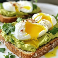 - 2 slices of whole-grain bread - 1 ripe avocado - 2 large eggs - 1 tablespoon fresh lemon juice - Salt and freshly ground black pepper to taste - 1/4 teaspoon red pepper flakes (optional) - Fresh herbs for garnish (such as cilantro, chives, or parsley) - Extra virgin olive oil for drizzling This dish offers a healthy balance of nutrients. Each serving has about: - Calories: 320 - Fat: 22g - Protein: 12g - Carbs: 28g To make this recipe, you will need: - Toaster or broiler - Small saucepan - Slotted spoon - Bowl for mashing With these ingredients and tools, you're set to create a delicious avocado toast with a poached egg. You can find the full recipe above to guide you through the process! To start, you need to toast the bread. You can use a toaster or a broiler. If you’re using a toaster, simply insert the slices and toast until golden brown. This usually takes about 3-4 minutes. If you prefer a broiler, place the bread on a baking sheet and set it under the broiler. Keep a close watch so it doesn’t burn. Broiling takes about 1-2 minutes, so stay near! Next, it's time to poach the eggs. Fill a small saucepan with water, enough to cover the eggs. Heat the water to a gentle simmer over medium heat. Now, let’s create a whirlpool! Stir the water with a spoon until you see a nice swirl. Crack each egg into a small bowl first. This helps you slide the egg into the whirlpool without breaking the yolk. Gently drop each egg into the center of the whirlpool. Poach them for about 3-4 minutes for a runny yolk. If you want firmer yolks, cook them a bit longer. While the eggs poach, it’s time to mash the avocado. Take your ripe avocado and cut it in half. Remove the pit and scoop the flesh into a bowl. Use a fork to mash it to your liking. You want it creamy but still a bit chunky. Add 1 tablespoon of fresh lemon juice to keep it fresh and bright. Don't forget to season it with salt and freshly ground black pepper. This adds flavor and really makes the avocado shine. Now for the fun part: assembling your toast! Start by spreading a generous layer of your mashed avocado on each slice of toasted bread. Make sure to cover the entire surface. This creamy base is the star! Next, carefully place one poached egg on top of each slice. For those who like a kick, sprinkle on some red pepper flakes. Finally, drizzle a bit of extra virgin olive oil over the top. It enhances the taste and ties everything together. For a finishing touch, sprinkle freshly chopped herbs on top for color and flavor. Enjoy this beautiful dish as a breakfast treat or a delightful snack! Remember, you can find the full recipe for more details. To get the perfect poached egg, timing is key. For a runny yolk, cook the egg for 3-4 minutes. If you like it firmer, add an extra minute. Keep an eye on the pot. Too long can lead to a rubbery egg. To make your toast even better, try adding spices. A pinch of red pepper flakes gives heat. You can also add garlic powder or smoked paprika for depth. Fresh herbs like cilantro or chives brighten the dish. A sprinkle of feta cheese adds a salty kick. Make your toast look great when serving. Place the toast on a nice plate with the egg on top. Drizzle olive oil around the edges for a fancy touch. Add a few herbs on top for color. A light sprinkle of extra pepper adds flair. For a fun touch, serve with a side of sliced tomatoes or radishes. These tips will make your dish a delight for the eyes and the palate. Enjoy the full recipe for more delicious details! {{image_4}} You can change up your avocado toast with unique toppings. Try adding feta cheese for a creamy, tangy kick. Smoked salmon brings a savory flavor that works well with the avocado. You might also enjoy cherry tomatoes for a fresh burst of sweetness. Each topping adds a new layer of taste and texture, making your meal more exciting. The type of bread you use can change the dish's vibe. Whole-grain is great, but you can also try gluten-free bread for a lighter option. Sourdough offers a tangy flavor that pairs well with the creamy avocado. Each bread type can change how the toast feels in your mouth and how it tastes. You can spice things up by adding global influences. For an Asian twist, try adding sesame seeds and a drizzle of soy sauce. If you like Mediterranean flavors, consider topping with olives and a sprinkle of za'atar. For a Mexican flair, add diced jalapeños and fresh cilantro. These variations can turn your simple toast into a world tour of flavors. For the full recipe, visit the section on ingredients and step-by-step instructions. To keep your avocado fresh, use these tips: - Store cut avocado in an airtight container. - Add a splash of lemon juice to slow browning. - Cover tightly with plastic wrap, pressing against the surface. - If you have leftover mashed avocado, store it in a bowl and cover it with plastic wrap. Press the wrap directly onto the avocado to limit air exposure. Reheating toast and eggs can be tricky. Here’s how to do it right: - For toast, place slices in a toaster for a few minutes until warm. - If you prefer a microwave, heat on low for 10-15 seconds. This can make it soft. - For poached eggs, avoid microwaving. Instead, gently reheat in warm water for a minute. This keeps them tender. Preparing ahead saves time! Here are some ideas: - Mash avocado and store in a sealed container. Add lemon juice to keep it fresh. - Toast bread in advance. Store it in an airtight bag to keep it crisp. - Pre-poach eggs. Store them in water in the fridge and reheat as needed. - Chop herbs and keep them in a small jar for quick use when you assemble your dish. For complete details, check the Full Recipe. Whole-grain bread works great for avocado toast. It adds flavor and texture. You can also use sourdough for a tangy taste. Gluten-free bread is an option too. Just make sure it’s sturdy enough to hold the toppings. Yes, you can! If you prefer, fry or scramble the eggs instead. A sunny-side-up egg adds a nice touch too. Each option brings a different flavor to the toast. To keep avocado fresh, use lemon juice right away. Store any leftover avocado in an airtight container. Press plastic wrap against the surface to reduce air. This helps slow down browning. You can replace the egg with tofu or chickpea mash. Season the tofu with spices for added taste. Another option is using avocado only, which still tastes great. In this blog post, we explored how to make delicious avocado toast with poached eggs. We covered ingredients, tools, and step-by-step instructions for perfecting your dish. I also shared tips for enhancing flavor and unique variations. Remember that you can customize this meal to your tastes. Whether you like it simple or packed with toppings, avocado toast is versatile and easy. Enjoy trying out these ideas, and happy cooking!