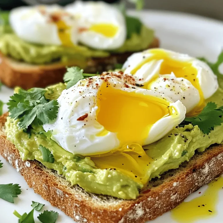 - 2 slices of whole-grain bread - 1 ripe avocado - 2 large eggs - 1 tablespoon fresh lemon juice - Salt and freshly ground black pepper to taste - 1/4 teaspoon red pepper flakes (optional) - Fresh herbs for garnish (such as cilantro, chives, or parsley) - Extra virgin olive oil for drizzling This dish offers a healthy balance of nutrients. Each serving has about: - Calories: 320 - Fat: 22g - Protein: 12g - Carbs: 28g To make this recipe, you will need: - Toaster or broiler - Small saucepan - Slotted spoon - Bowl for mashing With these ingredients and tools, you're set to create a delicious avocado toast with a poached egg. You can find the full recipe above to guide you through the process! To start, you need to toast the bread. You can use a toaster or a broiler. If you’re using a toaster, simply insert the slices and toast until golden brown. This usually takes about 3-4 minutes. If you prefer a broiler, place the bread on a baking sheet and set it under the broiler. Keep a close watch so it doesn’t burn. Broiling takes about 1-2 minutes, so stay near! Next, it's time to poach the eggs. Fill a small saucepan with water, enough to cover the eggs. Heat the water to a gentle simmer over medium heat. Now, let’s create a whirlpool! Stir the water with a spoon until you see a nice swirl. Crack each egg into a small bowl first. This helps you slide the egg into the whirlpool without breaking the yolk. Gently drop each egg into the center of the whirlpool. Poach them for about 3-4 minutes for a runny yolk. If you want firmer yolks, cook them a bit longer. While the eggs poach, it’s time to mash the avocado. Take your ripe avocado and cut it in half. Remove the pit and scoop the flesh into a bowl. Use a fork to mash it to your liking. You want it creamy but still a bit chunky. Add 1 tablespoon of fresh lemon juice to keep it fresh and bright. Don't forget to season it with salt and freshly ground black pepper. This adds flavor and really makes the avocado shine. Now for the fun part: assembling your toast! Start by spreading a generous layer of your mashed avocado on each slice of toasted bread. Make sure to cover the entire surface. This creamy base is the star! Next, carefully place one poached egg on top of each slice. For those who like a kick, sprinkle on some red pepper flakes. Finally, drizzle a bit of extra virgin olive oil over the top. It enhances the taste and ties everything together. For a finishing touch, sprinkle freshly chopped herbs on top for color and flavor. Enjoy this beautiful dish as a breakfast treat or a delightful snack! Remember, you can find the full recipe for more details. To get the perfect poached egg, timing is key. For a runny yolk, cook the egg for 3-4 minutes. If you like it firmer, add an extra minute. Keep an eye on the pot. Too long can lead to a rubbery egg. To make your toast even better, try adding spices. A pinch of red pepper flakes gives heat. You can also add garlic powder or smoked paprika for depth. Fresh herbs like cilantro or chives brighten the dish. A sprinkle of feta cheese adds a salty kick. Make your toast look great when serving. Place the toast on a nice plate with the egg on top. Drizzle olive oil around the edges for a fancy touch. Add a few herbs on top for color. A light sprinkle of extra pepper adds flair. For a fun touch, serve with a side of sliced tomatoes or radishes. These tips will make your dish a delight for the eyes and the palate. Enjoy the full recipe for more delicious details! {{image_4}} You can change up your avocado toast with unique toppings. Try adding feta cheese for a creamy, tangy kick. Smoked salmon brings a savory flavor that works well with the avocado. You might also enjoy cherry tomatoes for a fresh burst of sweetness. Each topping adds a new layer of taste and texture, making your meal more exciting. The type of bread you use can change the dish's vibe. Whole-grain is great, but you can also try gluten-free bread for a lighter option. Sourdough offers a tangy flavor that pairs well with the creamy avocado. Each bread type can change how the toast feels in your mouth and how it tastes. You can spice things up by adding global influences. For an Asian twist, try adding sesame seeds and a drizzle of soy sauce. If you like Mediterranean flavors, consider topping with olives and a sprinkle of za'atar. For a Mexican flair, add diced jalapeños and fresh cilantro. These variations can turn your simple toast into a world tour of flavors. For the full recipe, visit the section on ingredients and step-by-step instructions. To keep your avocado fresh, use these tips: - Store cut avocado in an airtight container. - Add a splash of lemon juice to slow browning. - Cover tightly with plastic wrap, pressing against the surface. - If you have leftover mashed avocado, store it in a bowl and cover it with plastic wrap. Press the wrap directly onto the avocado to limit air exposure. Reheating toast and eggs can be tricky. Here’s how to do it right: - For toast, place slices in a toaster for a few minutes until warm. - If you prefer a microwave, heat on low for 10-15 seconds. This can make it soft. - For poached eggs, avoid microwaving. Instead, gently reheat in warm water for a minute. This keeps them tender. Preparing ahead saves time! Here are some ideas: - Mash avocado and store in a sealed container. Add lemon juice to keep it fresh. - Toast bread in advance. Store it in an airtight bag to keep it crisp. - Pre-poach eggs. Store them in water in the fridge and reheat as needed. - Chop herbs and keep them in a small jar for quick use when you assemble your dish. For complete details, check the Full Recipe. Whole-grain bread works great for avocado toast. It adds flavor and texture. You can also use sourdough for a tangy taste. Gluten-free bread is an option too. Just make sure it’s sturdy enough to hold the toppings. Yes, you can! If you prefer, fry or scramble the eggs instead. A sunny-side-up egg adds a nice touch too. Each option brings a different flavor to the toast. To keep avocado fresh, use lemon juice right away. Store any leftover avocado in an airtight container. Press plastic wrap against the surface to reduce air. This helps slow down browning. You can replace the egg with tofu or chickpea mash. Season the tofu with spices for added taste. Another option is using avocado only, which still tastes great. In this blog post, we explored how to make delicious avocado toast with poached eggs. We covered ingredients, tools, and step-by-step instructions for perfecting your dish. I also shared tips for enhancing flavor and unique variations. Remember that you can customize this meal to your tastes. Whether you like it simple or packed with toppings, avocado toast is versatile and easy. Enjoy trying out these ideas, and happy cooking!