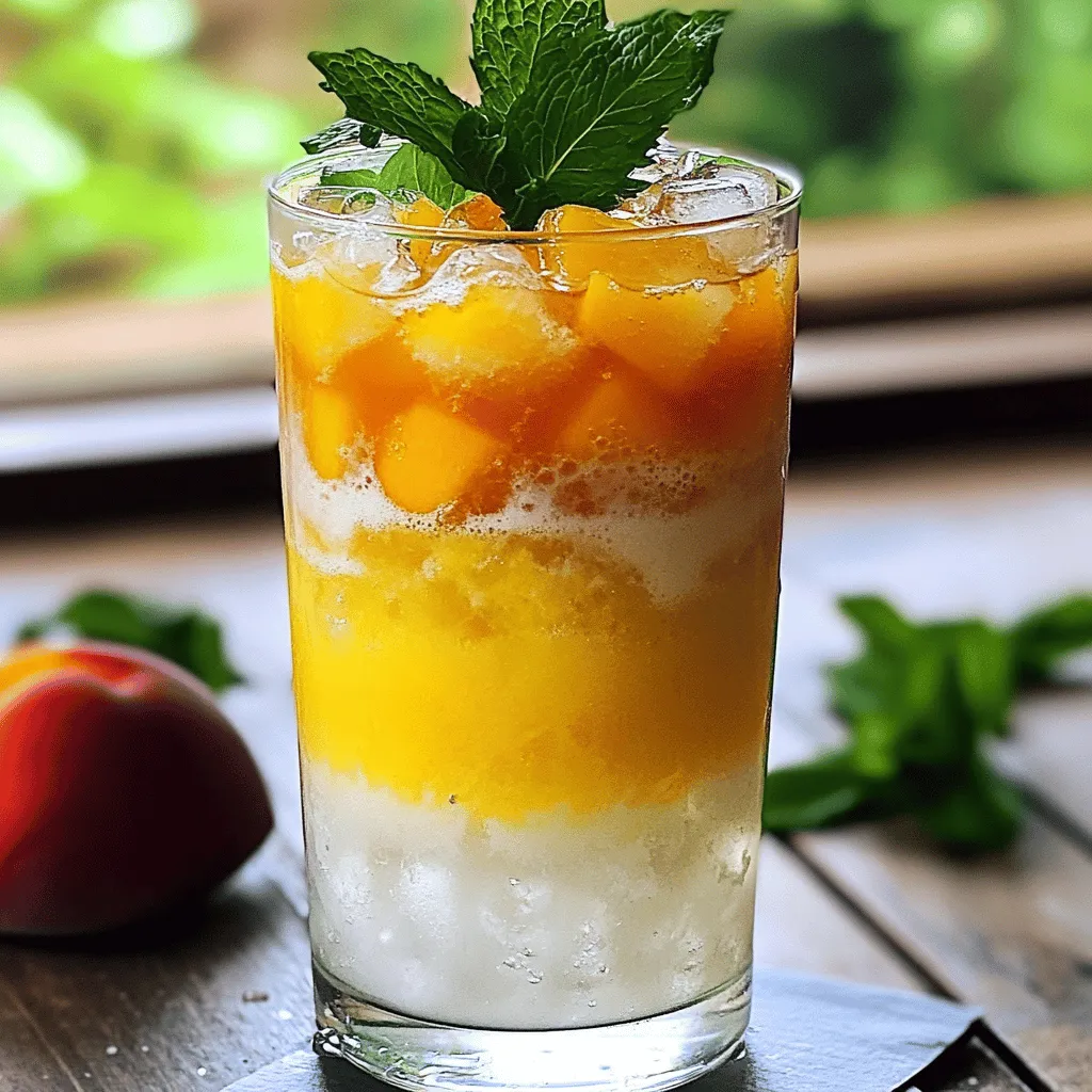 To make this tasty drink, you need the following items: - 2 cups water - 2 green tea bags - 1 ripe peach, diced into small pieces - 1 tablespoon honey or agave syrup (adjust sweetness to your preference) - 1 tablespoon freshly squeezed lemon juice - 1/2 cup sparkling water - Fresh mint leaves for garnish - Ice cubes You can make your Peach Green Tea Refresher even better with a few extras: - A handful of fresh raspberries for a fruity twist - A splash of peach juice for added sweetness - A few basil leaves for a unique flavor Each serving of this drink offers a refreshing boost without too many calories. Here’s what you can expect: - Calories: 60 - Protein: 0.5g - Carbohydrates: 16g - Sugar: 14g - Fiber: 1g - Fat: 0g This Peach Green Tea Refresher is a perfect mix of flavor and fun. You can enjoy it by the pool, at a picnic, or just at home. Check out the Full Recipe to try it out! To make the Peach Green Tea Refresher, you need to follow these easy steps. First, boil 2 cups of water in a pot. When the water boils, remove the pot from the heat. Add 2 green tea bags and let them steep for 3 to 4 minutes. After that, take out the tea bags and let the tea cool. While the tea cools, prepare the peach puree. Dice one ripe peach into small pieces. Place the peach, 1 tablespoon of honey, and 1 tablespoon of lemon juice in a blender. Blend it until smooth. This puree adds a sweet and fruity flavor to your drink. Once the tea is cool, pour it into a large pitcher. Add the peach puree and stir well. This makes sure the flavors blend together. Steeping tea right is key for a great flavor. Make sure to use fresh green tea bags for the best taste. Keep the steeping time between 3 to 4 minutes. If you steep too long, the tea may taste bitter. Remove the tea bags when the time is up. Let the tea cool completely before mixing it with the peach puree. This helps keep your drink refreshing and tasty. Making the peach puree is simple but very important. Use a ripe peach for the best flavor. Cut the peach into small pieces so it blends smoothly. Blend the peach with honey and lemon juice until creamy. You can adjust the sweetness by adding more or less honey. Once it is smooth, mix it into the cooled tea. This step makes your Peach Green Tea Refresher truly shine. For the full recipe, check out the [Full Recipe]. You can easily adjust the sweetness of your Peach Green Tea Refresher. Start with one tablespoon of honey or agave syrup. If you want it sweeter, add more. You can also use ripe peaches, as they add natural sweetness. For a unique twist, try adding a splash of peach juice or a different sweetener like maple syrup. If you want a tart flavor, add more lemon juice. This balance of sweet and tart makes each sip enjoyable. To change the fizziness of your drink, focus on the sparkling water. If you want a bubbly drink, add more sparkling water. If you prefer it less fizzy, reduce the amount. You can also use flavored sparkling water, like peach or lemon. This twist can enhance the drink's flavor. For a non-fizzy option, skip the sparkling water and serve it as a still beverage. It will still taste great! Garnishing your drink can make it look special. Use fresh mint leaves for a pop of color and aroma. Place a few leaves on top of the drink before serving. You can also add peach slices on the rim of the glass for a lovely touch. Serve the drink in clear glasses to show off the beautiful color. For a refreshing chill, make sure to fill each glass with ice cubes. These simple steps will impress your friends and family when you share this delicious drink. {{image_4}} To make a Peach Raspberry Green Tea Refresher, start with the base recipe. Use the same ingredients for the peach green tea. Then, add fresh raspberries. Blend a handful of raspberries into the peach puree. This mix will give your drink a tangy twist. The sweetness of the peach blends well with the tartness of the raspberries. Serve it over ice, just like the original recipe. If you want a caffeine-free version, swap out the green tea. Use herbal tea instead. A great option is peach herbal tea or chamomile. Simply steep the herbal tea in hot water. Follow the same steps for making the peach puree. Mix the tea with the peach puree and serve. You’ll still enjoy a tasty and refreshing drink without caffeine. You can use other fruits to change the flavor. In summer, try strawberries or watermelon. In fall, use apples or pears. For each fruit, simply blend them into a puree. Mix this new puree into your tea like the peach. Each fruit will give a fresh and fun twist to your drink. Experiment with what you have on hand to create your own unique flavor! For the full recipe, refer back to the steps outlined above. To store your Peach Green Tea Refresher, place it in a clean glass jar or pitcher. Make sure to cover it tightly with a lid or plastic wrap. This keeps the drink fresh and prevents it from absorbing other flavors in the fridge. Your Peach Green Tea Refresher stays fresh for about three days in the fridge. For the best taste, drink it within two days. After three days, the flavors may fade, and the drink might not taste as good. If you want to refresh your leftover drink, try adding more sparkling water. This adds a nice fizz and brightens the flavors. You can also add fresh peach slices or mint leaves. This makes the drink look nice and taste fresh again. A Peach Green Tea Refresher is a cool drink that mixes green tea and peach. It is light, fruity, and perfect for hot days. The drink has a nice balance of sweetness from the peach and a slight tang from the lemon. You can make it at home easily with just a few ingredients. Check out the Full Recipe for step-by-step instructions. Yes, you can! If you want a caffeine-free option, try using herbal tea instead. You can also use just water or lemonade for a fruitier taste. The key is to keep the peach and lemon flavors strong. This way, you still enjoy a refreshing drink without the green tea. You can find Peach Green Tea Refreshers at many coffee shops and tea houses. Look for places that offer fresh fruit drinks. Some stores may even sell ready-made versions in bottles. If you want the freshest taste, making it at home is the best choice. You learned how to make a Peach Green Tea Refresher. We covered ingredients, steps, and storage. You can try different flavors and adjust sweetness. It’s easy to customize this drink for any taste. Enjoy making this refreshing beverage yourself. It’s simple, tasty, and great for hot days. Try it with seasonal fruits for a fun twist. You’ll impress your friends and family with this delicious treat.