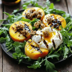 - 2 ripe peaches, halved and pitted - 1 tablespoon high-quality olive oil - Freshly cracked salt and pepper to taste - 4 cups arugula or a mix of your favorite greens - 8 ounces creamy burrata cheese - 1/4 cup walnuts, toasted for crunch - 2 tablespoons pure honey - 1 tablespoon balsamic glaze for a tangy finish - A handful of fresh basil leaves for garnish In this salad, peaches are the star. They offer a sweet, juicy flavor. The creamy burrata adds richness. The greens provide a crisp base. Crunchy walnuts give texture. Honey and balsamic glaze add sweetness and tang. - Feta cheese for a salty kick - Sliced red onion for sharpness - Fresh mint leaves for a cool touch - Grilled corn for a sweet pop - A sprinkle of chili flakes for heat These optional ingredients can take your salad to the next level. Feta brings saltiness, while mint adds a refreshing element. Grilled corn brings sweetness, and chili flakes add excitement. Feel free to mix and match! - Grill or grill pan for cooking the peaches - Small bowl for mixing the olive oil and seasonings - Large serving bowl for the salad - Tongs for flipping the peaches on the grill - Sharp knife for cutting the peaches and cheese Using the right tools makes cooking easier. A grill gives those lovely char marks. A sharp knife cuts ingredients cleanly. Tongs help you handle hot peaches without burning yourself. For the full recipe, check out the steps above. Enjoy this fresh and flavorful dish! Start by getting your grill ready. Preheat it to medium heat. This helps to cook the peaches evenly and gives them those nice grill marks. If you use a grill pan, make sure it is hot too. Gather all the tools you need, like tongs and a brush for the oil. Having everything close will make the process easy and fun. Take your ripe peaches and cut them in half. Remove the pit gently. Brush the cut side with olive oil. This step adds flavor and helps prevent sticking. Next, sprinkle salt and pepper on the peaches. Now, place the peaches cut side down on the grill. Grill them for about 3-4 minutes. You want to see nice char marks and feel them soften. Once done, remove them and let them cool for a bit. Grab a large bowl and lay down the arugula or your chosen greens as a base. Tear the grilled peaches into bite-sized pieces and sprinkle them over the greens. Now, take the creamy burrata cheese and break it into chunks. Place it on top of the salad. Add the toasted walnuts for a crunchy bite. Drizzle honey over the salad and follow it up with balsamic glaze for a tangy kick. Finally, add fresh basil leaves for a bright finish. Your Grilled Peach Burrata Salad is now ready to shine on the table! For the full recipe, refer to the earlier instructions. Choose peaches that feel slightly soft to the touch. Look for a sweet aroma. Their skin should have a nice golden hue, with a hint of blush. Avoid peaches that are too hard or have blemishes. A ripe peach will have a slight give when you press it gently. Add fresh herbs like mint or cilantro for extra taste. A squeeze of fresh lemon juice brightens the flavors. Try using different nuts, like pecans or almonds, for unique crunch. Drizzling a bit more balsamic glaze can also deepen the flavor. Consider pairing the salad with a light white wine for a refreshing experience. Don’t grill peaches for too long; they should be tender, not mushy. Avoid skipping the salt and pepper on the peaches; it boosts their flavor. Using unripe peaches can lead to a bland taste. Make sure the burrata is fresh; it should be creamy and not dry. Lastly, don’t forget to let the grilled peaches cool slightly before adding them to the salad. {{image_4}} You can swap some ingredients for healthier options. Instead of burrata, try low-fat mozzarella. This change keeps creaminess but cuts calories. For a lighter dressing, mix lemon juice with olive oil instead of balsamic glaze. This offers a fresh taste with fewer sugars. You can also use raw nuts instead of toasted ones. They provide a crunch without added oils. While burrata is creamy and delicious, other cheeses work well too. Feta adds a salty kick, while goat cheese gives a tangy flavor. If you want something richer, consider using ricotta. It pairs nicely with peaches and adds a smooth texture. Each cheese brings a unique taste to the salad, so feel free to experiment. To make this salad vegan, skip the cheese and add avocado. Avocado is creamy and filling. You can also use a plant-based yogurt for extra creaminess. For the honey, replace it with agave nectar or maple syrup. This keeps the sweetness without using animal products. These simple swaps let everyone enjoy this dish, no matter their diet. For the full recipe, check out the detailed guide above. To keep your grilled peach burrata salad fresh, store it in an airtight container. Make sure to separate any dressing or honey. This helps keep the greens crisp and the peaches juicy. Place the salad in the fridge right away to avoid spoilage. If you want to enjoy the grilled peaches warm, use a skillet. Heat the skillet over low heat. Add the peaches for about one minute. Flip them gently to warm both sides. This method keeps the flavor while bringing back the warmth. For the best taste, eat the salad within two days. The peaches will start to lose their texture after that. If stored properly, the grilled peaches can last up to three days. However, the greens may wilt, so enjoy them fresh! You can find the full recipe to explore more flavors. You can use canned peaches, but fresh is better. Canned peaches often have added sugar and syrup. This can change the salad's taste and texture. If you use canned peaches, rinse them well. Drain them and pat them dry. This helps remove extra liquid. You can add many things to boost flavor. Try sliced prosciutto for a savory touch. Feta cheese adds a salty kick. You can also include sliced red onion for some crunch. Roasted corn can add sweetness, too. Feel free to mix in different greens, like spinach or kale. To turn this salad into a meal, add protein. Grilled chicken or shrimp works well. You can also use chickpeas or beans for a vegetarian option. Serve it with crusty bread or a side of quinoa. This adds heartiness and makes it more filling. For the full recipe, check out the previous section. Grilled peach burrata salad is a delightful dish. We explored key ingredients, tools, and grilling steps for perfect peaches. You learned tips for choosing ripe fruit and ways to make this meal your own. I provided variations for diets and storage methods to keep leftovers fresh. Enjoy this tasty salad, and don’t be afraid to get creative. Good food brings joy, so share it with friends and family.