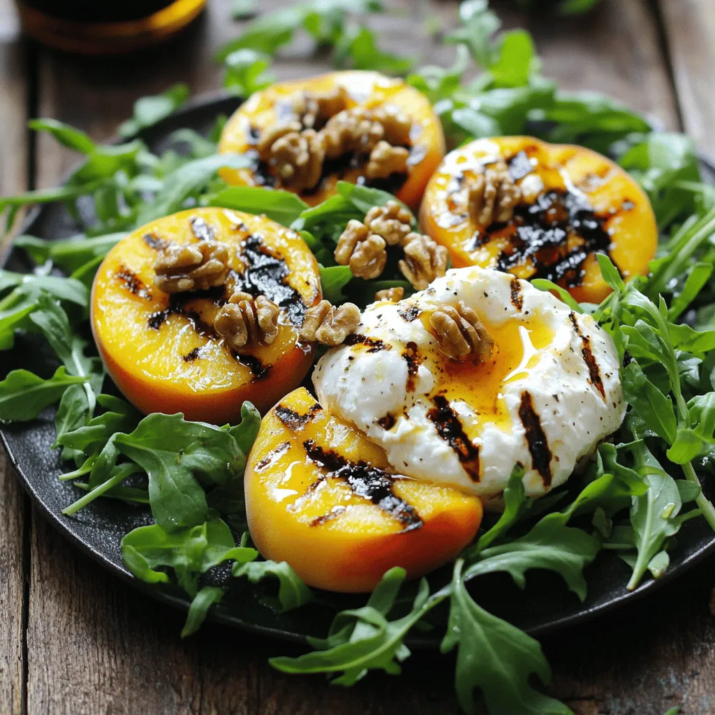 - 2 ripe peaches, halved and pitted - 1 tablespoon high-quality olive oil - Freshly cracked salt and pepper to taste - 4 cups arugula or a mix of your favorite greens - 8 ounces creamy burrata cheese - 1/4 cup walnuts, toasted for crunch - 2 tablespoons pure honey - 1 tablespoon balsamic glaze for a tangy finish - A handful of fresh basil leaves for garnish In this salad, peaches are the star. They offer a sweet, juicy flavor. The creamy burrata adds richness. The greens provide a crisp base. Crunchy walnuts give texture. Honey and balsamic glaze add sweetness and tang. - Feta cheese for a salty kick - Sliced red onion for sharpness - Fresh mint leaves for a cool touch - Grilled corn for a sweet pop - A sprinkle of chili flakes for heat These optional ingredients can take your salad to the next level. Feta brings saltiness, while mint adds a refreshing element. Grilled corn brings sweetness, and chili flakes add excitement. Feel free to mix and match! - Grill or grill pan for cooking the peaches - Small bowl for mixing the olive oil and seasonings - Large serving bowl for the salad - Tongs for flipping the peaches on the grill - Sharp knife for cutting the peaches and cheese Using the right tools makes cooking easier. A grill gives those lovely char marks. A sharp knife cuts ingredients cleanly. Tongs help you handle hot peaches without burning yourself. For the full recipe, check out the steps above. Enjoy this fresh and flavorful dish! Start by getting your grill ready. Preheat it to medium heat. This helps to cook the peaches evenly and gives them those nice grill marks. If you use a grill pan, make sure it is hot too. Gather all the tools you need, like tongs and a brush for the oil. Having everything close will make the process easy and fun. Take your ripe peaches and cut them in half. Remove the pit gently. Brush the cut side with olive oil. This step adds flavor and helps prevent sticking. Next, sprinkle salt and pepper on the peaches. Now, place the peaches cut side down on the grill. Grill them for about 3-4 minutes. You want to see nice char marks and feel them soften. Once done, remove them and let them cool for a bit. Grab a large bowl and lay down the arugula or your chosen greens as a base. Tear the grilled peaches into bite-sized pieces and sprinkle them over the greens. Now, take the creamy burrata cheese and break it into chunks. Place it on top of the salad. Add the toasted walnuts for a crunchy bite. Drizzle honey over the salad and follow it up with balsamic glaze for a tangy kick. Finally, add fresh basil leaves for a bright finish. Your Grilled Peach Burrata Salad is now ready to shine on the table! For the full recipe, refer to the earlier instructions. Choose peaches that feel slightly soft to the touch. Look for a sweet aroma. Their skin should have a nice golden hue, with a hint of blush. Avoid peaches that are too hard or have blemishes. A ripe peach will have a slight give when you press it gently. Add fresh herbs like mint or cilantro for extra taste. A squeeze of fresh lemon juice brightens the flavors. Try using different nuts, like pecans or almonds, for unique crunch. Drizzling a bit more balsamic glaze can also deepen the flavor. Consider pairing the salad with a light white wine for a refreshing experience. Don’t grill peaches for too long; they should be tender, not mushy. Avoid skipping the salt and pepper on the peaches; it boosts their flavor. Using unripe peaches can lead to a bland taste. Make sure the burrata is fresh; it should be creamy and not dry. Lastly, don’t forget to let the grilled peaches cool slightly before adding them to the salad. {{image_4}} You can swap some ingredients for healthier options. Instead of burrata, try low-fat mozzarella. This change keeps creaminess but cuts calories. For a lighter dressing, mix lemon juice with olive oil instead of balsamic glaze. This offers a fresh taste with fewer sugars. You can also use raw nuts instead of toasted ones. They provide a crunch without added oils. While burrata is creamy and delicious, other cheeses work well too. Feta adds a salty kick, while goat cheese gives a tangy flavor. If you want something richer, consider using ricotta. It pairs nicely with peaches and adds a smooth texture. Each cheese brings a unique taste to the salad, so feel free to experiment. To make this salad vegan, skip the cheese and add avocado. Avocado is creamy and filling. You can also use a plant-based yogurt for extra creaminess. For the honey, replace it with agave nectar or maple syrup. This keeps the sweetness without using animal products. These simple swaps let everyone enjoy this dish, no matter their diet. For the full recipe, check out the detailed guide above. To keep your grilled peach burrata salad fresh, store it in an airtight container. Make sure to separate any dressing or honey. This helps keep the greens crisp and the peaches juicy. Place the salad in the fridge right away to avoid spoilage. If you want to enjoy the grilled peaches warm, use a skillet. Heat the skillet over low heat. Add the peaches for about one minute. Flip them gently to warm both sides. This method keeps the flavor while bringing back the warmth. For the best taste, eat the salad within two days. The peaches will start to lose their texture after that. If stored properly, the grilled peaches can last up to three days. However, the greens may wilt, so enjoy them fresh! You can find the full recipe to explore more flavors. You can use canned peaches, but fresh is better. Canned peaches often have added sugar and syrup. This can change the salad's taste and texture. If you use canned peaches, rinse them well. Drain them and pat them dry. This helps remove extra liquid. You can add many things to boost flavor. Try sliced prosciutto for a savory touch. Feta cheese adds a salty kick. You can also include sliced red onion for some crunch. Roasted corn can add sweetness, too. Feel free to mix in different greens, like spinach or kale. To turn this salad into a meal, add protein. Grilled chicken or shrimp works well. You can also use chickpeas or beans for a vegetarian option. Serve it with crusty bread or a side of quinoa. This adds heartiness and makes it more filling. For the full recipe, check out the previous section. Grilled peach burrata salad is a delightful dish. We explored key ingredients, tools, and grilling steps for perfect peaches. You learned tips for choosing ripe fruit and ways to make this meal your own. I provided variations for diets and storage methods to keep leftovers fresh. Enjoy this tasty salad, and don’t be afraid to get creative. Good food brings joy, so share it with friends and family.