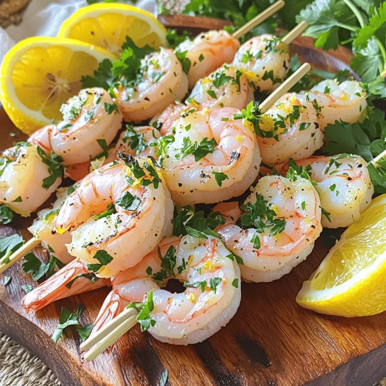 - 1 pound large shrimp, peeled and deveined - 3 tablespoons extra virgin olive oil - Juice of 2 fresh lemons - Zest of 1 lemon - 3 cloves garlic, finely minced - 1 tablespoon fresh parsley, finely chopped - 1 tablespoon fresh cilantro, finely chopped - 1 teaspoon dried oregano - 1/2 teaspoon red pepper flakes (optional for extra heat) - Salt and freshly ground black pepper to taste To make Grilled Lemon Herb Shrimp, you need fresh and simple ingredients. The shrimp should be large and fresh for the best taste. The olive oil adds richness, while lemon juice brightens the flavor. The zest gives an extra lemony kick. Fresh garlic infuses the dish with depth. Herbs like parsley and cilantro add freshness. Oregano brings an earthy note. Red pepper flakes can spice things up, but they’re optional. Lastly, salt and pepper balance all the flavors. Using these ingredients, you can create a delicious meal that impresses everyone. For the full recipe, check out the detailed instructions. Enjoy cooking! To start, you need to make the marinade. In a medium bowl, combine: - 3 tablespoons extra virgin olive oil - Juice of 2 fresh lemons - Zest of 1 lemon - 3 cloves garlic, finely minced - 1 tablespoon fresh parsley, finely chopped - 1 tablespoon fresh cilantro, finely chopped - 1 teaspoon dried oregano - 1/2 teaspoon red pepper flakes (optional) - Salt and freshly ground black pepper to taste Whisk these ingredients well. This mix gives the shrimp a bright, zesty flavor. Next, add the peeled and deveined shrimp to the bowl. Make sure each shrimp gets a nice coat of the marinade. Cover the bowl with plastic wrap and place it in the fridge for 20-30 minutes. This time allows the shrimp to soak up all the great flavors. While the shrimp marinates, it’s time to prepare the grill. Preheat your grill or grill pan over medium-high heat. To stop the shrimp from sticking, lightly oil the grill grates. You can use a paper towel with oil or a non-stick spray. If you are using wooden skewers, soak them in water for at least 30 minutes. This step helps prevent them from burning on the grill. Once the shrimp is marinated, take it out of the fridge. Discard any leftover marinade to keep things safe. Now, thread the shrimp onto the skewers. Place them close together but not too tight; this ensures they cook evenly. Place the skewers on your preheated grill. Cook the shrimp for about 2-3 minutes on each side. They should turn opaque with beautiful grill marks when done. Keep an eye on them, as cooking times can vary based on size. After grilling, take the skewers off the grill and let them rest for a minute. This rest time helps the shrimp keep their juicy flavor. For the full recipe, check out the details provided earlier. Enjoy your tasty grilled lemon herb shrimp! To make the best grilled shrimp, you need to prevent sticking. Here are some great tips: - Oil the grill grates: Use a paper towel soaked in oil. This helps create a non-stick surface. - Choose fresh shrimp: Fresh shrimp will hold their shape and flavor better on the grill. - Don’t overcrowd the grill: Give each shrimp space to cook evenly. This helps them brown nicely. Marination is also key. It adds great flavor and tenderizes the shrimp. Here’s why it matters: - Time: Marinate for at least 20-30 minutes. This allows the shrimp to soak up all the good flavors. - Flavor balance: Use ingredients like lemon juice and herbs. They brighten the dish and enhance the shrimp's taste. Pair your grilled lemon herb shrimp with some delicious sides. Here are some ideas: - Grilled vegetables: Zucchini, bell peppers, or asparagus complement the shrimp well. - Salads: A light mixed greens salad adds freshness and crunch. When it comes to presentation, here’s how to make your dish pop: - Use a vibrant platter: A colorful plate makes the shrimp stand out. - Garnish with lemon wedges: They add color and a zesty touch. - Sprinkle extra herbs: Fresh herbs not only look good but also enhance the flavor. For the complete recipe, check the Full Recipe. Enjoy your cooking! {{image_4}} You can switch up the herbs for your grilled lemon herb shrimp. Try fresh dill or basil for a unique twist. Each herb brings a new flavor to your dish. You can also mix and match the herbs. For example, use half parsley and half cilantro. This gives a nice balance of tastes. If you want to change the marinade, consider using yogurt or honey. Both add moisture and flavor. You could also try adding mustard or soy sauce. These can give your shrimp a different zing. The options are endless, so feel free to get creative! Adjusting the spice level is easy. If you like it mild, skip the red pepper flakes. For those who enjoy heat, add more flakes or some cayenne pepper. You can also add sliced jalapeños to the marinade for a fresh kick. For extra flavor, consider adding smoked paprika or a dash of hot sauce. This can enhance the taste without just increasing heat. You can experiment with different spices to find what you love. Cooking should be fun, so don’t hesitate to try new things! After enjoying your grilled lemon herb shrimp, store any leftovers in the fridge. Place them in an airtight container. They stay fresh for up to three days. Make sure the shrimp cool down before sealing them. If you want to keep them longer, freeze the shrimp. Place them in a freezer-safe bag. Remove as much air as possible before sealing. Frozen shrimp can last for up to three months. When you're ready to eat, thaw them overnight in the fridge. Reheating grilled shrimp is simple. The best way is to use a skillet on low heat. This warms them evenly and keeps them juicy. You can also use an oven. Preheat it to 350°F (175°C). Place the shrimp on a baking sheet and cover with foil. Heat for about 10 minutes. Avoid the microwave, as it can make shrimp rubbery. To keep their flavor, add a splash of olive oil or fresh lemon juice before reheating. Enjoy your flavorful leftovers! What type of shrimp is best for grilling? I recommend using large shrimp. They hold up well on the grill. Look for shrimp that are fresh or frozen, peeled and deveined. Jumbo shrimp can also work well if you want a big bite. How long should shrimp be marinated? Marinate shrimp for 20 to 30 minutes. This short time lets the shrimp soak in flavors without becoming too soft. If you marinate it too long, the acid in the lemon juice can break down the shrimp too much. Can I grill shrimp without skewers? Yes, you can grill shrimp without skewers. Just place the shrimp directly on the grill. Use a grill basket to keep them from falling through the grates. This method works well and makes flipping easier. For the full recipe, check out the Grilled Lemon Herb Shrimp section above. Grilled shrimp is a tasty dish that’s easy to make. We covered the key ingredients and marination tips. You learned how to prepare the grill and cook the shrimp perfectly. I shared ideas for serving and storing leftovers. You can even try different herbs and spice levels. In the end, grilled shrimp is fun to make and enjoy. It offers many ways to be creative. So, fire up that grill and get cooking!