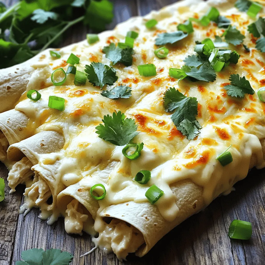 In this creamy chicken and cheese enchiladas Alfredo recipe, we blend rich flavors and textures. The mix of chicken, cheese, and a creamy sauce creates a comforting dish. This recipe serves about four people and takes about 45 minutes from prep to plate. - 2 cups cooked chicken, shredded - 1 cup cream cheese, softened to room temperature - 1 cup shredded mozzarella cheese, divided - 1/2 cup grated Parmesan cheese - 1 cup creamy Alfredo sauce - 8 small flour tortillas - 1/2 cup diced green onions, plus extra for garnish - 1/2 teaspoon garlic powder - 1/2 teaspoon onion powder - Salt and pepper, to taste - Fresh cilantro, chopped, for garnish (optional) These ingredients come together to create a dish that feels both hearty and indulgent. The chicken provides protein, while the cheeses add richness. Using both mozzarella and Parmesan gives depth to the flavor. To enhance your enchiladas, consider garnishing with: - Extra diced green onions - Chopped fresh cilantro - Slices of creamy avocado For sides, a light salad or a refreshing slaw complements the richness of the dish. You can also serve the enchiladas with a side of rice or beans to make it more filling. Enjoy every bite of this creamy delight! To make Chicken and Cheese Enchiladas Alfredo, start by gathering your ingredients. You need cooked chicken, cream cheese, mozzarella, Parmesan, Alfredo sauce, flour tortillas, and green onions. Prepare a 9x13 inch baking dish by greasing it with cooking spray or oil. Preheat your oven to 350°F (175°C). In a large bowl, mix the shredded chicken with softened cream cheese. Then, add half of the mozzarella, Parmesan, garlic powder, onion powder, salt, and pepper. Stir until the mix is creamy and smooth. Next, take a flour tortilla. Spoon about 1/4 cup of the chicken mixture into the center of the tortilla. Roll it tightly and place it seam-side down in the baking dish. Repeat this for each tortilla until they are all filled and arranged in the dish. Once done, pour the creamy Alfredo sauce over the enchiladas. Make sure to cover each one well. Sprinkle the remaining mozzarella cheese on top for that cheesy finish. Bake the enchiladas in the preheated oven for 25 to 30 minutes. Look for melted cheese that bubbles and turns golden brown. After taking them out, let them cool for a few minutes. This helps the filling set and makes serving easier. Before serving, sprinkle diced green onions and fresh cilantro on top. This adds color and flavor to your dish. Enjoy the creamy, cheesy goodness of your Chicken and Cheese Enchiladas Alfredo! For the complete recipe, check out the Full Recipe section. One common mistake is overfilling the tortillas. If you put in too much filling, they can burst while baking. Keep the filling to about 1/4 cup for each tortilla. Another mistake is not greasing the baking dish. This can lead to a sticky mess. Be sure to grease it well to help your enchiladas stay intact. To boost flavor, add spices like cumin or chili powder. These spices add warmth that pairs well with the creamy sauce. For texture, consider using a mix of cheeses. Blend mozzarella with Monterey Jack for a fun twist. This mix will melt beautifully and add depth to the dish. Every oven is different. If your oven runs hot, check the enchiladas a bit early. They should be golden and bubbly after 25 minutes. If your oven runs cool, you may need to bake for up to 35 minutes. Always use an oven thermometer to ensure accurate temperatures. This will help you achieve that perfect cheesy top that we all love in Chicken and Cheese Enchiladas Alfredo. {{image_4}} You can easily make these enchiladas vegetarian. Replace chicken with cooked black beans or lentils. Use a mix of peppers, zucchini, and corn for added flavor and texture. You can also add sautéed mushrooms for a rich taste. Swap out cream cheese with a vegan option or cashew cream for a creamy base. If you like heat, add diced jalapeños or green chilies to your filling. You can also mix in some hot sauce into the Alfredo sauce for an extra kick. Try using pepper jack cheese instead of mozzarella for a spicy twist. A sprinkle of cayenne pepper in the mix will also add warmth. Feel free to experiment with different sauces. Instead of Alfredo, try a green salsa or enchilada sauce. You can also use queso blanco or cheddar cheese for a different flavor profile. Mixing cheese types, like Monterey Jack and mozzarella, will give a unique taste and texture to your dish. You can find the Full Recipe for more ideas. To keep your chicken and cheese enchiladas Alfredo fresh, place them in an airtight container. Make sure to let them cool to room temperature first. This helps prevent condensation, which can make them soggy. Store them in the fridge for up to three days. When you are ready to eat leftovers, preheat your oven to 350°F (175°C). Place the enchiladas in a baking dish, and cover with foil to keep them moist. Heat for about 15 to 20 minutes or until warm. You can also microwave them. Just cover them with a microwave-safe lid and heat for 2-3 minutes. Check if they are hot all the way through. You can freeze chicken and cheese enchiladas Alfredo for longer storage. Wrap each enchilada tightly in plastic wrap or foil. Place them in a freezer-safe bag or container. They can stay in the freezer for up to three months. When you want to enjoy them, thaw them overnight in the fridge. Then, reheat in the oven as mentioned before. For best flavor, don’t freeze them with sauce on top; add it just before baking. Yes, you can use frozen chicken. Just make sure to cook it first. Boil or bake the chicken until it’s fully cooked. Shred the chicken after cooking. This keeps the enchiladas tasty and safe to eat. You can use sour cream or Greek yogurt as a substitute for cream cheese. Both options add creaminess and a slight tang. If you prefer a dairy-free option, try cashew cream. It gives a rich texture that works well in this dish. To make homemade Alfredo sauce, melt 1/2 cup of butter in a pan over low heat. Add 1 cup of heavy cream and simmer for 5 minutes. Stir in 1 cup of grated Parmesan cheese. Mix until smooth. Season with salt and pepper to taste. This sauce is rich and perfect for the enchiladas. Yes, you can make these enchiladas ahead. Assemble them and place them in the fridge for up to 24 hours. Just cover the dish with foil. Bake them when you’re ready to eat. This saves time on busy nights. Enjoy your meal with less stress! This blog post walked you through making Chicken and Cheese Enchiladas Alfredo. We covered key ingredients, step-by-step cooking, and tips to perfect your dish. I shared variations like vegetarian options and how to store leftovers. These enchiladas offer flavor and fun, whether you stick to the recipe or try something new. Don't hesitate to get creative with sauces or garnishes. Now, you are ready to impress with your cooking skills and enjoy a tasty meal!