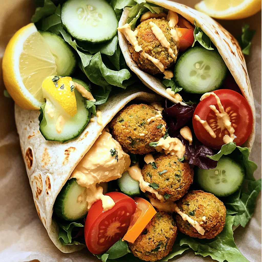 To make baked falafel wraps, you need a few key ingredients. Here is what you will need: - 1 can (15 oz) chickpeas, thoroughly drained and rinsed - 1/4 cup fresh parsley, finely chopped - 1/4 cup fresh cilantro, finely chopped - 1 small onion, roughly chopped - 2 cloves garlic, finely minced - 1 tablespoon ground cumin - 1 teaspoon ground coriander - 1 teaspoon baking powder - 1 tablespoon tahini paste - 2 tablespoons olive oil - Salt and fresh ground pepper to taste - Whole wheat or spinach wraps (your choice) - 1 cup mixed greens (such as lettuce, spinach, arugula, etc.) - 1 large tomato, sliced into rounds - 1/2 cucumber, sliced into thin rounds - Hummus or tzatziki sauce (for generous spreading) These ingredients create a balance of flavor and texture. The chickpeas provide protein, while herbs add freshness. The spices bring warmth, and tahini adds creaminess. You can customize your wraps with different toppings and sauces. Some great options include: - Sliced red onions for a sharp bite - Avocado for creaminess and healthy fats - Feta cheese for a tangy flavor - Hot sauce for a spicy kick Feel free to mix and match these toppings to make your wrap unique. Each addition can transform the taste and make it special. Each serving of these baked falafel wraps is not only tasty but also healthy. Here's a quick look at the nutritional information: - Calories: Approximately 350 - Protein: 15 grams - Carbohydrates: 50 grams - Fiber: 12 grams - Fat: 10 grams This meal provides a good balance of protein, carbs, and healthy fats. It’s filling and satisfying, perfect for lunch or dinner. For the full recipe, check out the details above. To start, gather your ingredients. You will need a can of chickpeas, fresh parsley, fresh cilantro, a small onion, garlic, ground cumin, ground coriander, tahini, olive oil, salt, and pepper. - Use a food processor to mix these together. - Combine the drained chickpeas, parsley, cilantro, onion, garlic, cumin, coriander, baking powder, tahini, olive oil, salt, and pepper. - Pulse until the mix is well-blended but still coarse. This gives the falafel a nice bite. Now it's time to shape your falafel. - Take a handful of the mixture and form it into small balls or patties, about the size of a golf ball. - Place the shaped falafel on a lined baking sheet, leaving space between each piece. - Preheat the oven to 375°F (190°C) and bake for 25-30 minutes. - Flip the falafel halfway through cooking. This helps them turn golden brown and crispy. Once the falafel are baked, it's time to assemble your wraps. - Start by spreading a generous layer of hummus or tzatziki on your wrap. - Place 3-4 falafel pieces on top of the hummus. - Add a handful of mixed greens, then layer in tomato and cucumber slices for crunch. - Roll the wrap tightly from one end to the other. Tuck in the sides as you roll. - You can slice the wrap in half for easy eating. For the full recipe, check the instructions above. Enjoy your tasty and healthy meal! To get the best falafel texture, use dried chickpeas instead of canned. Dried chickpeas hold more moisture and blend better. Soak them overnight in water. When you blend, aim for a coarse mix. You want some chunks for a nice bite. If your mix feels too wet, add breadcrumbs or flour to help bind it. Feel free to get creative with your spices! Adding cayenne pepper gives a nice heat. For a smoky flavor, try smoked paprika. Fresh herbs like mint or dill add a fresh twist. If you love garlic, add an extra clove. Don’t skip the tahini; it adds creaminess and depth. Always taste your mix before shaping; adjust salt or spices as needed. One common mistake is overmixing the falafel. This can lead to a dense texture. Another mistake is not letting the falafel rest before baking. Resting helps them hold their shape. Also, be sure to space the falafel properly on the baking sheet. If they are too close, they won’t crisp up as well. Lastly, remember to flip them halfway through baking for even browning. {{image_4}} If you need a gluten-free choice, you can easily swap the wraps. Use lettuce leaves instead. This way, you enjoy all the flavors without gluten. You can also try gluten-free wraps made from rice or corn. These options keep your meal light and fresh. To make your falafel spicy, add some heat to the mix. Try adding cayenne pepper or red pepper flakes. You can also include jalapeños in your wrap. This gives a nice kick to your meal. If you like, drizzle some hot sauce on top. It adds flavor and spice, making it even more exciting. Want more veggies? Add roasted bell peppers, shredded carrots, or sliced radishes. These will add crunch and color to your wrap. You can also include avocado for creaminess. This makes your meal more filling and healthy. Mixing in seasonal veggies keeps it fun and tasty. The Full Recipe can guide you through all these tasty options! To store leftover baked falafel, let them cool completely. Place them in an airtight container. They will stay fresh for up to three days in the fridge. This way, you can enjoy them later without losing flavor. To reheat falafel, preheat your oven to 375°F (190°C). Place the falafel on a baking sheet. Heat them for about 10-15 minutes until warm and crispy. This method keeps them tasty. Avoid the microwave, as it can make them soggy. You can freeze baked falafel for later use. After cooling, arrange them in a single layer on a baking sheet. Freeze them for about an hour until firm. Then, transfer them to a freezer bag. They can last up to three months. When ready to eat, thaw in the fridge and reheat in the oven for the best taste. You can use whole wheat or spinach wraps. Both are healthy options. Whole wheat wraps add fiber. Spinach wraps give a nice color and flavor. You may also try gluten-free wraps if needed. Just ensure they are sturdy. This helps hold the falafel and toppings well. Yes, you can make baked falafel ahead of time. Prepare the falafel mix and shape them. Store shaped falafel in the fridge for a day. You can also freeze them for longer storage. Just bake them from frozen when ready. This saves time on busy days. You can customize your wraps in many ways. Add your favorite greens like arugula or kale. Try using different sauces like spicy hummus or garlic yogurt. You can also add pickled veggies for a tangy twist. Experiment with toppings like avocado or shredded carrots. This makes each wrap unique and fun! For the complete recipe, check the Full Recipe section. This blog post covered how to make delicious baked falafel wraps. We discussed key ingredients, step-by-step instructions, and helpful tips. You learned about storing, reheating, and various tasty options. Baked falafel wraps are easy to make and full of flavor. You can enjoy many ways to customize them. Now, go ahead and try making your own!