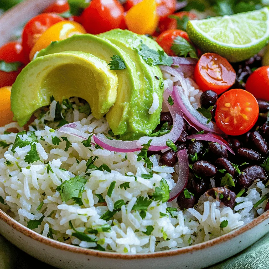 - 1 cup jasmine rice - 2 cups vegetable broth - 1/4 cup fresh cilantro, finely chopped - 1 tablespoon fresh lime juice - Zest of 1 lime - 1 small red onion, diced - 1 bell pepper (any color), diced - 1 cup canned black beans, rinsed and drained - 1 ripe avocado, sliced - Salt and pepper, to taste - Optional toppings: halved cherry tomatoes, thinly sliced radishes, crumbled feta cheese Cilantro lime rice bowls are fresh and easy to make. They use simple, healthy ingredients. I love the flavor of jasmine rice with lime and cilantro. Start with jasmine rice. It’s fragrant and has a soft texture. Use vegetable broth instead of water for more flavor. Fresh cilantro adds a bright taste. Lime juice and zest give a tangy kick. For the veggies, use a small red onion and a bell pepper. The onion adds sweetness, and the pepper brings color. Canned black beans offer protein and fiber. Avocado adds creaminess and healthy fats. Don’t forget salt and pepper for seasoning. You can add optional toppings like cherry tomatoes, radishes, or feta cheese. These give extra flavor and texture. For the full recipe, check the complete guide. It has all the steps to make your bowl perfect. - Rinse rice until water is clear. This helps remove extra starch. - Boil vegetable broth and add rice. Cover and simmer for 15 minutes. - Fluff the rice and add lime juice and cilantro. Mix well for flavor. - Heat olive oil in a skillet over medium heat. - Sauté diced red onion and bell pepper until soft. This takes about 5-7 minutes. - Stir in rinsed black beans and cook for 2-3 minutes. - Start with a scoop of cilantro lime rice at the bottom. - Layer the sautéed veggies and black beans on top of the rice. - Top with sliced avocado and any optional toppings you enjoy. For the complete process, check out the Full Recipe. - Rinsing your rice is key. It removes extra starch. This helps keep your rice fluffy. - To avoid sticky rice, use the right water-to-rice ratio. One part rice needs two parts broth. - Adjust the lime flavor by adding more or less juice. Start with one tablespoon and taste. - For the best sauté, use medium heat. This lets the veggies cook evenly and stay crisp. - If you want alternatives for onion and pepper, try mushrooms or zucchini. They add great flavor too. - To save time, chop veggies ahead of time. You can even use pre-chopped veggies for ease. - Arrange your rice bowl for visual appeal. Layer each ingredient neatly to show off colors. - Use garnishes for freshness. A sprinkle of cilantro or lime wedges brightens the dish. - Serve in deep bowls. This creates a cozy vibe, perfect for sharing. {{image_4}} You can easily add protein to your cilantro lime rice bowl. Grilled chicken or shrimp works great. Just cook them with some spices before adding to the bowl. If you're vegetarian, try using tofu or tempeh. Both options soak up flavor well and are tasty. Feeling adventurous? Swap jasmine rice for quinoa or brown rice. Quinoa is packed with protein and has a nutty taste. Brown rice adds a chewy texture and is great for a hearty meal. For gluten-free options, these grains fit perfectly. Want to spice things up? Toss in some jalapeños for heat. They add a nice kick. If you prefer something sweet, mix in corn or diced mango. Both bring a fresh taste that complements the lime and cilantro well. Enjoy experimenting! Store your cilantro lime rice bowls in airtight containers. Glass or BPA-free plastic works best. Keep them in the fridge for up to four days. This way, the rice and veggies stay fresh and tasty. If you want to save some for later, you can freeze the rice bowls. Use freezer-safe containers or bags to keep them safe. Make sure to remove as much air as possible. When you’re ready to eat, thaw the bowls in the fridge overnight. Reheat them in the microwave or on the stove until warm. Meal prep can make busy days easier. Cook a big batch of cilantro lime rice bowls on the weekend. Then, divide them into containers for the week. You can mix in proteins like grilled chicken, shrimp, or black beans for variety. Pair them with veggies like corn or spinach for a colorful meal. Store these bowls in the fridge for quick and healthy meals any day. To make the rice fluffy, rinse the jasmine rice under cold water until the water runs clear. This step removes excess starch. Then, cook the rice in boiling vegetable broth. Let it sit covered after cooking for five minutes. Finally, fluff it gently with a fork. This method keeps it light and airy. Yes, you can use different herbs. If you prefer, swap cilantro for parsley or basil. Each herb brings its own flavor. Experimenting with fresh herbs can create unique tastes in your rice bowl. Don't be afraid to try new combinations! Cilantro lime rice bowls pair well with many dishes. You can serve grilled chicken, shrimp, or tofu for protein. Add a side of fresh salsa or guacamole for extra flavor. A simple green salad also makes a great side. The rice bowl is versatile and can match various cuisines. To customize the heat level, add jalapeños or diced chili peppers to your sautéed veggies. You can also mix in hot sauce or chili powder for extra spice. If you prefer milder flavors, skip the spicy additions. Adjust the heat to suit your taste. Yes, this dish can easily be made vegan. The ingredients in the cilantro lime rice bowl are naturally plant-based. Use vegetable broth, and skip any dairy toppings like feta cheese. You can enjoy this flavorful meal without any animal products. In this blog post, we explored how to make a delicious cilantro lime rice bowl. You learned about the main ingredients, from jasmine rice to fresh avocado. I shared step-by-step instructions to prepare and assemble it perfectly. Tips on cooking rice and vegetables helped ensure a tasty outcome. Finally, we discussed variations and storage options for meal prep. Overall, this bowl offers great flavors and flexibility for any diet. Enjoy crafting your own version to delight your taste buds!