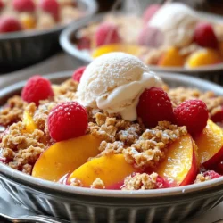 - 4 cups ripe peaches, peeled and sliced - 2 cups fresh raspberries, gently rinsed - 1 cup granulated sugar - 1 tablespoon freshly squeezed lemon juice - 1 teaspoon high-quality vanilla extract - 1 cup all-purpose flour - 1 cup old-fashioned rolled oats - 1/2 cup brown sugar, packed - 1 teaspoon ground cinnamon - 1/2 cup unsalted butter, melted - A pinch of salt When making Peach Raspberry Crisp, fresh ingredients matter. I use ripe peaches for sweetness. They should be soft but not mushy. The raspberries add tangy flavor and a lovely color. You will need granulated sugar to sweeten the fruit. Adjust this based on your taste. The lemon juice brightens the flavors. It also helps balance the sweetness. A little vanilla extract adds depth. For the topping, I use all-purpose flour and old-fashioned oats. They create a nice crunch. The brown sugar gives it a rich flavor. Ground cinnamon adds warmth and spice. Melted unsalted butter binds everything and gives a rich taste. A pinch of salt enhances all the flavors. This mix of ingredients brings the crisp to life. Use fresh and high-quality items for the best results. You can find the full recipe later if you want to try this delicious dessert! - Preheat the oven to 350°F (175°C). - Prepare a greased 9x13 inch baking dish. First, start by preheating your oven. This helps the crisp bake evenly. While it heats, take your baking dish and grease it. I like to use butter or cooking spray. This keeps the crisp from sticking. - Combine peaches and raspberries with sugar, lemon juice, and vanilla. - Toss gently to coat the fruits evenly. Next, grab a large bowl. Add the sliced peaches and fresh raspberries. Sprinkle the sugar over the fruit. Add the lemon juice and vanilla extract. Mix gently with a spoon. You want to coat the fruit well, but be careful not to mash them. The goal is to keep the shape and texture of the fruit. - Whisk together flour, oats, brown sugar, cinnamon, and salt. - Add melted butter and stir until crumbly. Now, in another bowl, whisk the flour, oats, brown sugar, cinnamon, and salt together. This step gives the topping great flavor and texture. Once mixed, drizzle in the melted butter. Use a fork to stir until it looks crumbly. It should resemble coarse sand. - Layer fruit in the baking dish. - Spread topping over the fruit layer. - Bake for 30-35 minutes until golden brown. Time to assemble! Spread the fruit mixture evenly in the greased dish. Then, sprinkle the crumbly topping all over the fruit. Make sure to cover it well. Place the dish in the oven and bake for 30 to 35 minutes. You want the topping to turn golden brown and see bubbling juices around the edges. This step-by-step guide will help you create a delicious Peach Raspberry Crisp that everyone will love. For more on this recipe, check the Full Recipe for detailed instructions and tips. To make your peach raspberry crisp shine, start with ripe fruits. Ripe peaches and fresh raspberries bring the best flavors. They add sweetness and a nice texture. After you bake it, let it cool for about 10 minutes. This helps the juices set. It also makes serving easier and more fun! This dessert tastes best warm. Serve it with a scoop of vanilla ice cream. The cold ice cream melts into the warm crisp, creating a lovely mix. For a pop of color, garnish with fresh raspberries. They add beauty and extra yumminess to every bite. When making your crisp, avoid overmixing the fruit. Gently toss it to keep the fruit intact. Also, do not forget to preheat your oven. If the oven isn’t hot, your crisp may not bake evenly. Following these tips will help you create the perfect dessert. For the full recipe, check out the details mentioned earlier! {{image_4}} You can easily swap out fruits in this recipe. Try using strawberries, blueberries, or blackberries instead of raspberries. Each berry brings its own taste. You can also mix them for a fun twist. If you want a gluten-free version, simply use gluten-free flour. This small change keeps the crisp tasty without gluten. To make the flavors pop, add a pinch of nutmeg. This spice gives a warm taste that pairs well with peaches and raspberries. You can also add nuts or seeds for a crunchy texture. Almonds, walnuts, or sunflower seeds work great. They add a nice crunch and a nutty flavor. For a fancy touch, serve the crisp in individual ramekins. This gives a nice restaurant-style look. Each guest can have their own small dish. Another fun idea is to make a parfait. Layer the peach raspberry crisp with yogurt. This adds creaminess and makes a delightful treat. You can customize the layers to your taste. For the full recipe, check out the Peach Raspberry Crisp Delight recipe included in this article! To keep your peach raspberry crisp fresh, store leftovers in an airtight container. This helps maintain flavor and texture. You can refrigerate it for up to three days. Just remember to let it cool first before sealing the container. If you want to save some for later, freeze the crisp before baking. Wrap the dish well and freeze for up to three months. When you're ready to enjoy it, thaw it in the fridge overnight. This way, you will get the best results when you bake it. To reheat, I recommend using the oven. This method keeps the topping crispy. Just pop it in at 350°F (175°C) for about 10 to 15 minutes. If you need a quick warm-up, use the microwave. Just be careful not to overheat it, as this can make it soggy. Yes, you can use frozen fruit. Just remember to adjust the sugar. Frozen fruit may be sweeter or less sweet than fresh. Taste the fruit before adding sugar. This way, you can find the right balance of sweetness for your crisp. You will know it's done when the topping turns golden brown. Look for bubbling juices around the edges. This bubbling means the fruits are cooking well. It usually takes about 30-35 minutes in the oven. Keep a close watch to avoid overbaking. Yes, you can prepare this recipe ahead of time. Just assemble the crisp and refrigerate it overnight. This helps the flavors blend well. When you are ready, pop it in the oven to bake. It will be fresh and delicious! For the complete instructions, check the Full Recipe. In this blog post, we explored how to make a delicious peach raspberry crisp. We covered the key ingredients, from fresh fruits to a crumbly topping. I shared step-by-step instructions on preparation and baking, plus tips to make it perfect. Remember, ripe fruits and a warm serving make all the difference. Use my storage and reheat tips to enjoy it later. Feel free to adapt the recipe with your favorite fruits or toppings. Now you are ready to create a tasty dessert that everyone will love!