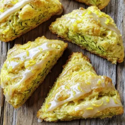 - 1 medium zucchini, grated and excess moisture fully squeezed out - 1 cup all-purpose flour - 1 cup whole wheat flour - 2 tablespoons baking powder - 1/2 teaspoon baking soda - 1/4 teaspoon salt - 1/3 cup granulated sugar - Zest of 1 lemon (about 1 tablespoon) - 1/2 cup cold unsalted butter, cut into small cubes - 1/2 cup buttermilk (or substitute with milk mixed with a splash of lemon juice) - 1 large egg - 1 teaspoon pure vanilla extract - 1/2 cup lemon glaze (mixture of powdered sugar and fresh lemon juice for drizzling) Using fresh zucchini is key for flavor and moisture. It brings a lightness to the scones. Quality lemons are just as important. Their zest adds a bright flavor that lifts the whole dish. The zest really makes a difference in taste. You can change some ingredients to meet your needs. For a gluten-free option, use gluten-free flour instead of regular flour. You can also add spices like cinnamon or nutmeg for a warm flavor twist. Fresh herbs like thyme or rosemary can give your scones an interesting savory note. Feel free to explore these variations. They can change the whole flavor profile of your Lemon Zucchini Scones. Check out the Full Recipe for more tips on making this treat your own! To start, set your oven to 400°F (200°C). Preheating is key to getting those scones nice and fluffy. While the oven warms up, grab a baking sheet. Line it with parchment paper. This makes it easy to remove the scones later. In a large bowl, combine your dry ingredients. Use one cup of all-purpose flour and one cup of whole wheat flour. Add two tablespoons of baking powder, a half teaspoon of baking soda, and a quarter teaspoon of salt. Then, mix in one-third cup of granulated sugar and the zest of one lemon. Stir them well. Accurate measuring matters for the best results. In a separate bowl, whisk together half a cup of buttermilk, one large egg, and one teaspoon of vanilla extract. Make sure this mixture is smooth. Gradually pour this wet mix into your dry ingredients. Stir gently with a spatula. Don’t over-mix! This step keeps your scones light and fluffy. Now, transfer the dough onto a floured surface. Knead it lightly until it comes together. Shape the dough into a disc about one inch thick. Use a sharp knife or pizza cutter to slice it into eight wedges. Place these on your lined baking sheet with space in between. Bake them for 15 to 18 minutes. They are done when the tops are golden brown. A toothpick should come out clean when inserted into the center. Enjoy these fresh and flavorful treats with a drizzle of lemon glaze from the Full Recipe! To make scones that are light and fluffy, the butter must be cold. Cut the butter into small cubes. This helps create a flaky texture. Mix the butter into the flour gently. Too much mixing can make the scones tough. Always handle the dough with care! To check if your scones are done, use a toothpick. Insert it into the center. If it comes out clean, your scones are ready. Want a stronger lemon taste? Add more lemon zest. You can also use a splash of lemon extract for an extra kick. If you find your scones too sweet, cut back on sugar a bit. You can adjust the tartness by adding a little more lemon juice. Taste as you go to find your perfect balance! These scones pair well with many toppings. A dollop of cream is great. You can also try sweet jams or honey. For drinks, serve with tea or coffee. A nice herbal tea can complement the lemon flavor nicely. Enjoy your scones warm, drizzled with the lemon glaze from the Full Recipe. {{image_4}} To make Lemon Zucchini Scones even more exciting, try adding dried fruits or nuts. Chopped walnuts or pecans add a nice crunch. You can also mix in raisins or dried cranberries for a sweet bite. These additions give the scones a fun twist and make them more filling. You can also enjoy Lemon Zucchini Scones with cheese or herbs for a savory option. Adding sharp cheddar cheese creates a delightful blend with the lemon. Fresh herbs like thyme or rosemary work well too. They add a fresh, aromatic flavor that contrasts nicely with the sweetness. Using seasonal fruits or vegetables can change your scone game. In the fall, try using pumpkin or butternut squash. These veggies bring warmth and a hearty texture. In the winter, add cranberries for a touch of tartness that balances the sweetness. Adjusting flavors for different seasons makes cooking fun. In the spring, consider adding fresh herbs to the mix. In summer, berries like blueberries or raspberries fit right in. This keeps your scones exciting and fresh all year round. For the full recipe, check the details above. To keep your scones fresh, follow these simple tips. First, let them cool completely before storing. This helps prevent moisture buildup. Place them in an airtight container at room temperature. They stay fresh for about two days. If you want to store them longer, try the fridge. They can last up to a week in there. You can freeze your scones before or after baking. If freezing before baking, shape the dough into wedges. Place them on a baking sheet and freeze until firm. Then transfer them to a freezer-safe bag. You can bake them straight from the freezer; just add a few extra minutes to the baking time. If you freeze baked scones, let them cool first. Then wrap each scone tightly in plastic wrap. Store them in a freezer-safe bag. To reheat, place them in a preheated oven at 350°F (175°C) for about 10 minutes. This restores their texture and warmth, making them enjoyable again. Yes, you can make Lemon Zucchini Scones ahead of time. Here are some tips: - Prepare the dough: You can mix the dough and shape it into a disc. - Chill the dough: Wrap it in plastic wrap and refrigerate for up to 24 hours. - Bake later: When ready, slice and bake as directed. - Store baked scones: Keep them in an airtight container. They stay fresh for 2-3 days. If you lack buttermilk, don’t worry! Here are some easy substitutes: - Milk with lemon juice: Mix 1/2 cup milk with 1/2 tablespoon lemon juice. Let it sit for 5 minutes. - Yogurt: Use the same amount of plain yogurt, thinned with a bit of water. - Sour cream: Thin sour cream with a tiny bit of milk for a similar effect. You can tell when scones are done by these signs: - Golden tops: The tops should be golden brown. - Toothpick test: Insert a toothpick in the center. It should come out clean. - Slightly firm: The scones should feel firm when lightly touched. Absolutely! You can customize the glaze in many ways: - Add flavors: Try vanilla, almond extract, or even orange zest. - Leave it off: Scones are tasty even without glaze if you prefer. - Powdered sugar: Mix with milk for a simple glaze or drizzle honey over the top. Here’s a general idea of what you can expect: - Calories: About 180-200 calories per scone. - Fat: Around 8-10 grams, mainly from butter. - Fiber: Zucchini adds fiber, making them a bit healthier. These scones offer a mix of flavors while keeping some nutritional benefits. For the full recipe, check the earlier section. Lemon zucchini scones are a delightful treat. We discussed fresh ingredients, step-by-step methods, and helpful tips for success. Making these scones can elevate your baking skills and impress guests. Remember, fresh zucchini and quality lemon are key. Feel free to experiment with flavors and substitutions. Store leftovers correctly for maximum freshness. With practice, you’ll master these tasty scones. Enjoy baking and savor the delicious results!