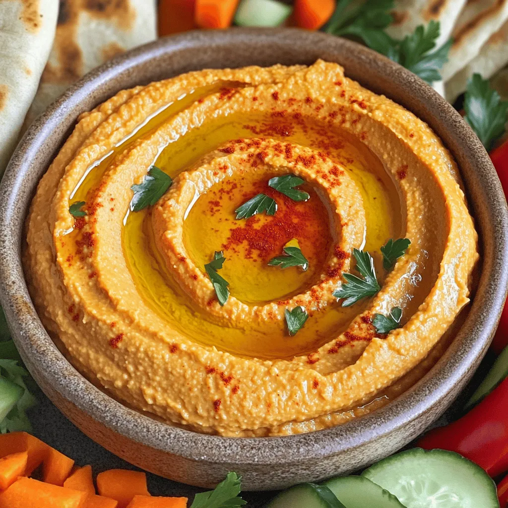 - 1 can (15 oz) chickpeas, thoroughly drained and rinsed - 1 large roasted red pepper (store-bought or homemade) - 3 tablespoons tahini - 2 tablespoons extra virgin olive oil - 2 tablespoons freshly squeezed lemon juice - 1 garlic clove, finely minced - 1 teaspoon ground cumin - Salt, to taste - 2-3 tablespoons cold water (to adjust consistency) - Paprika, for garnish - Fresh parsley, finely chopped, for garnish When making roasted red pepper hummus, using fresh, high-quality ingredients makes a big difference. Go for canned chickpeas that are tender and plump. If you want, you can use dried chickpeas, but they need soaking and cooking first. For the roasted red pepper, choose one that is rich in color. If you like, roast your own peppers for a smoky taste. Tahini comes from sesame seeds and adds creaminess. Extra virgin olive oil adds a nice flavor, so don’t skip it! Lemon juice should be fresh. The garlic must be minced well to bring out its flavor. Ground cumin adds warmth. You can adjust the salt to your liking. If you want it creamier, keep cold water handy. This list gives you all you need for the perfect roasted red pepper hummus. For the complete method, check out the Full Recipe. To make your roasted red pepper hummus, follow these easy steps. This recipe is quick and fun! 1. Gather your tools: You need a food processor. A cutting board and knife will help too. 2. Combine ingredients: In your food processor, add: - 1 can (15 oz) chickpeas, drained and rinsed - 1 large roasted red pepper - 3 tablespoons tahini - 2 tablespoons extra virgin olive oil - 2 tablespoons freshly squeezed lemon juice - 1 minced garlic clove - 1 teaspoon ground cumin - A sprinkle of salt 3. Process the mixture: Turn on the food processor. Blend until smooth and creamy. If it’s too thick, add cold water. Do this a tablespoon at a time until it feels right. 4. Taste and adjust: After blending, taste your hummus. If it needs more flavor, add more salt or lemon juice. Blend again to mix. 5. Transfer to a bowl: Use a spatula to move your hummus to a bowl. Make a small well in the center with the back of a spoon. 6. Garnish: Drizzle a bit of olive oil into the well. Sprinkle paprika and chopped parsley on top for a pretty finish. 7. Serve: Enjoy your hummus with warm pita bread, fresh veggies, or crunchy crackers. Tips for the best hummus: - Use high-quality olive oil for rich flavor. - For an extra smooth texture, peel the chickpeas before blending. - Experiment with the amount of garlic for your taste. With these steps, you’ll create a delightful and simple roasted red pepper hummus that impresses everyone. For the full recipe, check the details above. Making great hummus is fun, but some common mistakes can happen. First, don’t skip rinsing your chickpeas. Canned chickpeas often have a slimy layer that can affect flavor. Rinse them well to keep your hummus fresh. Next, don’t forget to taste as you mix. Hummus needs balance. If it’s too thick, add cold water slowly, one tablespoon at a time. This helps you control the consistency. If it lacks flavor, try adding more lemon juice or salt. For the best creaminess, blend your hummus long enough. Aim for at least a minute. A smooth texture makes a huge difference. If you find your hummus too grainy, blend it longer. You want it to be silky! Lastly, remember to use high-quality ingredients. Fresh lemon juice and good olive oil can elevate your hummus. Choose ripe roasted peppers, whether store-bought or homemade. These details enhance your dish's flavor and appeal. For the full recipe, check out the Roasted Red Pepper Hummus Delight 🥙 section. Enjoy crafting your perfect hummus! {{image_4}} You can change up roasted red pepper hummus in fun ways. If you like heat, try adding chili or jalapeños. These spicy ingredients bring a kick that wakes up your taste buds. Just add a small amount first. You can always add more if you want extra spice. For a creamier base, consider mixing in yogurt or avocado. Both of these options make the hummus smoother. Yogurt adds tanginess. Avocado gives a rich, buttery taste. Use about a quarter cup of either for a great texture. Another fun idea is to combine roasted red peppers with other roasted veggies. Think of zucchini, eggplant, or even garlic. Each veggie adds unique flavors. You can create a mix that suits your tastes perfectly. Try roasting different vegetables, then blend them into your hummus. These twists keep your hummus exciting. You can use these ideas to impress guests or enjoy a new snack. Get creative and make it your own! For the full recipe, check out the [Full Recipe]. To keep your roasted red pepper hummus fresh, follow these simple steps. First, store it in an airtight container. This helps to keep the air out and prevents drying. If you plan to use it within a week, refrigerate it. For longer storage, you can freeze the hummus. Scoop it into a freezer-safe container, leaving some space at the top. Hummus can expand when frozen. It usually lasts about three months in the freezer. To maintain the best taste, always check for signs of spoilage. Look for changes in color or smell. If it looks or smells off, it’s best to toss it. When you’re ready to enjoy your stored hummus, revive it with a splash of water or olive oil. Stir it well to bring back its creamy texture. You can also add a bit of lemon juice for extra flavor. This way, your roasted red pepper hummus will always taste fresh and delicious, making it a great snack or dip anytime you need it. For the full recipe, check the earlier section. How long does homemade hummus last? Homemade hummus stays fresh for about 3 to 5 days in the fridge. Always store it in an airtight container. If you want it to last longer, you can freeze it for up to 3 months. Just thaw it in the fridge before serving. Can I use dried chickpeas instead of canned? Yes, you can use dried chickpeas! Soak them overnight in water. Then, cook them until they are soft. This takes about 1 to 2 hours. Canned chickpeas save time but dried ones can give you a fresher taste. What are the health benefits of roasted red pepper hummus? Roasted red pepper hummus is very healthy! It is high in protein and fiber from chickpeas. The olive oil adds heart-healthy fats. Roasted red peppers are rich in vitamins A and C. This dip is a great snack choice! How can I make hummus without tahini? You can skip the tahini! Use extra olive oil or add a bit of yogurt instead. You can also blend in some nuts, like cashews or almonds, for a creamy texture. Adjust flavors to keep it tasty, even without tahini. For the full recipe, check out the Roasted Red Pepper Hummus Delight 🥙 section. Making roasted red pepper hummus is simple and fun. We covered key ingredients, step-by-step instructions, and valuable tips to perfect your recipe. I shared variations to boost flavor and ways to store your hummus for freshness. With the right techniques, you'll create a delicious dip every time. Experiment with flavors, and don’t be afraid to try new twists. Enjoy your hummus journey, and remember, the best flavor comes from quality ingredients and practice.