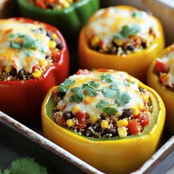 To make flavorful stuffed bell peppers, gather these simple ingredients: - 4 large bell peppers (choose your favorite color) - 1 cup quinoa, thoroughly rinsed - 2 cups vegetable broth - 1 can (15 oz) black beans, drained and rinsed - 1 cup corn (fresh, frozen, or canned) - 1 cup diced tomatoes (fresh or canned) - 1 teaspoon ground cumin - 1 teaspoon smoked paprika - 1/2 teaspoon chili powder - Salt and freshly ground pepper to taste - 1 cup shredded cheese (cheddar, mozzarella, or your choice) - Fresh cilantro or parsley for garnish This list gives you all you need to create a great dish. Each ingredient adds its own flavor. The bell peppers hold everything together and look beautiful on your plate. Quinoa provides a healthy base, while black beans add protein. Using fresh corn and tomatoes makes the dish bright and tasty. Spices like cumin and paprika bring warmth. Cheese adds creaminess and a nice finish. Don't forget the cilantro or parsley for a fresh touch. You can find the full recipe for these delightful stuffed bell peppers in the earlier section. Enjoy cooking! - Preheat the oven to 375°F (190°C). - Slice the tops off and remove seeds and membranes. Start by preheating your oven. This ensures the peppers cook evenly. Next, take your bell peppers and slice the tops off. Be careful not to cut too deep. You want to keep the bottom intact for stuffing. Remove all seeds and membranes. This helps the peppers cook well and taste great. - Combine rinsed quinoa with vegetable broth. - Bring to a boil, then simmer. In a medium saucepan, combine your rinsed quinoa with vegetable broth. Rinse the quinoa first to wash away any bitterness. Set the heat to medium and bring the mixture to a boil. Once it’s boiling, reduce the heat to low. Cover the pot and let it simmer for about 15 minutes. The quinoa will become fluffy and soak up all the broth. - Combine quinoa with black beans, corn, diced tomatoes, and seasonings. - Stir until evenly distributed. Take the cooked quinoa and place it in a large mixing bowl. Now, add the black beans, corn, and diced tomatoes. Sprinkle in the ground cumin, smoked paprika, chili powder, and a pinch of salt and pepper. Mix everything together well. Make sure all the ingredients combine evenly. This is where the flavors come together. - Stuff each bell pepper with the quinoa mixture. - Bake covered, then add cheese and bake until bubbly. Now, it’s time to stuff the peppers. Use a spoon to gently pack the quinoa mixture into each pepper. Place the stuffed peppers upright in a greased baking dish. Cover the dish with aluminum foil and bake for 25 minutes. This helps the flavors meld. After 25 minutes, remove the foil and sprinkle shredded cheese on top. Bake for another 10-15 minutes. The cheese should melt and become bubbly. Serve warm and enjoy this flavorful dish. For the full recipe, check the section above. To make quinoa taste great, rinse it before you cook it. This step removes any bitterness. After cooking, let it sit covered for a few minutes. This helps it become fluffy and light. Always use fresh vegetables for the best flavor. They add crunch and taste. When stuffing the peppers, don’t overfill them. If you stuff them too much, the filling may spill during baking. Cheese can change the whole dish. Try different types of cheese to find what you like best. You can mix cheese into the filling or sprinkle it on top. Each method gives a unique taste and texture. {{image_4}} If you prefer a meatier dish, swap out the quinoa. Use ground beef, turkey, or chicken. This change adds protein and flavor. You will need to adjust the cooking time. Cook the meat fully before mixing it with the other ingredients. This ensures you have a safe and tasty meal. For a plant-based option, consider using lentils instead of quinoa. Lentils are high in protein and fiber. You can also add different vegetables like zucchini or mushrooms. These choices bring extra flavor and texture to your stuffed peppers. Feel free to mix and match to find your favorite combination. If you like heat, add jalapeños or crushed red pepper to your filling. This will give your dish a spicy kick. You can also use pepper jack cheese instead of cheddar for a zesty twist. These small changes can elevate your stuffed peppers and make them more exciting. For the full recipe, check out the main section of this article. Store your stuffed bell peppers in an airtight container in the fridge. This helps keep them fresh. They taste best if eaten within 3-4 days. Make sure they are cooled before placing them in the container. This keeps moisture from making them soggy. To freeze your stuffed peppers, let them cool completely. This step is very important for keeping their taste and texture. Wrap each pepper in foil or plastic wrap. This will help preserve them for longer. You can freeze them for up to three months. When you want to eat them, just thaw in the fridge overnight. You can reheat stuffed peppers in a microwave or oven. If using a microwave, heat them until they are hot all the way through. For the oven, preheat it to 350°F (175°C) and cover the peppers with foil. This keeps them moist while heating. Enjoy the flavors all over again with the perfect texture! You can easily swap quinoa for rice, couscous, or other grains. These options cook well and soak up flavors. If you want to try something different, use cooked farro or barley. Each gives a unique taste to your dish. Yes! An air fryer works great for stuffed peppers. You should adjust the cooking time and temperature. Set the air fryer to 360°F (182°C) and cook for about 15-20 minutes. Check for doneness to ensure they are tender. To check if your peppers are ready, look for tenderness. The cheese on top should be bubbly and golden. Stick a fork into the pepper; it should go in easily. This means your peppers are cooked just right. Absolutely! You can prepare the stuffing and assemble the peppers. Then, store them in the fridge until you’re ready to bake. This method saves time and makes cooking easy on busy days. Stuffed peppers pair well with many sides. A nice side salad adds freshness. You can also serve warm bread or a light soup. These items complement the peppers and make a balanced meal. In this article, we explored how to make tasty stuffed bell peppers. We covered the ingredients, step-by-step instructions, and even tips to make them better. Remember, you can change things up with different fillers or spices. Whether you prefer them spicy or cheesy, the choices are yours. Stuffed peppers are a fun dish to share or enjoy alone. With simple steps and a few ingredients, you can create a tasty meal that satisfies every time. Now, grab those peppers and start cooking!
