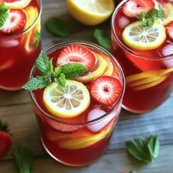 - 1 cup fresh strawberries, hulled and sliced - 2 cups water - 2 tablespoons dried hibiscus flowers - 1/2 cup granulated sugar (adjust to taste) - 1/2 cup fresh lemon juice (approximately 4-5 lemons) - Lemon slices (for garnish) - Fresh mint leaves (for garnish) - Ice cubes What can I use instead of strawberries? You can try raspberries or blueberries. Both give a nice flavor and color. How can I control the sweetness? Use honey or maple syrup as a natural sweetener. Adjust the amount to your taste. What if I don’t have fresh lemon juice? You can use bottled lemon juice in a pinch. Just check for added sugars. 1. Heat the water and hibiscus flowers: Start by pouring 2 cups of water into a medium saucepan. Add 2 tablespoons of dried hibiscus flowers. Place the pan over medium heat and bring it to a gentle boil. 2. Strain and dissolve sugar: Once it boils, reduce the heat and let it simmer for about 10 minutes. This extracts the rich color and floral flavors. Remove the pan from heat and strain the mixture through a fine mesh sieve into a large bowl. Discard the leftover hibiscus flowers. While the tea is warm, add 1/2 cup of granulated sugar. Stir until the sugar dissolves completely. 3. Combine liquids and strawberries: Let the hibiscus tea cool to room temperature. Once cool, pour in 1/2 cup of fresh lemon juice. Stir well to mix both liquids. Then, gently fold in 1 cup of sliced strawberries. Make sure they are evenly spread throughout the mixture. 1. Adding ice and adjusting sweetness: Fill the pitcher with ice cubes to chill the lemonade quickly. Taste the mixture and, if needed, add more sugar for sweetness. 2. Glassware and garnish suggestions: Serve the strawberry hibiscus lemonade in individual glasses filled with ice. For a beautiful presentation, garnish each glass with a slice of lemon and a sprig of fresh mint leaves. This adds a nice touch and makes the drink even more inviting. This refreshing drink is perfect for hot summer days. You can find the full recipe above. Enjoy! To make the best strawberry hibiscus lemonade, start by extracting flavor well. Simmering the hibiscus flowers helps release their rich taste and color. Use fresh strawberries for a bright flavor. Cut them into small pieces to help the juice mix better. Adjusting sweetness is key. Start with the sugar amount in the recipe. Taste it after mixing. If it needs more sweetness, add sugar a little at a time. This will help you find the right balance for your taste. Pair your lemonade with light snacks or meals. It goes well with fresh salads or grilled chicken. Try it with a fruit platter for a fun twist. For a creative presentation, use clear glasses to show off the vibrant colors. Add lemon slices and mint leaves on top for a beautiful look. You can even freeze some sliced strawberries in ice cubes for an extra touch. This makes your drink cooler and adds more flavor. {{image_4}} You can make your strawberry hibiscus lemonade even more fun. Try adding other fruits like raspberries or blueberries. These fruits bring a burst of flavor and color. You can also infuse the drink with herbs. Basil and rosemary add a unique touch. Just muddle the herbs before adding them to your mix. This will release their oils and flavor. If you want a healthier option, use honey or agave instead of sugar. These sweeteners blend well and give a nice taste. You can also make a sugar-free version. Use a sugar substitute like stevia or erythritol. Adjust the amount based on the sweetness you prefer. Enjoy the refreshing taste without the extra sugar! For the full recipe, check the Full Recipe section above. Store your strawberry hibiscus lemonade in a pitcher. Make sure to cover it to keep it fresh. If you have any leftover, pour it into a sealed jug. This protects the flavors and keeps out odors from the fridge. You can also add ice cubes directly to the pitcher for immediate serving. However, avoid adding them if you plan to store it. Ice will dilute the lemonade as it melts, changing the taste. To prolong freshness, keep the lemonade in the coldest part of your fridge. Avoid placing it in the door, where temperatures fluctuate. If you want to keep it for a longer time, consider freezing it in ice cube trays. You can then use these cubes in future drinks! Strawberry hibiscus lemonade stays fresh for about 3 to 5 days in the fridge. After that, the taste and quality may decline. To know if it has gone bad, look for signs of spoilage. If you notice an off smell or unusual color, it's best to discard it. Also, check for any floating bits or changes in texture, which can signal spoilage. Always trust your senses; if something seems off, it's safer to throw it out. For the Full Recipe, refer back to the earlier section. Enjoy your refreshing drink responsibly! Can I make strawberry hibiscus lemonade in advance? Yes, you can prepare this lemonade ahead of time. Make it a day before and keep it in the fridge. Just stir well before serving. Is hibiscus tea caffeine-free? Yes, hibiscus tea is naturally caffeine-free. You can enjoy it anytime without worrying about caffeine. How can I make a batch for a larger gathering? To serve more people, simply double or triple the ingredients. Use a larger pitcher to mix everything. What health benefits does hibiscus tea have? Hibiscus tea is rich in antioxidants. It may help lower blood pressure and support heart health. It also aids digestion and boosts the immune system. Can I use dried hibiscus tea bags instead of flowers? Yes, you can use dried hibiscus tea bags. Just follow the package instructions for steeping. It’s a great time saver. Why didn’t my lemonade turn out as expected? Your lemonade might taste off if you used too much or too little sugar or lemon juice. Always taste as you go. Adjust the sweetness to your liking. Can this recipe be served warm? This recipe is best served cold. However, you can enjoy hibiscus tea warm. Just skip the ice and serve it in a cozy mug. This blog post covered how to make strawberry hibiscus lemonade. We discussed key ingredients and their substitutes. I shared step-by-step instructions, tips, serving suggestions, and storage info. You can create variations and find answers to common questions, too. Making this lemonade is fun and rewarding. It’s a tasty drink for any occasion. I hope you feel inspired to try it today! Enjoy your lemonade adventures and share your results.