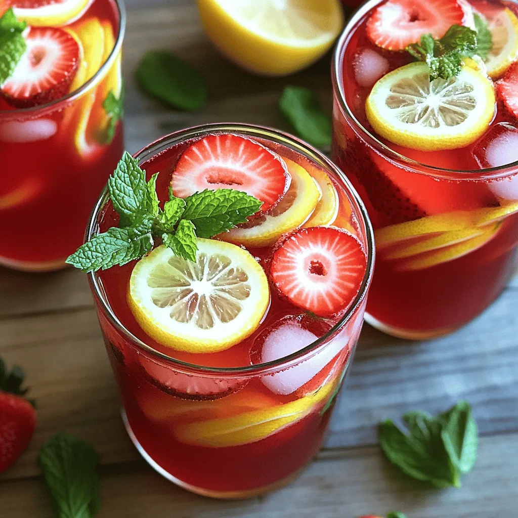 - 1 cup fresh strawberries, hulled and sliced - 2 cups water - 2 tablespoons dried hibiscus flowers - 1/2 cup granulated sugar (adjust to taste) - 1/2 cup fresh lemon juice (approximately 4-5 lemons) - Lemon slices (for garnish) - Fresh mint leaves (for garnish) - Ice cubes What can I use instead of strawberries? You can try raspberries or blueberries. Both give a nice flavor and color. How can I control the sweetness? Use honey or maple syrup as a natural sweetener. Adjust the amount to your taste. What if I don’t have fresh lemon juice? You can use bottled lemon juice in a pinch. Just check for added sugars. 1. Heat the water and hibiscus flowers: Start by pouring 2 cups of water into a medium saucepan. Add 2 tablespoons of dried hibiscus flowers. Place the pan over medium heat and bring it to a gentle boil. 2. Strain and dissolve sugar: Once it boils, reduce the heat and let it simmer for about 10 minutes. This extracts the rich color and floral flavors. Remove the pan from heat and strain the mixture through a fine mesh sieve into a large bowl. Discard the leftover hibiscus flowers. While the tea is warm, add 1/2 cup of granulated sugar. Stir until the sugar dissolves completely. 3. Combine liquids and strawberries: Let the hibiscus tea cool to room temperature. Once cool, pour in 1/2 cup of fresh lemon juice. Stir well to mix both liquids. Then, gently fold in 1 cup of sliced strawberries. Make sure they are evenly spread throughout the mixture. 1. Adding ice and adjusting sweetness: Fill the pitcher with ice cubes to chill the lemonade quickly. Taste the mixture and, if needed, add more sugar for sweetness. 2. Glassware and garnish suggestions: Serve the strawberry hibiscus lemonade in individual glasses filled with ice. For a beautiful presentation, garnish each glass with a slice of lemon and a sprig of fresh mint leaves. This adds a nice touch and makes the drink even more inviting. This refreshing drink is perfect for hot summer days. You can find the full recipe above. Enjoy! To make the best strawberry hibiscus lemonade, start by extracting flavor well. Simmering the hibiscus flowers helps release their rich taste and color. Use fresh strawberries for a bright flavor. Cut them into small pieces to help the juice mix better. Adjusting sweetness is key. Start with the sugar amount in the recipe. Taste it after mixing. If it needs more sweetness, add sugar a little at a time. This will help you find the right balance for your taste. Pair your lemonade with light snacks or meals. It goes well with fresh salads or grilled chicken. Try it with a fruit platter for a fun twist. For a creative presentation, use clear glasses to show off the vibrant colors. Add lemon slices and mint leaves on top for a beautiful look. You can even freeze some sliced strawberries in ice cubes for an extra touch. This makes your drink cooler and adds more flavor. {{image_4}} You can make your strawberry hibiscus lemonade even more fun. Try adding other fruits like raspberries or blueberries. These fruits bring a burst of flavor and color. You can also infuse the drink with herbs. Basil and rosemary add a unique touch. Just muddle the herbs before adding them to your mix. This will release their oils and flavor. If you want a healthier option, use honey or agave instead of sugar. These sweeteners blend well and give a nice taste. You can also make a sugar-free version. Use a sugar substitute like stevia or erythritol. Adjust the amount based on the sweetness you prefer. Enjoy the refreshing taste without the extra sugar! For the full recipe, check the Full Recipe section above. Store your strawberry hibiscus lemonade in a pitcher. Make sure to cover it to keep it fresh. If you have any leftover, pour it into a sealed jug. This protects the flavors and keeps out odors from the fridge. You can also add ice cubes directly to the pitcher for immediate serving. However, avoid adding them if you plan to store it. Ice will dilute the lemonade as it melts, changing the taste. To prolong freshness, keep the lemonade in the coldest part of your fridge. Avoid placing it in the door, where temperatures fluctuate. If you want to keep it for a longer time, consider freezing it in ice cube trays. You can then use these cubes in future drinks! Strawberry hibiscus lemonade stays fresh for about 3 to 5 days in the fridge. After that, the taste and quality may decline. To know if it has gone bad, look for signs of spoilage. If you notice an off smell or unusual color, it's best to discard it. Also, check for any floating bits or changes in texture, which can signal spoilage. Always trust your senses; if something seems off, it's safer to throw it out. For the Full Recipe, refer back to the earlier section. Enjoy your refreshing drink responsibly! Can I make strawberry hibiscus lemonade in advance? Yes, you can prepare this lemonade ahead of time. Make it a day before and keep it in the fridge. Just stir well before serving. Is hibiscus tea caffeine-free? Yes, hibiscus tea is naturally caffeine-free. You can enjoy it anytime without worrying about caffeine. How can I make a batch for a larger gathering? To serve more people, simply double or triple the ingredients. Use a larger pitcher to mix everything. What health benefits does hibiscus tea have? Hibiscus tea is rich in antioxidants. It may help lower blood pressure and support heart health. It also aids digestion and boosts the immune system. Can I use dried hibiscus tea bags instead of flowers? Yes, you can use dried hibiscus tea bags. Just follow the package instructions for steeping. It’s a great time saver. Why didn’t my lemonade turn out as expected? Your lemonade might taste off if you used too much or too little sugar or lemon juice. Always taste as you go. Adjust the sweetness to your liking. Can this recipe be served warm? This recipe is best served cold. However, you can enjoy hibiscus tea warm. Just skip the ice and serve it in a cozy mug. This blog post covered how to make strawberry hibiscus lemonade. We discussed key ingredients and their substitutes. I shared step-by-step instructions, tips, serving suggestions, and storage info. You can create variations and find answers to common questions, too. Making this lemonade is fun and rewarding. It’s a tasty drink for any occasion. I hope you feel inspired to try it today! Enjoy your lemonade adventures and share your results.