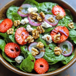 - 4 cups fresh spinach leaves, thoroughly washed and gently dried - 1 cup fresh strawberries, hulled and thinly sliced The base of this strawberry spinach goat cheese salad is fresh spinach and strawberries. Spinach gives a nice crunch and health benefits. Strawberries add sweetness and color. Always choose bright, firm strawberries. They should smell sweet. Wash the spinach carefully to remove dirt. Dry it gently to keep it crisp. - 1/2 cup creamy goat cheese, crumbled - 1/4 cup walnuts, lightly toasted and coarsely chopped Creamy goat cheese brings a rich flavor. It pairs well with the sweet strawberries. Crumble it over the salad for a delightful touch. Walnuts add a nice crunch. Toast them lightly to enhance their flavor. You can use other nuts if you prefer. Almonds or pecans also work well. - 2 tablespoons aged balsamic vinegar - 2 tablespoons high-quality extra virgin olive oil - 1 tablespoon raw honey - Fresh salt and cracked black pepper, to taste The dressing makes this salad shine. Aged balsamic vinegar adds depth and tang. Olive oil keeps it smooth and rich. Raw honey balances the acidity with some sweetness. Season with fresh salt and cracked black pepper to taste. Mix these well to get a nice blend. Just a drizzle over the salad makes a world of difference. You can find the full recipe for the perfect balance. First, wash the fresh spinach leaves. I like to rinse them well under cold water. This helps remove any dirt. After washing, dry the spinach gently using a clean towel or salad spinner. Next, take the strawberries. Use a small knife to hull them, removing the green tops. Slice the strawberries thinly for easy mixing. In a large mixing bowl, add the spinach. Then, fold in the sliced strawberries. Make sure the strawberries are mixed well with the spinach. This allows their juices to blend. Next, sprinkle the crumbled goat cheese on top. Add the toasted walnuts for extra crunch. Lastly, include the thin slices of red onion for a nice flavor contrast. Now, let’s make the dressing. In a small jar, mix the balsamic vinegar, olive oil, honey, salt, and pepper. Close the jar and shake it well. This makes a smooth dressing. Drizzle it over the salad. Be gentle when tossing so the goat cheese stays intact. Now, it’s time to serve! Toss the salad gently to combine all the ingredients. You want the flavors to mix, but not mush everything together. For a nice presentation, serve the salad in individual bowls or on a large platter. Add extra slices of strawberries and a sprinkle of goat cheese on top. For an elegant touch, drizzle a bit of balsamic reduction around the plate. Enjoy this fresh and tasty dish! To elevate the taste of your salad, consider adding a pinch of salt to the dressing. A sprinkle of fresh herbs like basil or mint can also brighten each bite. You can balance the sweetness of strawberries with a splash of lemon juice. This small adjustment adds a nice zing to the mix. Fresh ingredients are key. Use crisp spinach and ripe strawberries for the best results. Make sure to wash and dry spinach well. This keeps it from getting soggy. Also, serve the salad right after mixing to keep its crunch. You can prepare the dressing in advance. Store it in the fridge for up to three days. Just shake it well before using. If you need a simple dressing, mix olive oil, vinegar, and honey in a jar. This saves time and adds great flavor. For the full recipe, check out the Spinach & Strawberry Goat Cheese Delight. {{image_4}} You can easily boost the nutrition of your salad by adding proteins. Grilled chicken makes a great choice. It adds flavor and texture. Shrimp is another tasty option. Just grill or sauté it lightly. For a vegan twist, try chickpeas. They provide protein and a creamy texture. Simply rinse canned chickpeas and toss them in. While goat cheese shines in this salad, you can swap it out. Feta cheese offers a salty kick. Blue cheese can add a bold flavor, too. If you prefer a non-dairy option, look for plant-based cheeses. Many brands offer creamy choices that mimic goat cheese well. This salad is flexible. You can use other fruits based on the season. Apples add a nice crunch, while pears bring sweetness. Feel free to adjust greens, too. In the winter, kale or arugula works well. They provide a different flavor and texture. Enjoy experimenting with what you have on hand. For the full recipe, check out the Spinach & Strawberry Goat Cheese Delight. To keep your Strawberry Spinach Goat Cheese Salad fresh in the fridge, follow these tips: - Use an airtight container: This helps prevent the salad from wilting. - Store dressing separately: Add it just before serving to keep greens crisp. - Keep it cool: Place the salad in the coldest part of the fridge. These steps ensure your salad stays tasty for up to three days. Salads are tricky for long-term storage. Here’s what to know: - Freezing ingredients: I do not recommend freezing this salad. Spinach and strawberries lose texture. - Making dressing in bulk: You can prepare extra dressing. Store it in a jar in the fridge for up to a week. Shake well before using. If you have leftovers, here are some tips: - Serve cold: This salad tastes best chilled. - Revitalizing wilted greens: If your spinach wilts, rinse it in cold water. Dry it gently. This helps restore some crispness. For the freshest experience, enjoy your salad within a few days. Check out the Full Recipe for more details! To make this salad, start with fresh ingredients. Here are the key steps: - Gather 4 cups of fresh spinach leaves. - Take 1 cup of fresh strawberries and slice them thin. - Crumble 1/2 cup of creamy goat cheese. - Lightly toast and chop 1/4 cup of walnuts. - Slice 1/4 cup of red onion very thin. - For the dressing, mix 2 tablespoons of aged balsamic vinegar, 2 tablespoons of extra virgin olive oil, and 1 tablespoon of raw honey. Add fresh salt and pepper to taste. Combine the spinach and strawberries in a bowl. Gently mix in the goat cheese, walnuts, and onion. Whisk the dressing ingredients in a jar and drizzle it over the salad. Toss gently to combine without breaking the cheese. This salad is fresh, tasty, and ready in just ten minutes. For the full recipe, check out the details above. You can prepare parts of this salad ahead of time. Here’s how: - Wash and dry the spinach and store it in a container. - Slice the strawberries and keep them in an airtight container. However, wait to mix everything together until you are ready to serve. This keeps the salad fresh and crisp. You can also make the dressing a day ahead. Store it in the fridge, and shake well before use. If you don't have goat cheese, you can try these substitutes: - Feta cheese offers a similar tangy flavor. - Blue cheese gives a bold taste and creamy texture. - For a dairy-free option, use cashew cheese or tofu feta. Each option adds a different twist to your salad, so feel free to experiment with flavors and textures! This blog post covered how to make a fresh and tasty Strawberry Spinach Goat Cheese Salad. We explored the key ingredients, including vibrant greens and creamy cheese. I shared step-by-step instructions to help you prepare and serve the salad. Tips on flavor, texture, and storage will improve your results. Lastly, I offered variations to customize your salad. Enjoy making this salad; it’s a simple way to add freshness to your meals!