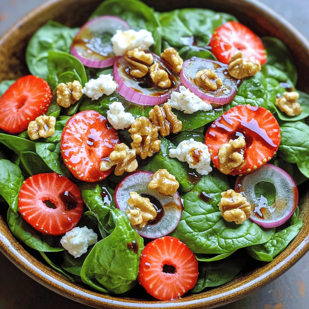 - 4 cups fresh spinach leaves, thoroughly washed and gently dried - 1 cup fresh strawberries, hulled and thinly sliced The base of this strawberry spinach goat cheese salad is fresh spinach and strawberries. Spinach gives a nice crunch and health benefits. Strawberries add sweetness and color. Always choose bright, firm strawberries. They should smell sweet. Wash the spinach carefully to remove dirt. Dry it gently to keep it crisp. - 1/2 cup creamy goat cheese, crumbled - 1/4 cup walnuts, lightly toasted and coarsely chopped Creamy goat cheese brings a rich flavor. It pairs well with the sweet strawberries. Crumble it over the salad for a delightful touch. Walnuts add a nice crunch. Toast them lightly to enhance their flavor. You can use other nuts if you prefer. Almonds or pecans also work well. - 2 tablespoons aged balsamic vinegar - 2 tablespoons high-quality extra virgin olive oil - 1 tablespoon raw honey - Fresh salt and cracked black pepper, to taste The dressing makes this salad shine. Aged balsamic vinegar adds depth and tang. Olive oil keeps it smooth and rich. Raw honey balances the acidity with some sweetness. Season with fresh salt and cracked black pepper to taste. Mix these well to get a nice blend. Just a drizzle over the salad makes a world of difference. You can find the full recipe for the perfect balance. First, wash the fresh spinach leaves. I like to rinse them well under cold water. This helps remove any dirt. After washing, dry the spinach gently using a clean towel or salad spinner. Next, take the strawberries. Use a small knife to hull them, removing the green tops. Slice the strawberries thinly for easy mixing. In a large mixing bowl, add the spinach. Then, fold in the sliced strawberries. Make sure the strawberries are mixed well with the spinach. This allows their juices to blend. Next, sprinkle the crumbled goat cheese on top. Add the toasted walnuts for extra crunch. Lastly, include the thin slices of red onion for a nice flavor contrast. Now, let’s make the dressing. In a small jar, mix the balsamic vinegar, olive oil, honey, salt, and pepper. Close the jar and shake it well. This makes a smooth dressing. Drizzle it over the salad. Be gentle when tossing so the goat cheese stays intact. Now, it’s time to serve! Toss the salad gently to combine all the ingredients. You want the flavors to mix, but not mush everything together. For a nice presentation, serve the salad in individual bowls or on a large platter. Add extra slices of strawberries and a sprinkle of goat cheese on top. For an elegant touch, drizzle a bit of balsamic reduction around the plate. Enjoy this fresh and tasty dish! To elevate the taste of your salad, consider adding a pinch of salt to the dressing. A sprinkle of fresh herbs like basil or mint can also brighten each bite. You can balance the sweetness of strawberries with a splash of lemon juice. This small adjustment adds a nice zing to the mix. Fresh ingredients are key. Use crisp spinach and ripe strawberries for the best results. Make sure to wash and dry spinach well. This keeps it from getting soggy. Also, serve the salad right after mixing to keep its crunch. You can prepare the dressing in advance. Store it in the fridge for up to three days. Just shake it well before using. If you need a simple dressing, mix olive oil, vinegar, and honey in a jar. This saves time and adds great flavor. For the full recipe, check out the Spinach & Strawberry Goat Cheese Delight. {{image_4}} You can easily boost the nutrition of your salad by adding proteins. Grilled chicken makes a great choice. It adds flavor and texture. Shrimp is another tasty option. Just grill or sauté it lightly. For a vegan twist, try chickpeas. They provide protein and a creamy texture. Simply rinse canned chickpeas and toss them in. While goat cheese shines in this salad, you can swap it out. Feta cheese offers a salty kick. Blue cheese can add a bold flavor, too. If you prefer a non-dairy option, look for plant-based cheeses. Many brands offer creamy choices that mimic goat cheese well. This salad is flexible. You can use other fruits based on the season. Apples add a nice crunch, while pears bring sweetness. Feel free to adjust greens, too. In the winter, kale or arugula works well. They provide a different flavor and texture. Enjoy experimenting with what you have on hand. For the full recipe, check out the Spinach & Strawberry Goat Cheese Delight. To keep your Strawberry Spinach Goat Cheese Salad fresh in the fridge, follow these tips: - Use an airtight container: This helps prevent the salad from wilting. - Store dressing separately: Add it just before serving to keep greens crisp. - Keep it cool: Place the salad in the coldest part of the fridge. These steps ensure your salad stays tasty for up to three days. Salads are tricky for long-term storage. Here’s what to know: - Freezing ingredients: I do not recommend freezing this salad. Spinach and strawberries lose texture. - Making dressing in bulk: You can prepare extra dressing. Store it in a jar in the fridge for up to a week. Shake well before using. If you have leftovers, here are some tips: - Serve cold: This salad tastes best chilled. - Revitalizing wilted greens: If your spinach wilts, rinse it in cold water. Dry it gently. This helps restore some crispness. For the freshest experience, enjoy your salad within a few days. Check out the Full Recipe for more details! To make this salad, start with fresh ingredients. Here are the key steps: - Gather 4 cups of fresh spinach leaves. - Take 1 cup of fresh strawberries and slice them thin. - Crumble 1/2 cup of creamy goat cheese. - Lightly toast and chop 1/4 cup of walnuts. - Slice 1/4 cup of red onion very thin. - For the dressing, mix 2 tablespoons of aged balsamic vinegar, 2 tablespoons of extra virgin olive oil, and 1 tablespoon of raw honey. Add fresh salt and pepper to taste. Combine the spinach and strawberries in a bowl. Gently mix in the goat cheese, walnuts, and onion. Whisk the dressing ingredients in a jar and drizzle it over the salad. Toss gently to combine without breaking the cheese. This salad is fresh, tasty, and ready in just ten minutes. For the full recipe, check out the details above. You can prepare parts of this salad ahead of time. Here’s how: - Wash and dry the spinach and store it in a container. - Slice the strawberries and keep them in an airtight container. However, wait to mix everything together until you are ready to serve. This keeps the salad fresh and crisp. You can also make the dressing a day ahead. Store it in the fridge, and shake well before use. If you don't have goat cheese, you can try these substitutes: - Feta cheese offers a similar tangy flavor. - Blue cheese gives a bold taste and creamy texture. - For a dairy-free option, use cashew cheese or tofu feta. Each option adds a different twist to your salad, so feel free to experiment with flavors and textures! This blog post covered how to make a fresh and tasty Strawberry Spinach Goat Cheese Salad. We explored the key ingredients, including vibrant greens and creamy cheese. I shared step-by-step instructions to help you prepare and serve the salad. Tips on flavor, texture, and storage will improve your results. Lastly, I offered variations to customize your salad. Enjoy making this salad; it’s a simple way to add freshness to your meals!